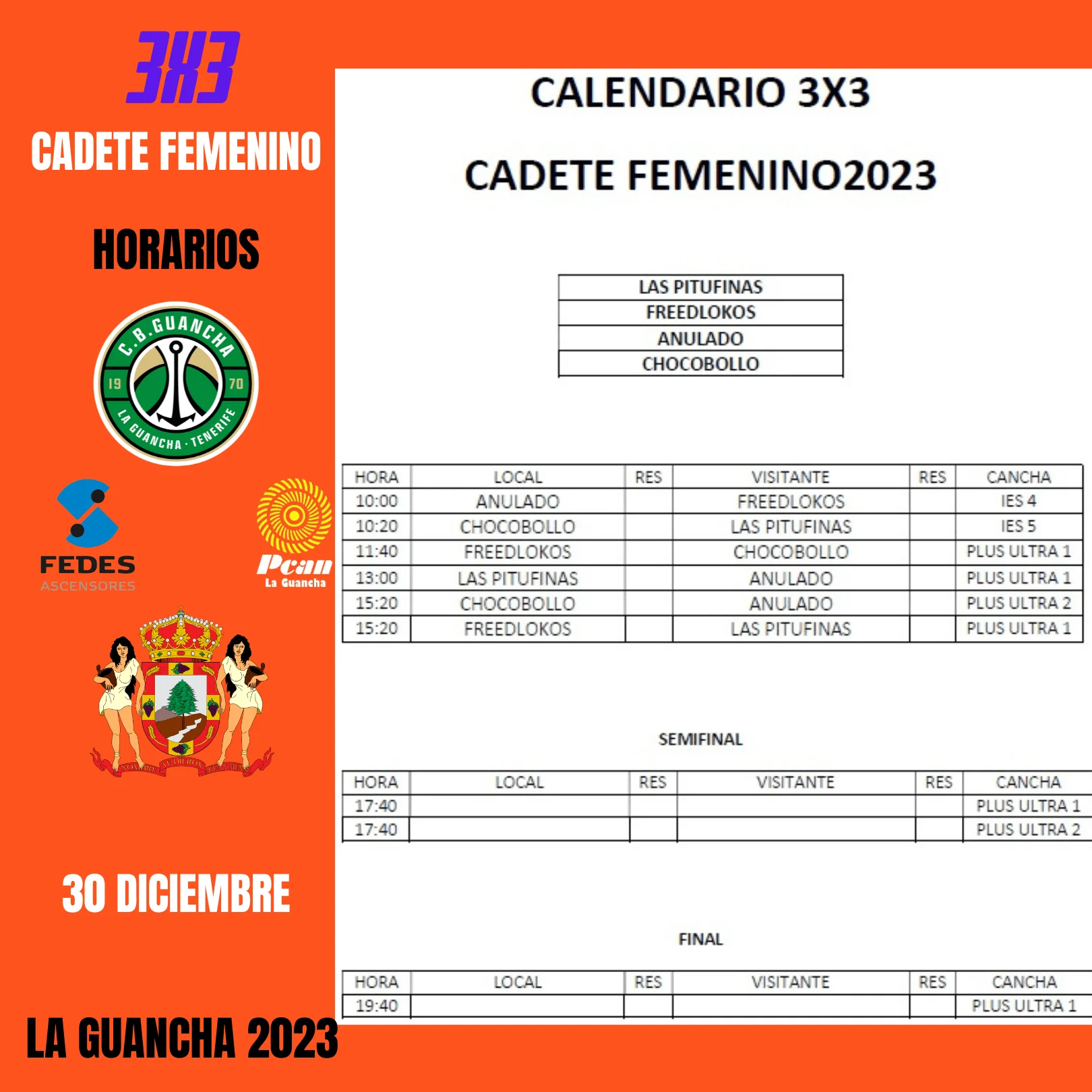 Calendario Cadete Femenino 3x3 2023