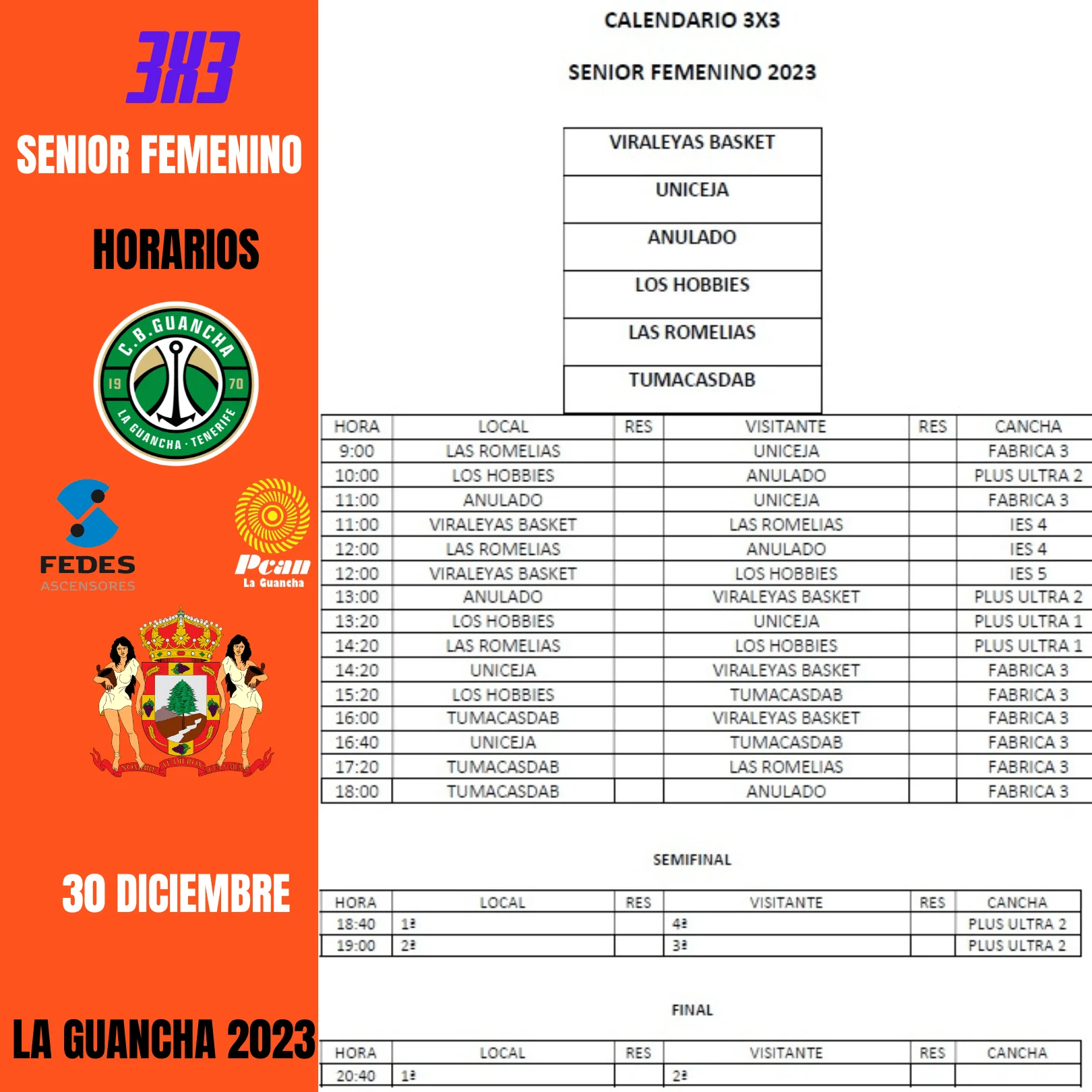 Calendario Senior Femenino 3x3 2023