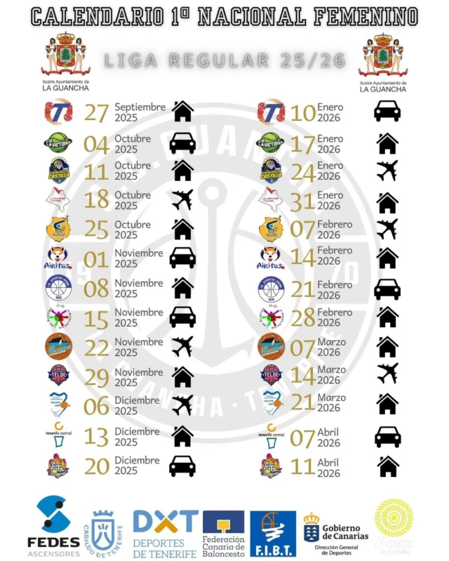 💚🏀 YA TENEMOS CALENDARIO 🏀💚

Nuestro Senior Femenino ya conoce el camino que recorrerá en la temporada 2025/26 de la 1ª Nacional Femenina. Un calendario lleno de retos, viajes y emociones en el que nuestras jugadoras volverán a defender con orgullo los colores del C.B. Guancha.

📅 La liga regular arrancará el 27 de septiembre de 2025 en el Pabellón Plus Ultra, y se extenderá hasta el mes de abril de 2026.

✨ Los mejores equipos de Canarias visitarán el Plus Ultra, convirtiendo cada jornada en una cita imperdible para vivir el mejor baloncesto.

Cada partido será una oportunidad para demostrar el trabajo, la ilusión y el compromiso de este grupo que quiere seguir escribiendo la historia de nuestro club.

🔗 Consulta el calendario completo en la imagen.

💪 ¡Vamos, chicas! Que comience la aventura en la 1ª Nacional.

#SomosFamiliaCBG #Desde1970 #1NacionalFemenina #CBGuancha