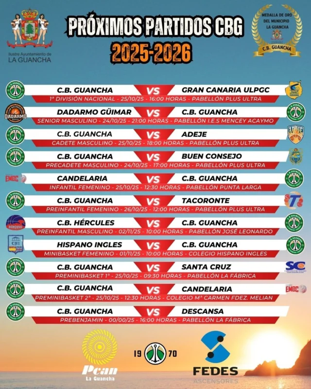 💚🏀 𝐅𝐈𝐍 𝐃𝐄 𝐒𝐄𝐌𝐀𝐍𝐀 𝐂𝐎𝐍 𝐌𝐔𝐂𝐇𝐎 𝐁𝐀𝐋𝐎𝐍𝐂𝐄𝐒𝐓𝐎 𝐘 𝐃𝐄𝐁𝐔𝐓 𝐃𝐄 𝐍𝐔𝐄𝐒𝐓𝐑𝐎𝐒 𝐏𝐑𝐄𝐌𝐈𝐍𝐈𝐒 🏀💚

📅 Del viernes 24 al domingo 26 de octubre de 2025

Se acerca otro fin de semana lleno de emoción para los equipos del 𝐂.𝐁. 𝐆𝐮𝐚𝐧𝐜𝐡𝐚, con nuevos retos y muchos encuentros tanto en casa como fuera 💪
Tres días de ilusión, esfuerzo y el orgullo de representar nuestros colores verde y blanco 🌿🤍💚

🔥 Estos son los partidos del C.B. Guancha por orden de disputa:

📅 Viernes 24 de octubre
🕔 17:00 h — 🏟️ Pabellón Plus Ultra
Precadete Masculino
🏀 C.B. Guancha 🆚 Buen Consejo

🕘 21:00 h — 🏟️ Pabellón I.E.S. Mencey Acaymo (Güímar)
Senior Masculino
🏀 Dadarmo Güímar 🆚 C.B. Guancha

📅 Sábado 25 de octubre
🕤 09:30 h — 🏟️ Pabellón La Fábrica
PreminiBasket 1ª División
🏀 C.B. Guancha 🆚 Santa Cruz

🕛 12:30 h — 🏟️ Colegio Mª Carmen Fdez. Melián (La Laguna)
PreminiBasket 2ª División
🏀 C.B. Guancha 🆚 Candelaria

🕛 12:30 h — 🏟️ Pabellón Punta Larga (Candelaria)
Infantil Femenino
🏀 Candelaria 🆚 C.B. Guancha

🕓 16:00 h — 🏟️ Pabellón Plus Ultra
1ª División Nacional Femenina
🏀 C.B. Guancha 🆚 Gran Canaria U.L.P.G.C.

🕕 18:00 h — 🏟️ Pabellón Plus Ultra
Cadete Masculino
🏀 C.B. Guancha 🆚 Adeje

📅 Domingo 26 de octubre
🕛 12:00 h — 🏟️ Pabellón Plus Ultra
Preinfantil Femenino
🏀 C.B. Guancha 🆚 Tacoronte

💚 ¡Mucha suerte a todos nuestros equipos!
Y especialmente a nuestros Preminis de 1ª y 2ª División, que debutan esta semana en sus respectivas competiciones 🥳
El futuro del club empieza a botar con fuerza y mucha ilusión 🏀🌿

⬆️ 𝐅𝐄𝐃𝐄𝐒 𝐀𝐬𝐜𝐞𝐧𝐬𝐨𝐫𝐞𝐬 – elevando la confianza y la seguridad en cada ascenso.
⛽ 𝐏𝐂𝐀𝐍 𝐋𝐚 𝐆𝐮𝐚𝐧𝐜𝐡𝐚 – energía y servicio para seguir moviendo a nuestro pueblo.
🏢 𝐀𝐲𝐮𝐧𝐭𝐚𝐦𝐢𝐞𝐧𝐭𝐨 𝐝𝐞 𝐋𝐚 𝐆𝐮𝐚𝐧𝐜𝐡𝐚 – impulsando el deporte y el orgullo guanchero desde las instituciones.

#SomosFamiliaCBG #Desde1970 #OrgulloGuanchero #CBGuancha #BaloncestoCanario #PrimeraNacionalFemenina #PreminiBasket #FedesAscensores #PCANLaGuancha #100x100Cantera #FIBT