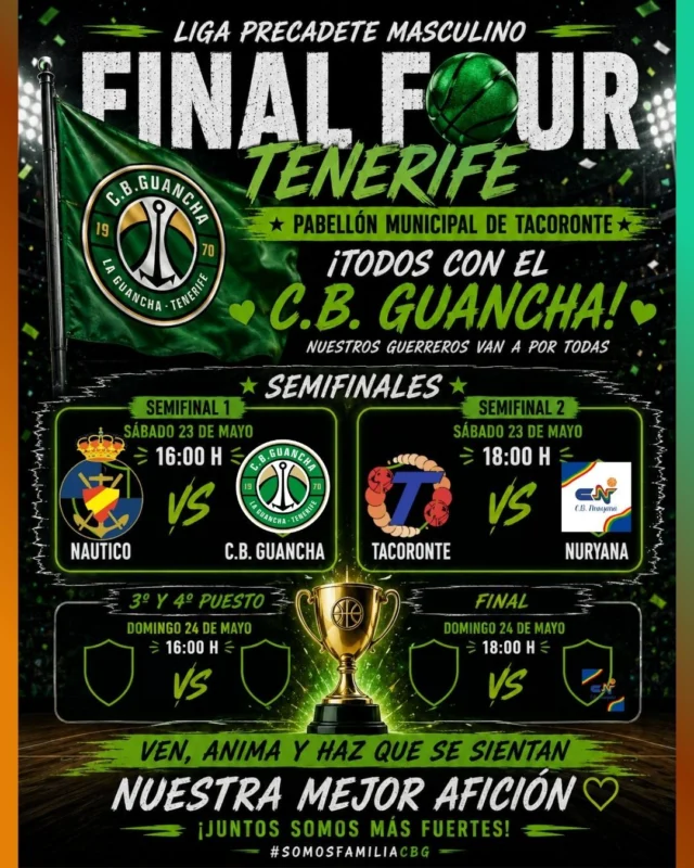 🏆💚 𝗙𝗜𝗡𝗔𝗟 𝗔 𝟰 𝗗𝗘 𝗧𝗘𝗡𝗘𝗥𝗜𝗙𝗘 – 𝗣𝗥𝗘𝗖𝗔𝗗𝗘𝗧𝗘 𝗠𝗔𝗦𝗖𝗨𝗟𝗜𝗡𝗢 💚🏆

Este próximo sábado comienza una cita muy especial para nuestro club y para un grupo de jugadores que se ha ganado con muchísimo trabajo, esfuerzo y compromiso estar entre los cuatro mejores equipos de Tenerife 💪🏀

👏 𝗙𝗘𝗟𝗜𝗖𝗜𝗗𝗔𝗗𝗘𝗦, 𝗖𝗛𝗜𝗖𝗢𝗦 👏

Llegar a una Final a 4 de Tenerife nunca es fácil. Detrás de este premio hay meses de entrenamientos, sacrificio, ilusión y muchas horas defendiendo con orgullo el escudo del C.B. Guancha 💚

Ahora toca disfrutar de la experiencia, competir, seguir creciendo juntos y vivir un fin de semana que seguramente recordarán durante muchísimo tiempo ✨🏀

💚 𝗗𝗜𝗦𝗙𝗥𝗨𝗧𝗘𝗡 𝗖𝗔𝗗𝗔 𝗠𝗜𝗡𝗨𝗧𝗢
💚 𝗦𝗜𝗘𝗡𝗧𝗔𝗡 𝗘𝗟 𝗢𝗥𝗚𝗨𝗟𝗟𝗢 𝗗𝗘 𝗥𝗘𝗣𝗥𝗘𝗦𝗘𝗡𝗧𝗔𝗥 𝗔 𝗟𝗔 𝗚𝗨𝗔𝗡𝗖𝗛𝗔
💚 𝗬 𝗦𝗜𝗚𝗔𝗡 𝗗𝗘𝗠𝗢𝗦𝗧𝗥𝗔𝗡𝗗𝗢 𝗟𝗢 𝗚𝗥𝗔𝗡 𝗘𝗤𝗨𝗜𝗣𝗢 𝗤𝗨𝗘 𝗦𝗢𝗡

👏 Muchísima suerte también para su entrenador 𝗘𝗗𝗔𝗡 𝗠𝗔𝗥𝗧𝗜́𝗡, que ha realizado un enorme trabajo durante toda la temporada, guiando a este grupo hasta una Final a 4 que premia el esfuerzo y crecimiento del equipo 💚🏀

Y por supuesto, felicidades también a todas las familias, fundamentales en cada entrenamiento, en cada viaje y en cada paso dado por estos chicos 👏💚

⚓🏀 𝗔𝗛𝗢𝗥𝗔 𝗡𝗘𝗖𝗘𝗦𝗜𝗧𝗔𝗡 𝗔 𝗦𝗨 𝗔𝗙𝗜𝗖𝗜𝗢́𝗡 🏀💚

Pedimos a toda la familia del C.B. Guancha, amigos, familiares y aficionados al baloncesto que se acerquen este sábado hasta Tacoronte para animar a nuestros chicos en una cita tan importante 🙌💚

Que sientan el apoyo de todo un pueblo desde la grada. Que noten que detrás de ellos hay una familia enorme empujando en cada balón, en cada defensa y en cada minuto de partido 🏀🔥

⚓ 𝗥.𝗖. 𝗡𝗔́𝗨𝗧𝗜𝗖𝗢 🆚 𝗖.𝗕. 𝗚𝗨𝗔𝗡𝗖𝗛𝗔
📅 Sábado 23 de mayo
🕓 16:00 horas
📍 Pabellón Municipal de Tacoronte

💚🏀 𝗧𝗢𝗗𝗢𝗦 𝗖𝗢𝗡 𝗘𝗟 𝗖.𝗕. 𝗚𝗨𝗔𝗡𝗖𝗛𝗔 🏀💚

#SomosFamiliaCBG #Desde1970 #Final4Tenerife #OrgulloCBG 💚🏀