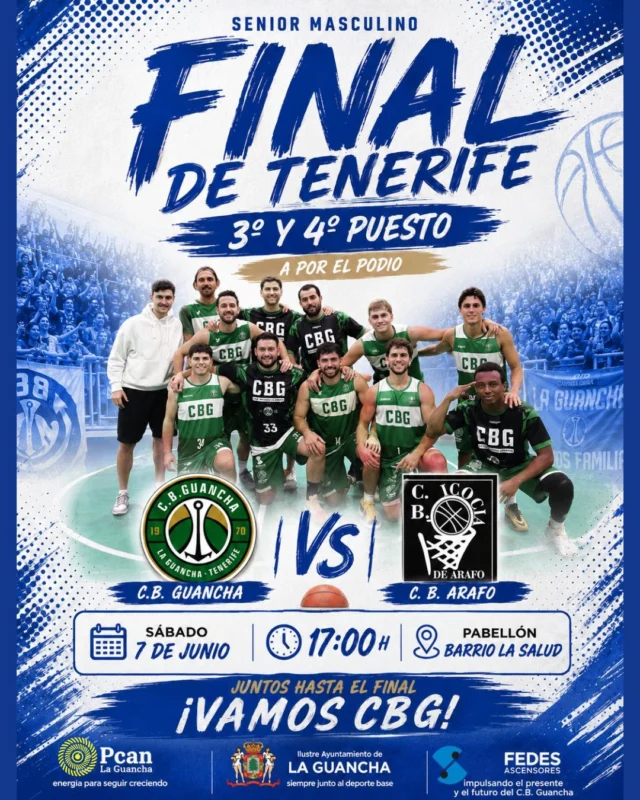 🏀🔥 𝗔 𝗣𝗢𝗥 𝗘𝗟 𝗣𝗢𝗗𝗜𝗢 𝗗𝗘 𝗧𝗘𝗡𝗘𝗥𝗜𝗙𝗘 🔥🏀

💚🤍 𝗢𝗥𝗚𝗨𝗟𝗟𝗢 𝗩𝗘𝗥𝗗𝗜𝗕𝗟𝗔𝗡𝗖𝗢 💚🤍

Nuestros chicos vuelven a la cancha para disputar el partido por el tercer y cuarto puesto de la Final a 4 de Tenerife.

A pesar de las importantes bajas, el equipo estuvo a punto de dar la gran sorpresa ante el líder de la liga regular, luchando hasta los últimos instantes por un puesto en la final. Un esfuerzo enorme que demuestra el carácter, la entrega y el compromiso de este grupo.

🏆 𝗙𝗜𝗡𝗔𝗟 𝗔 𝟰 𝗗𝗘 𝗧𝗘𝗡𝗘𝗥𝗜𝗙𝗘
🥉 𝗣𝗔𝗥𝗧𝗜𝗗𝗢 𝗣𝗢𝗥 𝗘𝗟 𝟯º 𝗬 𝟰º 𝗣𝗨𝗘𝗦𝗧𝗢
🏀 𝗖.𝗕. 𝗚𝗨𝗔𝗡𝗖𝗛𝗔 🆚 𝗖.𝗕. 𝗔𝗥𝗔𝗙𝗢
📅 Domingo 7 de junio
⏰ 17:00 horas
📍 Pabellón Barrio La Salud

📣 𝗔𝗛𝗢𝗥𝗔 𝗠𝗔́𝗦 𝗤𝗨𝗘 𝗡𝗨𝗡𝗖𝗔 𝗡𝗘𝗖𝗘𝗦𝗜𝗧𝗔𝗡 𝗡𝗨𝗘𝗦𝗧𝗥𝗢 𝗔𝗣𝗢𝗬𝗢

Vamos a acompañar a nuestros jugadores en este último esfuerzo de la temporada y a demostrar, una vez más, que detrás de este equipo hay toda una familia.

💚🤍 𝗩𝗔𝗠𝗢𝗦 𝗖.𝗕. 𝗚𝗨𝗔𝗡𝗖𝗛𝗔
💚🤍 𝗩𝗔𝗠𝗢𝗦 𝗘𝗤𝗨𝗜𝗣𝗢
💚🤍 𝗩𝗔𝗠𝗢𝗦 𝗔 𝗣𝗢𝗥 𝗘𝗟 𝗣𝗢𝗗𝗜𝗢

🏀🔥 ¡VAMOS C.B. GUANCHA! 🔥🏀

⛽ 𝗣𝗖𝗔𝗡 𝗟𝗮 𝗚𝘂𝗮𝗻𝗰𝗵𝗮, energía para seguir creciendo.

🏛️ 𝗜𝗹𝘂𝘀𝘁𝗿𝗲 𝗔𝘆𝘂𝗻𝘁𝗮𝗺𝗶𝗲𝗻𝘁𝗼 𝗱𝗲 𝗟𝗮 𝗚𝘂𝗮𝗻𝗰𝗵𝗮, siempre junto al deporte base.

⬆️ 𝗙𝗘𝗗𝗘𝗦 𝗔𝘀𝗰𝗲𝗻𝘀𝗼𝗿𝗲𝘀, impulsando el presente y el futuro del C.B. Guancha.

#SomosFamiliaCBG #Desde1970