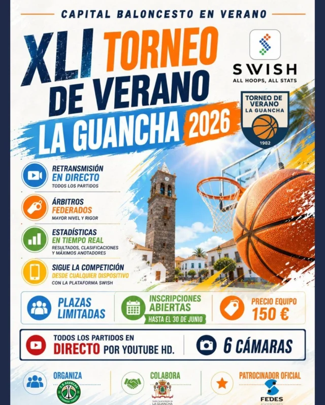 🏀🔥 𝗘𝗟 𝗧𝗢𝗥𝗡𝗘𝗢 𝗗𝗘 𝗟𝗢𝗦 𝗧𝗢𝗥𝗡𝗘𝗢𝗦 𝗬𝗔 𝗘𝗦𝗧𝗔́ 𝗔𝗤𝗨𝗜́ 🔥🏀

Hay torneos que se juegan... y hay torneos que se viven.

Desde 1982, generaciones de jugadores han pasado por sus canchas, han celebrado victorias, han creado amistades para toda la vida y han escrito páginas inolvidables de la historia del baloncesto canario.

Este verano vuelve la emoción.
Vuelve la tradición.
Vuelve el espectáculo.

🏆 𝗫𝗟𝗜 𝗧𝗢𝗥𝗡𝗘𝗢 𝗗𝗘 𝗩𝗘𝗥𝗔𝗡𝗢 𝗟𝗔 𝗚𝗨𝗔𝗡𝗖𝗛𝗔 𝟮𝟬𝟮𝟲

🎥 Todos los partidos en directo.
📊 Estadísticas en tiempo real con SWISH.
🏀 Árbitros federados.
🔥 El mejor ambiente del verano.
💚 Más de cuatro décadas convirtiendo a La Guancha en la capital del baloncesto durante el verano.

🌐 𝗜𝗡𝗙𝗢𝗥𝗠𝗔𝗖𝗜𝗢́𝗡 𝗘 𝗜𝗡𝗦𝗖𝗥𝗜𝗣𝗖𝗜𝗢𝗡𝗘𝗦 𝗘𝗡:
𝗪𝗪𝗪.𝗖𝗕𝗚𝗨𝗔𝗡𝗖𝗛𝗔.𝗘𝗦

⏳ 𝗜𝗡𝗦𝗖𝗥𝗜𝗣𝗖𝗜𝗢𝗡𝗘𝗦 𝗔𝗕𝗜𝗘𝗥𝗧𝗔𝗦 𝗛𝗔𝗦𝗧𝗔 𝗘𝗟 𝟯𝟬 𝗗𝗘 𝗝𝗨𝗡𝗜𝗢

Porque cuando llega julio y agosto, el baloncesto tiene un lugar de encuentro.

🏀 𝗟𝗔 𝗚𝗨𝗔𝗡𝗖𝗛𝗔 🏀

#XLITorneoVerano #CapitalBaloncestoEnVerano #SomosFamiliaCBG #Desde1970
