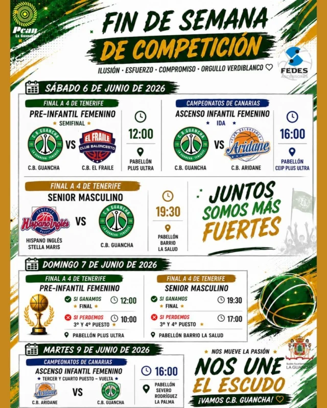 🏀💚🤍 𝗨𝗡 𝗙𝗜𝗡 𝗗𝗘 𝗦𝗘𝗠𝗔𝗡𝗔 𝗣𝗔𝗥𝗔 𝗦𝗢𝗡̃𝗔𝗥 𝗘𝗡 𝗚𝗥𝗔𝗡𝗗𝗘 🤍💚🏀

Llega uno de esos fines de semana que hacen especial todo el trabajo realizado durante la temporada.

Después de muchos meses de entrenamientos, esfuerzo, sacrificio, kilómetros, ilusión y compromiso, varios de nuestros equipos afrontan citas decisivas en las que estarán en juego finales, medallas y la posibilidad de seguir compitiendo entre los mejores equipos de Canarias. 💪🔥

📅 𝗦𝗔́𝗕𝗔𝗗𝗢 𝟲 𝗗𝗘 𝗝𝗨𝗡𝗜𝗢

🏀 𝗙𝗜𝗡𝗔𝗟 𝗔 𝟰 𝗗𝗘 𝗧𝗘𝗡𝗘𝗥𝗜𝗙𝗘
𝗣𝗥𝗘-𝗜𝗡𝗙𝗔𝗡𝗧𝗜𝗟 𝗙𝗘𝗠𝗘𝗡𝗜𝗡𝗢
🆚 C.B. El Fraile
🕛 12:00 horas
📍 Pabellón Plus Ultra

🏆 𝗖𝗔𝗠𝗣𝗘𝗢𝗡𝗔𝗧𝗢𝗦 𝗗𝗘 𝗖𝗔𝗡𝗔𝗥𝗜𝗔𝗦
𝗔𝗦𝗖𝗘𝗡𝗦𝗢 𝗜𝗡𝗙𝗔𝗡𝗧𝗜𝗟 𝗙𝗘𝗠𝗘𝗡𝗜𝗡𝗢 – 𝗜𝗗𝗔
🆚 C.B. Aridane
🕓 16:00 horas
📍 Pabellón CEIP Plus Ultra

🏀 𝗙𝗜𝗡𝗔𝗟 𝗔 𝟰 𝗗𝗘 𝗧𝗘𝗡𝗘𝗥𝗜𝗙𝗘
𝗦𝗘𝗡𝗜𝗢𝗥 𝗠𝗔𝗦𝗖𝗨𝗟𝗜𝗡𝗢
🆚 Hispano Inglés Stella Maris
🕢 19:30 horas
📍 Pabellón Barrio La Salud

📅 𝗗𝗢𝗠𝗜𝗡𝗚𝗢 𝟳 𝗗𝗘 𝗝𝗨𝗡𝗜𝗢

Dependiendo de los resultados del sábado, nuestros equipos lucharán por alcanzar las finales de Tenerife o por subir al podio insular en una jornada que promete emociones fuertes.

📅 𝗠𝗔𝗥𝗧𝗘𝗦 𝟵 𝗗𝗘 𝗝𝗨𝗡𝗜𝗢

🏆 𝗖𝗔𝗠𝗣𝗘𝗢𝗡𝗔𝗧𝗢𝗦 𝗗𝗘 𝗖𝗔𝗡𝗔𝗥𝗜𝗔𝗦
𝗔𝗦𝗖𝗘𝗡𝗦𝗢 𝗜𝗡𝗙𝗔𝗡𝗧𝗜𝗟 𝗙𝗘𝗠𝗘𝗡𝗜𝗡𝗢
𝗧𝗘𝗥𝗖𝗘𝗥 𝗬 𝗖𝗨𝗔𝗥𝗧𝗢 𝗣𝗨𝗘𝗦𝗧𝗢 – 𝗩𝗨𝗘𝗟𝗧𝗔
🆚 C.B. Aridane
🕓 16:00 horas
📍 Pabellón Severo Rodríguez (La Palma)

💚 𝗘𝗦𝗧𝗔𝗥 𝗔𝗤𝗨𝗜́ 𝗡𝗢 𝗘𝗦 𝗖𝗔𝗦𝗨𝗔𝗟𝗜𝗗𝗔𝗗.
💚 𝗘𝗦 𝗘𝗟 𝗥𝗘𝗦𝗨𝗟𝗧𝗔𝗗𝗢 𝗗𝗘 𝗠𝗨𝗖𝗛𝗢𝗦 𝗠𝗘𝗦𝗘𝗦 𝗗𝗘 𝗧𝗥𝗔𝗕𝗔𝗝𝗢.
💚 𝗘𝗦 𝗘𝗟 𝗣𝗥𝗘𝗠𝗜𝗢 𝗔 𝗨𝗡𝗔 𝗖𝗔𝗡𝗧𝗘𝗥𝗔 𝗤𝗨𝗘 𝗡𝗢 𝗗𝗘𝗝𝗔 𝗗𝗘 𝗖𝗥𝗘𝗖𝗘𝗥.

📣 𝗟𝗟𝗘𝗡𝗘𝗠𝗢𝗦 𝗟𝗔𝗦 𝗚𝗥𝗔𝗗𝗔𝗦.
📣 𝗦𝗜𝗚𝗔𝗠𝗢𝗦 𝗦𝗢𝗡̃𝗔𝗡𝗗𝗢 𝗝𝗨𝗡𝗧𝗢𝗦.

🙏 𝗚𝗥𝗔𝗖𝗜𝗔𝗦 𝗔 𝗤𝗨𝗜𝗘𝗡𝗘𝗦 𝗛𝗔𝗖𝗘𝗡 𝗣𝗢𝗦𝗜𝗕𝗟𝗘 𝗡𝗨𝗘𝗦𝗧𝗥𝗢 𝗖𝗥𝗘𝗖𝗜𝗠𝗜𝗘𝗡𝗧𝗢:

⛽ 𝗣𝗖𝗔𝗡 𝗟𝗔 𝗚𝗨𝗔𝗡𝗖𝗛𝗔 – energía para seguir creciendo.

🏢 𝗔𝗬𝗨𝗡𝗧𝗔𝗠𝗜𝗘𝗡𝗧𝗢 𝗗𝗘 𝗟𝗔 𝗚𝗨𝗔𝗡𝗖𝗛𝗔 – siempre junto al deporte base.

⬆️ 𝗙𝗘𝗗𝗘𝗦 𝗔𝗦𝗖𝗘𝗡𝗦𝗢𝗥𝗘𝗦 – impulsando el presente y el futuro del C.B. Guancha.

💚🏀 #𝗦𝗼𝗺𝗼𝘀𝗙𝗮𝗺𝗶𝗹𝗶𝗮𝗖𝗕𝗚
💚🏀 #𝗗𝗲𝘀𝗱𝗲𝟭𝟵𝟳𝟬