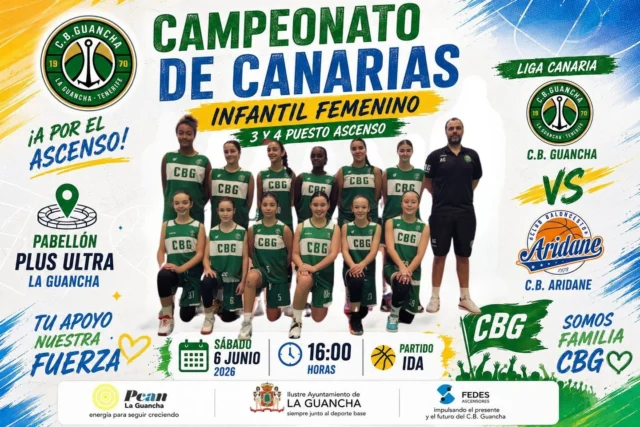 🏀💚🔥 𝗠𝗔𝗡̃𝗔𝗡𝗔 𝗧𝗘𝗡𝗘𝗠𝗢𝗦 𝗨𝗡𝗔 𝗖𝗜𝗧𝗔 𝗖𝗢𝗡 𝗟𝗔 𝗜𝗟𝗨𝗦𝗜𝗢́𝗡 🔥💚🏀

Nuestro equipo 𝗜𝗻𝗳𝗮𝗻𝘁𝗶𝗹 𝗙𝗲𝗺𝗲𝗻𝗶𝗻𝗼 afronta mañana uno de los partidos más importantes de la temporada.

🏆 𝗖𝗮𝗺𝗽𝗲𝗼𝗻𝗮𝘁𝗼𝘀 𝗱𝗲 𝗖𝗮𝗻𝗮𝗿𝗶𝗮𝘀
🏀 𝗧𝗲𝗿𝗰𝗲𝗿 𝘆 𝗖𝘂𝗮𝗿𝘁𝗼 𝗣𝘂𝗲𝘀𝘁𝗼 𝗱𝗲 𝗹𝗮 𝗙𝗮𝘀𝗲 𝗱𝗲 𝗔𝘀𝗰𝗲𝗻𝘀𝗼 𝗮 𝗟𝗶𝗴𝗮 𝗖𝗮𝗻𝗮𝗿𝗶𝗮
🆚 𝗖.𝗕. 𝗚𝘂𝗮𝗻𝗰𝗵𝗮 - 𝗖.𝗕. 𝗔𝗿𝗶𝗱𝗮𝗻𝗲
📅 𝗦𝗮́𝗯𝗮𝗱𝗼 𝟲 𝗱𝗲 𝗷𝘂𝗻𝗶𝗼 𝗱𝗲 𝟮𝟬𝟮𝟲
🕓 𝟭𝟲:𝟬𝟬 𝗵𝗼𝗿𝗮𝘀
📍 𝗣𝗮𝗯𝗲𝗹𝗹𝗼́𝗻 𝗣𝗹𝘂𝘀 𝗨𝗹𝘁𝗿𝗮

Después de una magnífica temporada, nuestras jugadoras siguen luchando por un sueño que se han ganado en la cancha con esfuerzo, sacrificio y mucho trabajo diario.

💚 Ahora necesitan algo más.
💚 Necesitan sentir el apoyo de su gente.
💚 Necesitan escuchar el aliento de la afición verdiblanca desde la grada.

📣 𝗛𝗔𝗖𝗘𝗠𝗢𝗦 𝗨𝗡 𝗟𝗟𝗔𝗠𝗔𝗠𝗜𝗘𝗡𝗧𝗢 𝗔 𝗧𝗢𝗗𝗢 𝗘𝗟 𝗣𝗨𝗘𝗕𝗟𝗢 𝗗𝗘 𝗟𝗔 𝗚𝗨𝗔𝗡𝗖𝗛𝗔

Familias, amigos, patrocinadores, antiguos jugadores, entrenadores y aficionados al baloncesto...

👏 𝗟𝗹𝗲𝗻𝗲𝗺𝗼𝘀 𝗲𝗹 𝗣𝗹𝘂𝘀 𝗨𝗹𝘁𝗿𝗮
👏 𝗔𝗻𝗶𝗺𝗲𝗺𝗼𝘀 𝘀𝗶𝗻 𝗽𝗮𝗿𝗮𝗿 𝗱𝘂𝗿𝗮𝗻𝘁𝗲 𝗹𝗼𝘀 𝟰𝟬 𝗺𝗶𝗻𝘂𝘁𝗼𝘀
👏 𝗛𝗮𝗴𝗮𝗺𝗼𝘀 𝗾𝘂𝗲 𝗻𝘂𝗲𝘀𝘁𝗿𝗮𝘀 𝗰𝗵𝗶𝗰𝗮𝘀 𝘀𝗶𝗲𝗻𝘁𝗮𝗻 𝗲𝗹 𝗼𝗿𝗴𝘂𝗹𝗹𝗼 𝗱𝗲 𝗿𝗲𝗽𝗿𝗲𝘀𝗲𝗻𝘁𝗮𝗿 𝗮 𝘁𝗼𝗱𝗼 𝘂𝗻 𝗽𝘂𝗲𝗯𝗹𝗼

Porque cuando la afición responde, el Plus Ultra se convierte en algo especial.

💚🏀 ¡¡¡𝗠𝗔𝗡̃𝗔𝗡𝗔 𝗧𝗢𝗗𝗢𝗦 𝗔𝗟 𝗣𝗟𝗨𝗦 𝗨𝗟𝗧𝗥𝗔!!! 🏀💚

⛽ 𝗣𝗖𝗔𝗡 𝗟𝗔 𝗚𝗨𝗔𝗡𝗖𝗛𝗔 – energía para seguir creciendo.

🏛️ 𝗔𝗬𝗨𝗡𝗧𝗔𝗠𝗜𝗘𝗡𝗧𝗢 𝗗𝗘 𝗟𝗔 𝗚𝗨𝗔𝗡𝗖𝗛𝗔 – siempre junto al deporte base.

⬆️ 𝗙𝗘𝗗𝗘𝗦 𝗔𝗦𝗖𝗘𝗡𝗦𝗢𝗥𝗘𝗦 – impulsando el presente y el futuro del C.B. Guancha.

💚 #SomosFamiliaCBG
🏀 #Desde1970
🔥 #VamosCBG
💚 #TodosAlPlusUltra
🏆 #LigaCanaria