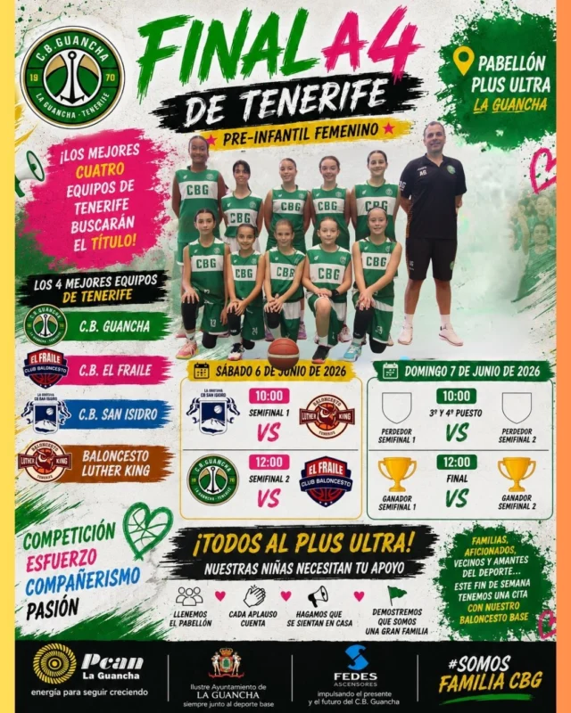 🏀💚🔥 𝗘𝗟 𝗣𝗟𝗨𝗦 𝗨𝗟𝗧𝗥𝗔 𝗦𝗘 𝗩𝗜𝗦𝗧𝗘 𝗗𝗘 𝗚𝗔𝗟𝗔 🔥💚🏀

Este fin de semana nuestro pabellón acogerá una de las grandes citas del baloncesto tinerfeño con la celebración de la 𝗙𝗜𝗡𝗔𝗟 𝗔 𝟰 𝗗𝗘 𝗧𝗘𝗡𝗘𝗥𝗜𝗙𝗘 𝗣𝗥𝗘-𝗜𝗡𝗙𝗔𝗡𝗧𝗜𝗟 𝗙𝗘𝗠𝗘𝗡𝗜𝗡𝗢.

🏆 Los cuatro mejores equipos de la isla lucharán por el título en el Pabellón Plus Ultra:

🔹 C.B. Guancha
🔹 C.B. El Fraile
🔹 C.B. San Isidro
🔹 Baloncesto Luther King

📅 𝗦𝗔́𝗕𝗔𝗗𝗢 𝟲 𝗗𝗘 𝗝𝗨𝗡𝗜𝗢

🏀 10:00 h | C.B. San Isidro 🆚 Baloncesto Luther King
🏀 12:00 h | C.B. Guancha 🆚 C.B. El Fraile

📅 𝗗𝗢𝗠𝗜𝗡𝗚𝗢 𝟳 𝗗𝗘 𝗝𝗨𝗡𝗜𝗢

🥉 10:00 h | 3º y 4º Puesto
🏆 12:00 h | Gran Final

💚 𝗡𝗨𝗘𝗦𝗧𝗥𝗔𝗦 𝗝𝗨𝗚𝗔𝗗𝗢𝗥𝗔𝗦 𝗡𝗘𝗖𝗘𝗦𝗜𝗧𝗔𝗡 𝗦𝗘𝗡𝗧𝗜𝗥 𝗘𝗟 𝗖𝗔𝗟𝗢𝗥 𝗗𝗘 𝗦𝗨 𝗚𝗘𝗡𝗧𝗘.
💚 𝗡𝗘𝗖𝗘𝗦𝗜𝗧𝗔𝗡 𝗘𝗦𝗖𝗨𝗖𝗛𝗔𝗥 𝗖𝗔𝗗𝗔 𝗔𝗣𝗟𝗔𝗨𝗦𝗢.
💚 𝗡𝗘𝗖𝗘𝗦𝗜𝗧𝗔𝗡 𝗩𝗘𝗥 𝗟𝗔𝗦 𝗚𝗥𝗔𝗗𝗔𝗦 𝗟𝗟𝗘𝗡𝗔𝗦.

📣 𝗛𝗔𝗖𝗘𝗠𝗢𝗦 𝗨𝗡 𝗟𝗟𝗔𝗠𝗔𝗠𝗜𝗘𝗡𝗧𝗢 𝗔 𝗧𝗢𝗗𝗢 𝗘𝗟 𝗣𝗨𝗘𝗕𝗟𝗢 𝗗𝗘 𝗟𝗔 𝗚𝗨𝗔𝗡𝗖𝗛𝗔.

Familias, aficionados, exjugadores, patrocinadores, vecinos y amantes del deporte... este fin de semana tenemos una cita con nuestro baloncesto base.

👏 𝗟𝗟𝗘𝗡𝗘𝗠𝗢𝗦 𝗘𝗟 𝗣𝗟𝗨𝗦 𝗨𝗟𝗧𝗥𝗔.
👏 𝗛𝗔𝗚𝗔𝗠𝗢𝗦 𝗤𝗨𝗘 𝗡𝗨𝗘𝗦𝗧𝗥𝗔𝗦 𝗡𝗜𝗡̃𝗔𝗦 𝗝𝗨𝗘𝗚𝗨𝗘𝗡 𝗔𝗥𝗥𝗢𝗣𝗔𝗗𝗔𝗦 𝗣𝗢𝗥 𝗧𝗢𝗗𝗔 𝗟𝗔 𝗔𝗙𝗜𝗖𝗜𝗢́𝗡 𝗩𝗘𝗥𝗗𝗜𝗕𝗟𝗔𝗡𝗖𝗔.
👏 𝗗𝗘𝗠𝗢𝗦𝗧𝗥𝗘𝗠𝗢𝗦 𝗨𝗡𝗔 𝗩𝗘𝗭 𝗠𝗔́𝗦 𝗤𝗨𝗘 𝗦𝗢𝗠𝗢𝗦 𝗨𝗡𝗔 𝗚𝗥𝗔𝗡 𝗙𝗔𝗠𝗜𝗟𝗜𝗔.

💚🏀🔥 ¡¡¡𝗧𝗢𝗗𝗢𝗦 𝗔𝗟 𝗣𝗟𝗨𝗦 𝗨𝗟𝗧𝗥𝗔!!! 🔥🏀💚

⛽ 𝗣𝗖𝗔𝗡 𝗟𝗔 𝗚𝗨𝗔𝗡𝗖𝗛𝗔 – energía para seguir creciendo.

🏛️ 𝗔𝗬𝗨𝗡𝗧𝗔𝗠𝗜𝗘𝗡𝗧𝗢 𝗗𝗘 𝗟𝗔 𝗚𝗨𝗔𝗡𝗖𝗛𝗔 – siempre junto al deporte base.

⬆️ 𝗙𝗘𝗗𝗘𝗦 𝗔𝗦𝗖𝗘𝗡𝗦𝗢𝗥𝗘𝗦 – impulsando el presente y el futuro del C.B. Guancha.

#SomosFamiliaCBG 💚🤍
#Desde1970 🏀
#FinalA4Tenerife 🏆
#PreInfantilFemenino 💚
#VamosCBG 🔥🏀