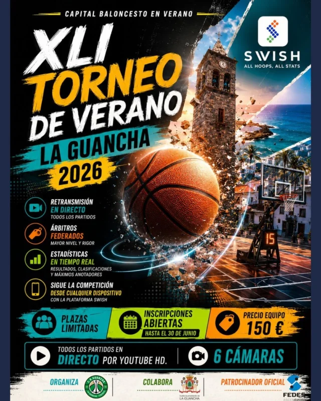 🏀🔥 𝗟𝗔 𝗖𝗨𝗘𝗡𝗧𝗔 𝗔𝗧𝗥𝗔́𝗦 𝗬𝗔 𝗛𝗔 𝗖𝗢𝗠𝗘𝗡𝗭𝗔𝗗𝗢 🔥🏀

El verano está cada vez más cerca y el **torneo de los torneos** ya calienta motores. Desde **1982**, La Guancha se convierte en el punto de encuentro del baloncesto canario, reuniendo a generaciones de jugadores en una competición única. 💚

⏳ 𝗟𝗮𝘀 𝗽𝗹𝗮𝘇𝗮𝘀 𝘀𝗼𝗻 𝗹𝗶𝗺𝗶𝘁𝗮𝗱𝗮𝘀 y cada año la demanda vuelve a ser enorme.

🏆 𝗫𝗟𝗜 𝗧𝗼𝗿𝗻𝗲𝗼 𝗱𝗲 𝗩𝗲𝗿𝗮𝗻𝗼 𝗟𝗮 𝗚𝘂𝗮𝗻𝗰𝗵𝗮 𝟮𝟬𝟮𝟲

🎥 Todos los partidos en directo.
📊 Estadísticas en tiempo real con SWISH.
🏀 Árbitros federados.
🔥 El mejor ambiente del verano.
🤝 Una experiencia que va mucho más allá del baloncesto.

𝗡𝗼 𝘁𝗲 𝗾𝘂𝗲𝗱𝗲𝘀 𝗳𝘂𝗲𝗿𝗮. 𝗥𝗲𝘂́𝗻𝗲 𝗮 𝘁𝘂 𝗲𝗾𝘂𝗶𝗽𝗼 𝘆 𝗳𝗼𝗿𝗺𝗮 𝗽𝗮𝗿𝘁𝗲 𝗱𝗲 𝗹𝗮 𝗵𝗶𝘀𝘁𝗼𝗿𝗶𝗮.

📍 𝗜𝗻𝗳𝗼𝗿𝗺𝗮𝗰𝗶𝗼́𝗻 𝗲 𝗶𝗻𝘀𝗰𝗿𝗶𝗽𝗰𝗶𝗼𝗻𝗲𝘀:
🌐 [www.cbguancha.es](http://www.cbguancha.es)

#XLITorneoVerano #CapitalBaloncestoEnVerano #SomosFamiliaCBG #Desde1970