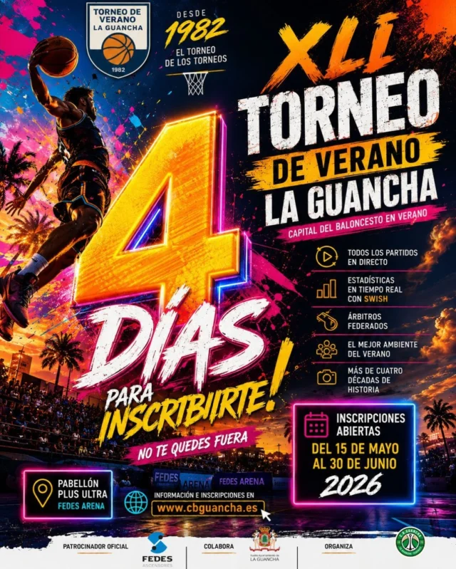 🏀⏳ 𝗦𝗢𝗟𝗢 𝗤𝗨𝗘𝗗𝗔𝗡 𝟰 𝗗𝗜́𝗔𝗦 ⏳🏀

La cuenta atrás ha comenzado. Si todavía no has formalizado tu inscripción, 𝗲𝘀𝘁𝗲 𝗲𝘀 𝗲𝗹 𝗺𝗼𝗺𝗲𝗻𝘁𝗼. En solo 𝟰 𝗱𝗶́𝗮𝘀 se cerrará el plazo para participar en el 𝗫𝗟𝗜 𝗧𝗢𝗥𝗡𝗘𝗢 𝗗𝗘 𝗩𝗘𝗥𝗔𝗡𝗢 𝗟𝗔 𝗚𝗨𝗔𝗡𝗖𝗛𝗔 𝟮𝟬𝟮𝟲, el torneo de referencia del baloncesto estival.

🔥 𝗗𝗲𝘀𝗱𝗲 𝟭𝟵𝟴𝟮 escribiendo historia.
🏀 𝗧𝗼𝗱𝗼𝘀 𝗹𝗼𝘀 𝗽𝗮𝗿𝘁𝗶𝗱𝗼𝘀 𝗲𝗻 𝗱𝗶𝗿𝗲𝗰𝘁𝗼.
📊 𝗘𝘀𝘁𝗮𝗱𝗶́𝘀𝘁𝗶𝗰𝗮𝘀 𝗲𝗻 𝘁𝗶𝗲𝗺𝗽𝗼 𝗿𝗲𝗮𝗹 𝗰𝗼𝗻 𝗦𝗪𝗜𝗦𝗛.
👨‍⚖️ 𝗔́𝗿𝗯𝗶𝘁𝗿𝗼𝘀 𝗳𝗲𝗱𝗲𝗿𝗮𝗱𝗼𝘀.
🎉 𝗘𝗹 𝗺𝗲𝗷𝗼𝗿 𝗮𝗺𝗯𝗶𝗲𝗻𝘁𝗲 𝗱𝗲𝗹 𝘃𝗲𝗿𝗮𝗻𝗼.
❤️ 𝗠𝗮́𝘀 𝗱𝗲 𝗰𝘂𝗮𝘁𝗿𝗼 𝗱𝗲́𝗰𝗮𝗱𝗮𝘀 𝗱𝗲 𝗵𝗶𝘀𝘁𝗼𝗿𝗶𝗮.

📅 𝗜𝗻𝘀𝗰𝗿𝗶𝗽𝗰𝗶𝗼𝗻𝗲𝘀 𝗮𝗯𝗶𝗲𝗿𝘁𝗮𝘀 𝗵𝗮𝘀𝘁𝗮 𝗲𝗹 𝟯𝟬 𝗱𝗲 𝗷𝘂𝗻𝗶𝗼.

🚨 𝗡𝗢 𝗘𝗦𝗣𝗘𝗥𝗘𝗦 𝗔𝗟 𝗨́𝗟𝗧𝗜𝗠𝗢 𝗠𝗢𝗠𝗘𝗡𝗧𝗢. Las plazas se siguen completando y, una vez finalice el plazo de inscripción, 𝗻𝗼 𝘀𝗲𝗿𝗮́ 𝗽𝗼𝘀𝗶𝗯𝗹𝗲 𝗶𝗻𝘀𝗰𝗿𝗶𝗯𝗶𝗿𝘀𝗲.

🏀 Reúne a tu equipo, asegura tu plaza y prepárate para disfrutar del mejor baloncesto del verano en la 𝗙𝗘𝗗𝗘𝗦 𝗔𝗥𝗘𝗡𝗔 - 𝗣𝗔𝗕𝗘𝗟𝗟𝗢́𝗡 𝗣𝗟𝗨𝗦 𝗨𝗟𝗧𝗥𝗔.

🌐 𝗜𝗻𝗳𝗼𝗿𝗺𝗮𝗰𝗶𝗼́𝗻 𝗲 𝗶𝗻𝘀𝗰𝗿𝗶𝗽𝗰𝗶𝗼𝗻𝗲𝘀:
𝗪𝗪𝗪.𝗖𝗕𝗚𝗨𝗔𝗡𝗖𝗛𝗔.𝗘𝗦

𝗧𝗢𝗗𝗔𝗩𝗜́𝗔 𝗘𝗦𝗧𝗔́𝗦 𝗔 𝗧𝗜𝗘𝗠𝗣𝗢... ¡𝗣𝗘𝗥𝗢 𝗦𝗢𝗟𝗢 𝗤𝗨𝗘𝗗𝗔𝗡 𝟰 𝗗𝗜́𝗔𝗦!

#TorneoDeVeranoLaGuancha #XLITorneo #SomosFamiliaCBG #Desde1982 #Baloncesto #LaGuancha #Verano2026