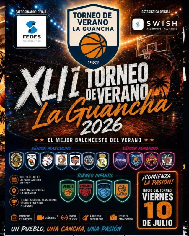 🏀🔥 𝗖𝗢𝗠𝗜𝗘𝗡𝗭𝗔 𝗟𝗔 𝗣𝗔𝗦𝗜Ó𝗡 🔥🏀

Tras meses de preparación... ¡por fin llegó el momento!

𝗘𝗦𝗧𝗘 𝗩𝗜𝗘𝗥𝗡𝗘𝗦 𝟭𝟬 𝗗𝗘 𝗝𝗨𝗟𝗜𝗢 se pone en marcha el 𝗫𝗟𝗜 𝗧𝗢𝗥𝗡𝗘𝗢 𝗗𝗘 𝗩𝗘𝗥𝗔𝗡𝗢 𝗗𝗘 𝗕𝗔𝗟𝗢𝗡𝗖𝗘𝗦𝗧𝗢 𝗟𝗔 𝗚𝗨𝗔𝗡𝗖𝗛𝗔, una de las citas deportivas más esperadas del verano canario y una competición que, desde 𝟭𝟵𝟴𝟮, reúne a jugadores, familias y aficionados alrededor de una misma pasión: el baloncesto.

Durante más de un mes disfrutaremos de un torneo lleno de emoción con las categorías 𝗦𝗘́𝗡𝗜𝗢𝗥 𝗠𝗔𝗦𝗖𝗨𝗟𝗜𝗡𝗢, 𝗦𝗘́𝗡𝗜𝗢𝗥 𝗙𝗘𝗠𝗘𝗡𝗜𝗡𝗢 e 𝗜𝗡𝗙𝗔𝗡𝗧𝗜𝗟, donde los mejores equipos lucharán por escribir su nombre en la historia del torneo.

🏀 𝗣𝗔𝗥𝗧𝗜𝗗𝗢𝗦 𝗧𝗢𝗗𝗢𝗦 𝗟𝗢𝗦 𝗗𝗜́𝗔𝗦.
🎥 𝗥𝗘𝗧𝗥𝗔𝗡𝗦𝗠𝗜𝗦𝗜𝗢́𝗡 𝗘𝗡 𝗗𝗜𝗥𝗘𝗖𝗧𝗢 𝗖𝗢𝗡 𝟱 𝗖𝗔́𝗠𝗔𝗥𝗔𝗦.
📊 𝗘𝗦𝗧𝗔𝗗𝗜́𝗦𝗧𝗜𝗖𝗔𝗦 𝗢𝗙𝗜𝗖𝗜𝗔𝗟𝗘𝗦 𝗦𝗪𝗜𝗦𝗛 𝗘𝗡 𝗧𝗜𝗘𝗠𝗣𝗢 𝗥𝗘𝗔𝗟.
🦓 𝗔́𝗥𝗕𝗜𝗧𝗥𝗢𝗦 𝗙𝗘𝗗𝗘𝗥𝗔𝗗𝗢𝗦.
📸 𝗙𝗢𝗧𝗢𝗚𝗥𝗔𝗙𝗜́𝗔𝗦 𝗗𝗘 𝗧𝗢𝗗𝗢𝗦 𝗟𝗢𝗦 𝗘𝗡𝗖𝗨𝗘𝗡𝗧𝗥𝗢𝗦.
🏆 𝗨𝗡 𝗔𝗠𝗕𝗜𝗘𝗡𝗧𝗘 𝗨́𝗡𝗜𝗖𝗢 𝗘𝗡 𝗟𝗔 𝗖𝗔𝗡𝗖𝗛𝗔 𝗗𝗘𝗟 𝗣𝗟𝗨𝗦 𝗨𝗟𝗧𝗥𝗔.

Gracias al apoyo de 𝗙𝗘𝗗𝗘𝗦 𝗔𝗦𝗖𝗘𝗡𝗦𝗢𝗥𝗘𝗦, patrocinador oficial del torneo, y a todas las personas, empresas, colaboradores y voluntarios que hacen posible una nueva edición.

𝗟𝗔 𝗖𝗨𝗘𝗡𝗧𝗔 𝗔𝗧𝗥𝗔́𝗦 𝗛𝗔 𝗧𝗘𝗥𝗠𝗜𝗡𝗔𝗗𝗢... 𝗘𝗟 𝗕𝗔𝗟𝗢́𝗡 𝗩𝗨𝗘𝗟𝗩𝗘 𝗔 𝗩𝗢𝗟𝗔𝗥 𝗘𝗡 𝗟𝗔 𝗚𝗨𝗔𝗡𝗖𝗛𝗔.

🏀 ¡¡𝗡𝗢𝗦 𝗩𝗘𝗠𝗢𝗦 𝗘𝗦𝗧𝗘 𝗩𝗜𝗘𝗥𝗡𝗘𝗦 𝟭𝟬 𝗗𝗘 𝗝𝗨𝗟𝗜𝗢!! 🏀

#TorneoDeVeranoLaGuancha #Desde1982 #SomosFamiliaCBG #Baloncesto #LaGuancha #Verano2026