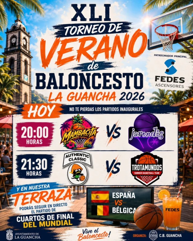 #️⃣ 🏀🔥 ¡¡¡𝗘𝗠𝗣𝗜𝗘𝗭𝗔 𝗘𝗟 𝗘𝗦𝗣𝗘𝗖𝗧Á𝗖𝗨𝗟𝗢!!! 🔥🏀
⏳ ¡La espera ha terminado! Esta noche arranca el 𝗫𝗟𝗜 𝗧𝗼𝗿𝗻𝗲𝗼 𝗱𝗲 𝗩𝗲𝗿𝗮𝗻𝗼 𝗱𝗲 𝗕𝗮𝗹𝗼𝗻𝗰𝗲𝘀𝘁𝗼 𝗟𝗮 𝗚𝘂𝗮𝗻𝗰𝗵𝗮 𝟮𝟬𝟮𝟲, una edición que promete emociones desde el primer minuto y que volverá a convertir la 𝗙𝗘𝗗𝗘𝗦 𝗔𝗥𝗘𝗡𝗔 en el gran punto de encuentro del baloncesto del verano. 🏟️🏀
🏀 𝗣𝗥𝗜𝗠𝗘𝗥𝗔 𝗝𝗢𝗥𝗡𝗔𝗗𝗔
🕗 20:00 h
🌺 𝗠𝗔𝗠𝗕𝗔𝗖𝗜𝗧𝗔 🆚 𝗝𝗔𝗥𝗢𝗡𝗗𝗜𝗦
🏆 X Torneo de Verano Femenino
🕤 21:30 h
⚫ 𝗔𝗨𝗧𝗛𝗘𝗡𝗧𝗜𝗖 𝗖𝗟𝗔𝗦𝗦𝗜𝗖 🆚 𝗧𝗥𝗢𝗧𝗔𝗠𝗨𝗡𝗗𝗢𝗦
🏆 XLI Torneo de Verano Masculino
🍻📺 Y la noche no termina en la cancha...
En nuestra 𝗧𝗘𝗥𝗥𝗔𝗭𝗔 𝗗𝗘 𝗩𝗘𝗥𝗔𝗡𝗢 podrás seguir en directo el apasionante encuentro de 𝗖𝗨𝗔𝗥𝗧𝗢𝗦 𝗗𝗘 𝗙𝗜𝗡𝗔𝗟 𝗗𝗘𝗟 𝗠𝗨𝗡𝗗𝗜𝗔𝗟 entre:
🇪🇸 𝗘𝗦𝗣𝗔𝗡̃𝗔 🆚 🇧🇪 𝗕𝗘́𝗟𝗚𝗜𝗖𝗔
🏀 Una noche perfecta para disfrutar del mejor baloncesto, vivir un gran ambiente, compartir con la familia y los amigos y comenzar un torneo que promete ser inolvidable.
🛗 𝗙𝗘𝗗𝗘𝗦 𝗔𝗦𝗖𝗘𝗡𝗦𝗢𝗥𝗘𝗦, patrocinador principal del torneo, vuelve a acompañarnos en este apasionante camino hacia la cima. Porque cuando el ascensor se pone en marcha… todos quieren llegar al mismo destino. 🏆
✨ ¡Nos vemos esta noche en la 𝗙𝗘𝗗𝗘𝗦 𝗔𝗥𝗘𝗡𝗔!
#SomosFamiliaCBG #Desde1970 #TorneoDeVeranoLaGuancha #LaGuancha2026 FedesAscensores FedesArena Baloncesto Basketball España Mundial Verano2026 🏀🔥