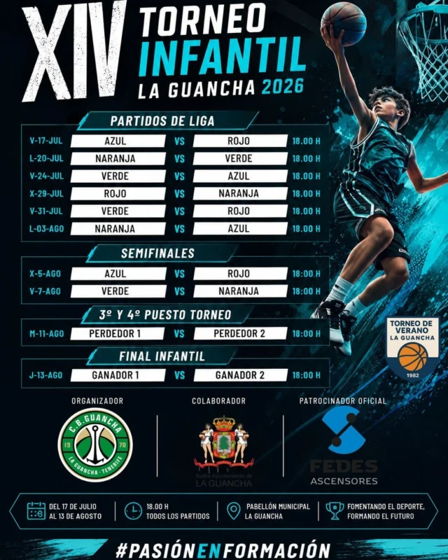 𝗖𝗢𝗠𝗜𝗘𝗡𝗭𝗔 𝗟𝗔 𝗜𝗟𝗨𝗦𝗜𝗢́𝗡... 🏀💚🎉

⏳ ¡Ya queda muy poco para que arranque el 𝗫𝗜𝗩 𝗧𝗼𝗿𝗻𝗲𝗼 𝗜𝗻𝗳𝗮𝗻𝘁𝗶𝗹 𝗟𝗮 𝗚𝘂𝗮𝗻𝗰𝗵𝗮 𝟮𝟬𝟮𝟲!

📅 Este viernes 17 de julio comenzará una nueva edición de un torneo pensado para que nuestros niños y niñas disfruten del baloncesto, hagan nuevos amigos y vivan un verano que recordarán durante mucho tiempo. 💚🤍

👦👧 𝗘𝗦𝗧𝗘 𝗠𝗜𝗘́𝗥𝗖𝗢𝗟𝗘𝗦 𝗦𝗘 𝗣𝗨𝗕𝗟𝗜𝗖𝗔𝗥𝗔́𝗡 𝗟𝗢𝗦 𝗘𝗤𝗨𝗜𝗣𝗢𝗦

📲 A lo largo del día iremos anunciando la composición de los equipos para que cada niño y niña descubra con quién jugará esta edición y pueda conocer desde ese mismo momento el camino que le espera en el torneo. 🤩

🗓️ 𝗬𝗔 𝗣𝗨𝗘𝗗𝗘𝗦 𝗖𝗢𝗡𝗦𝗨𝗟𝗧𝗔𝗥 𝗘𝗟 𝗖𝗔𝗟𝗘𝗡𝗗𝗔𝗥𝗜𝗢 𝗖𝗢𝗠𝗣𝗟𝗘𝗧𝗢

🏀 En el cartel encontrarás todos los partidos, desde la fase de liga hasta las semifinales, el encuentro por el 3.º y 4.º puesto y la gran final, para que no te pierdas ni un solo encuentro. 🔥

🙌 𝗣𝗥𝗘𝗣𝗔́𝗥𝗔𝗧𝗘 𝗣𝗔𝗥𝗔 𝗨𝗡 𝗩𝗘𝗥𝗔𝗡𝗢 𝗜𝗡𝗢𝗟𝗩𝗜𝗗𝗔𝗕𝗟𝗘

💚 Mucha diversión.
🏀 Mucho baloncesto.
🤝 Mucha amistad.
🎉 Y, sobre todo, muchísimas ganas de disfrutar.

¡Nos vemos este viernes en la 𝗙𝗘𝗗𝗘𝗦 𝗔𝗿𝗲𝗻𝗮 - 𝗣𝗹𝘂𝘀 𝗨𝗹𝘁𝗿𝗮! 💥

#SomosFamiliaCBG 💚🤍 #Desde1970 🏀 #TorneoInfantil #TorneoVeranoLaGuancha #Baloncesto #LaGuancha