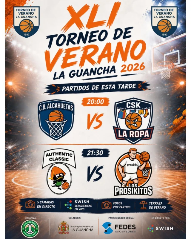 🏀🔥 𝗘𝗦𝗧𝗔 𝗧𝗔𝗥𝗗𝗘 𝗩𝗨𝗘𝗟𝗩𝗘 𝗘𝗟 𝗘𝗦𝗣𝗘𝗖𝗧𝗔́𝗖𝗨𝗟𝗢 𝗔 𝗟𝗔 𝗙𝗘𝗗𝗘𝗦 𝗔𝗥𝗘𝗡𝗔 🔥🏀

El 𝗫𝗟𝗜 𝗧𝗼𝗿𝗻𝗲𝗼 𝗱𝗲 𝗩𝗲𝗿𝗮𝗻𝗼 𝗟𝗮 𝗚𝘂𝗮𝗻𝗰𝗵𝗮 𝟮𝟬𝟮𝟲 continúa con una apasionante jornada que promete emoción, intensidad y mucho baloncesto. 💥⛹️‍♂️⛹️‍♀️

🕗 𝗔 𝗹𝗮𝘀 𝟮𝟬:𝟬𝟬 𝗵𝗼𝗿𝗮𝘀
🏀 𝗖.𝗕. 𝗔𝗹𝗰𝗮𝗵𝘂𝗲𝘁𝗮𝘀 🆚 𝗖𝗦𝗞 𝗟𝗮 𝗥𝗼𝗽𝗮

🕤 𝗔 𝗹𝗮𝘀 𝟮𝟭:𝟯𝟬 𝗵𝗼𝗿𝗮𝘀
🏀 𝗔𝘂𝘁𝗵𝗲𝗻𝘁𝗶𝗰 𝗖𝗹𝗮𝘀𝘀𝗶𝗰 🆚 𝗟𝗼𝘀 𝗣𝗿𝗼𝘀𝗶𝗸𝗶𝘁𝗼𝘀

🎥 𝗖𝗶𝗻𝗰𝗼 𝗰𝗮́𝗺𝗮𝗿𝗮𝘀 𝗲𝗻 𝗱𝗶𝗿𝗲𝗰𝘁𝗼
📊 𝗘𝘀𝘁𝗮𝗱𝗶́𝘀𝘁𝗶𝗰𝗮𝘀 𝗲𝗻 𝘁𝗶𝗲𝗺𝗽𝗼 𝗿𝗲𝗮𝗹 𝗴𝗿𝗮𝗰𝗶𝗮𝘀 𝗮 𝗦𝗪𝗜𝗦𝗛
📸 𝗙𝗼𝘁𝗼𝗴𝗿𝗮𝗳𝗶́𝗮𝘀 𝗱𝗲 𝘁𝗼𝗱𝗼𝘀 𝗹𝗼𝘀 𝗽𝗮𝗿𝘁𝗶𝗱𝗼𝘀
🍔 𝗧𝗲𝗿𝗿𝗮𝘇𝗮 𝗱𝗲 𝘃𝗲𝗿𝗮𝗻𝗼 para disfrutar del mejor ambiente.

🙌 𝗡𝗼 𝘁𝗲 𝗹𝗼 𝗽𝗶𝗲𝗿𝗱𝗮𝘀. Vive otra gran noche de baloncesto con nosotros en la 𝗙𝗘𝗗𝗘𝗦 𝗔𝗥𝗘𝗡𝗔. ¡Te esperamos para disfrutar de una jornada llena de emoción! 💚🏀

#️⃣ #SomosFamiliaCBG #XLITorneoLaGuancha #Baloncesto #LaGuancha #FEDESAscensores #SWISH #Verano2026 #BasketCanario