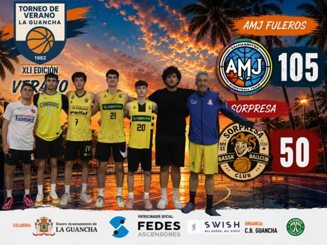 🏀🔥 𝗫𝗟𝗜 𝗧𝗢𝗥𝗡𝗘𝗢 𝗗𝗘 𝗩𝗘𝗥𝗔𝗡𝗢 𝗗𝗘 𝗕𝗔𝗟𝗢𝗡𝗖𝗘𝗦𝗧𝗢 𝗟𝗔 𝗚𝗨𝗔𝗡𝗖𝗛𝗔 𝟮𝟬𝟮𝟲 🔥🏀
🚀 𝗔𝗠𝗝 𝗙𝗨𝗟𝗘𝗥𝗢𝗦 𝟭𝟬𝟱 🆚 𝟱𝟬 𝗦𝗢𝗥𝗣𝗥𝗘𝗦𝗔 🚀

🏀 El XLI Torneo de Verano de Baloncesto La Guancha 2026 sigue ofreciendo auténticas noches de espectáculo en la 𝗙𝗘𝗗𝗘𝗦 𝗔𝗥𝗘𝗡𝗔 - 𝗣𝗟𝗨𝗦 𝗨𝗟𝗧𝗥𝗔, donde jugadores, familias y aficionados vuelven a disfrutar de un ambiente único cada jornada. 💚🤍

💪 En el primer encuentro de la segunda jornada, 𝗔𝗠𝗝 𝗙𝗨𝗟𝗘𝗥𝗢𝗦 consiguió una nueva victoria tras superar a 𝗦𝗢𝗥𝗣𝗥𝗘𝗦𝗔 por un marcador de 𝟭𝟬𝟱 - 𝟱𝟬.

🔥 El conjunto de AMJ Fuleros mostró un gran nivel de juego durante todo el encuentro, imprimiendo un ritmo muy alto desde el salto inicial y realizando un partido muy completo tanto en ataque como en defensa. Por su parte, 𝗦𝗢𝗥𝗣𝗥𝗘𝗦𝗔 luchó hasta el final y nunca dejó de competir, demostrando el gran ambiente deportivo que caracteriza a este torneo de verano. 👏🏀

🌴 Cada noche, el 𝗫𝗟𝗜 𝗧𝗢𝗥𝗡𝗘𝗢 𝗗𝗘 𝗩𝗘𝗥𝗔𝗡𝗢 𝗟𝗔 𝗚𝗨𝗔𝗡𝗖𝗛𝗔 continúa reuniendo a cientos de personas para disfrutar del mejor baloncesto, convirtiéndose una vez más en uno de los grandes acontecimientos deportivos del verano en el norte de Tenerife. ☀️🏀

🛗 𝗙𝗘𝗗𝗘𝗦 𝗔𝗦𝗖𝗘𝗡𝗦𝗢𝗥𝗘𝗦, patrocinador oficial del torneo, sigue impulsando esta gran cita deportiva y haciendo posible que, un año más, jugadores y aficionados disfruten de un evento que no deja de crecer edición tras edición. 💙

🍢🍻 𝗖𝗔𝗗𝗔 𝗡𝗢𝗖𝗛𝗘 𝗧𝗘 𝗘𝗦𝗣𝗘𝗥𝗔 𝗡𝗨𝗘𝗦𝗧𝗥𝗔 𝗧𝗘𝗥𝗥𝗔𝗭𝗔 𝗗𝗘 𝗩𝗘𝗥𝗔𝗡𝗢, el lugar perfecto para vivir el torneo con el mejor ambiente, disfrutar de los ya tradicionales 𝗣𝗜𝗡𝗖𝗛𝗢𝗦 𝗗𝗘 𝗣𝗘𝗗𝗥𝗢 𝗬 𝗥𝗢𝗦𝗬 🌭🥪, compartir con amigos y seguir cada partido en un entorno inmejorable. 😍

🎥 𝗥𝗘𝗧𝗥𝗔𝗡𝗦𝗠𝗜𝗦𝗜Ó𝗡 𝗘𝗡 𝗗𝗜𝗥𝗘𝗖𝗧𝗢 𝗖𝗢𝗡 𝟱 𝗖Á𝗠𝗔𝗥𝗔𝗦.

🙌 𝗚𝗥𝗔𝗖𝗜𝗔𝗦 𝗔 𝗧𝗢𝗗𝗔𝗦 𝗟𝗔𝗦 𝗣𝗘𝗥𝗦𝗢𝗡𝗔𝗦 𝗤𝗨𝗘 𝗡𝗢𝗦 𝗔𝗖𝗢𝗠𝗣𝗔Ñ𝗔𝗡 𝗖𝗔𝗗𝗔 𝗡𝗢𝗖𝗛𝗘 𝗬 𝗦𝗜𝗚𝗨𝗘𝗡 𝗛𝗔𝗖𝗜𝗘𝗡𝗗𝗢 𝗗𝗘𝗟 𝗧𝗢𝗥𝗡𝗘𝗢 𝗗𝗘 𝗩𝗘𝗥𝗔𝗡𝗢 𝗟𝗔 𝗚𝗨𝗔𝗡𝗖𝗛𝗔 𝗨𝗡𝗔 𝗖𝗜𝗧𝗔 𝗜𝗠𝗣𝗥𝗘𝗦𝗖𝗜𝗡𝗗𝗜𝗕𝗟𝗘. 💚🏀

#SomosFamiliaCBG 💚🤍
#Desde1970 🏀
#TorneoDeVeranoLaGuancha ☀️