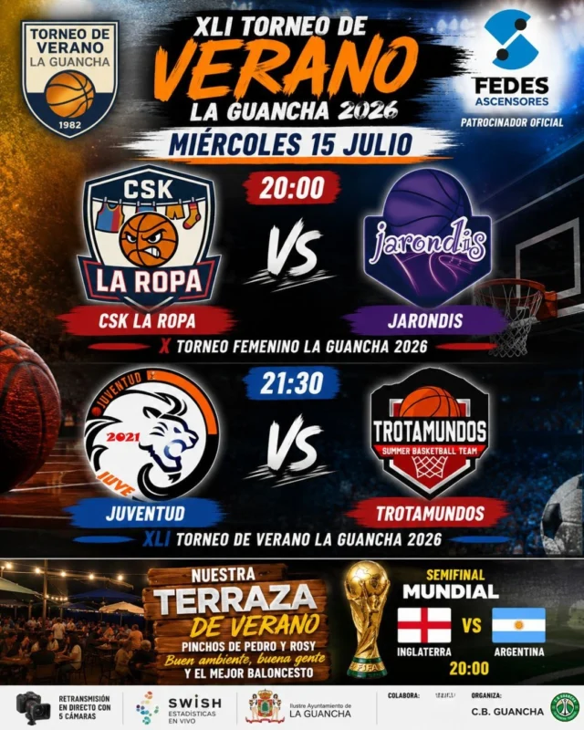 🏀🏀🏀 𝗠𝗜𝗘́𝗥𝗖𝗢𝗟𝗘𝗦 𝗗𝗘 𝗗𝗢𝗕𝗟𝗘 𝗦𝗘𝗦𝗜𝗢́𝗡 𝗘𝗡 𝗟𝗔 𝗙𝗘𝗗𝗘𝗦 𝗔𝗥𝗘𝗡𝗔 🔥🏀

Esta tarde regresa el mejor baloncesto del verano con una nueva jornada del 𝗫𝗟𝗜 𝗧𝗢𝗥𝗡𝗘𝗢 𝗗𝗘 𝗩𝗘𝗥𝗔𝗡𝗢 𝗗𝗘 𝗕𝗔𝗟𝗢𝗡𝗖𝗘𝗦𝗧𝗢 𝗟𝗔 𝗚𝗨𝗔𝗡𝗖𝗛𝗔 𝟮𝟬𝟮𝟲 y del 𝗫 𝗧𝗢𝗥𝗡𝗘𝗢 𝗙𝗘𝗠𝗘𝗡𝗜𝗡𝗢. 💚🤍🏀

⏰ 𝟮𝟬:𝟬𝟬 𝗛 | 𝗫 𝗧𝗢𝗥𝗡𝗘𝗢 𝗙𝗘𝗠𝗘𝗡𝗜𝗡𝗢
🏀 𝗖.𝗦.𝗞. 𝗟𝗔 𝗥𝗢𝗣𝗔 🆚 𝗝𝗔𝗥𝗢𝗡𝗗𝗜𝗦

⏰ 𝟮𝟭:𝟯𝟬 𝗛 | 𝗫𝗟𝗜 𝗧𝗢𝗥𝗡𝗘𝗢 𝗗𝗘 𝗩𝗘𝗥𝗔𝗡𝗢
🏀 𝗝𝗨𝗩𝗘𝗡𝗧𝗨𝗗 🆚 𝗧𝗥𝗢𝗧𝗔𝗠𝗨𝗡𝗗𝗢𝗦

🔥 𝗗𝗢𝗦 𝗔𝗨𝗧𝗘́𝗡𝗧𝗜𝗖𝗢𝗦 𝗣𝗔𝗥𝗧𝗜𝗗𝗔𝗭𝗢𝗦 𝗣𝗔𝗥𝗔 𝗦𝗘𝗚𝗨𝗜𝗥 𝗗𝗜𝗦𝗙𝗥𝗨𝗧𝗔𝗡𝗗𝗢 𝗗𝗘𝗟 𝗠𝗘𝗝𝗢𝗥 𝗕𝗔𝗟𝗢𝗡𝗖𝗘𝗦𝗧𝗢 𝗗𝗘𝗟 𝗩𝗘𝗥𝗔𝗡𝗢 𝗘𝗡 𝗟𝗔 𝗙𝗘𝗗𝗘𝗦 𝗔𝗥𝗘𝗡𝗔 - 𝗣𝗟𝗨𝗦 𝗨𝗟𝗧𝗥𝗔. 💥

🎥 𝗥𝗘𝗧𝗥𝗔𝗡𝗦𝗠𝗜𝗦𝗜Ó𝗡 𝗘𝗡 𝗗𝗜𝗥𝗘𝗖𝗧𝗢 𝗖𝗢𝗡 𝟱 𝗖Á𝗠𝗔𝗥𝗔𝗦.

📊 𝗘𝗦𝗧𝗔𝗗Í𝗦𝗧𝗜𝗖𝗔𝗦 𝗘𝗡 𝗩𝗜𝗩𝗢 𝗚𝗥𝗔𝗖𝗜𝗔𝗦 𝗔 𝗦𝗪𝗜𝗦𝗛.

🍢 𝗟𝗔 𝗧𝗘𝗥𝗥𝗔𝗭𝗔 𝗗𝗘 𝗩𝗘𝗥𝗔𝗡𝗢 𝗗𝗘 𝗣𝗘𝗗𝗥𝗢 𝗬 𝗥𝗢𝗦𝗬 𝗩𝗨𝗘𝗟𝗩𝗘 𝗔 𝗦𝗘𝗥 𝗢𝗧𝗥𝗢 𝗗𝗘 𝗟𝗢𝗦 𝗚𝗥𝗔𝗡𝗗𝗘𝗦 𝗔𝗧𝗥𝗔𝗖𝗧𝗜𝗩𝗢𝗦 𝗗𝗘 𝗟𝗔 𝗝𝗢𝗥𝗡𝗔𝗗𝗔. Disfruta de los tradicionales 𝗣𝗜𝗡𝗖𝗛𝗢𝗦, 𝗘𝗡𝗦𝗔𝗟𝗔𝗗𝗜𝗟𝗟𝗔, 𝗦𝗔𝗟𝗖𝗛𝗜𝗖𝗛𝗔𝗦, bebidas bien frías 🍻🥤 y el magnífico ambiente que se vive cada noche alrededor del torneo. ¡Una combinación perfecta de baloncesto, gastronomía y amigos! 😍

⚽ 𝗔𝗗𝗘𝗠𝗔́𝗦, 𝗗𝗘𝗦𝗗𝗘 𝗟𝗔𝗦 𝟮𝟬:𝟬𝟬 𝗛, 𝗣𝗢𝗗𝗥𝗔́𝗦 𝗦𝗘𝗚𝗨𝗜𝗥 𝗘𝗡 𝗡𝗨𝗘𝗦𝗧𝗥𝗔 𝗧𝗘𝗥𝗥𝗔𝗭𝗔 𝗟𝗔 𝗦𝗘𝗠𝗜𝗙𝗜𝗡𝗔𝗟 𝗗𝗘𝗟 𝗠𝗨𝗡𝗗𝗜𝗔𝗟.
🏆 𝗜𝗡𝗚𝗟𝗔𝗧𝗘𝗥𝗥𝗔 🆚 𝗔𝗥𝗚𝗘𝗡𝗧𝗜𝗡𝗔

🛗 𝗙𝗘𝗗𝗘𝗦 𝗔𝗦𝗖𝗘𝗡𝗦𝗢𝗥𝗘𝗦, 𝗣𝗔𝗧𝗥𝗢𝗖𝗜𝗡𝗔𝗗𝗢𝗥 𝗢𝗙𝗜𝗖𝗜𝗔𝗟 𝗗𝗘𝗟 𝗧𝗢𝗥𝗡𝗘𝗢, continúa elevando el nivel de esta competición y reafirmando su compromiso con el deporte y con el baloncesto en La Guancha. Gracias a su apoyo, el Torneo de Verano sigue consolidándose como una de las grandes citas deportivas del verano en Canarias. 💙🏀

💚 ¡¡𝗧𝗘 𝗘𝗦𝗣𝗘𝗥𝗔𝗠𝗢𝗦 𝗣𝗔𝗥𝗔 𝗩𝗜𝗩𝗜𝗥 𝗢𝗧𝗥𝗔 𝗚𝗥𝗔𝗡 𝗧𝗔𝗥𝗗𝗘, 𝗔𝗠𝗕𝗜𝗘𝗡𝗧𝗘, 𝗔𝗠𝗜𝗦𝗧𝗔𝗗 𝗬 𝗗𝗜𝗩𝗘𝗥𝗦𝗜Ó𝗡 𝗘𝗡 𝗟𝗔 𝗙𝗘𝗗𝗘𝗦 𝗔𝗥𝗘𝗡𝗔!! 🏀🔥

#SomosFamiliaCBG 💚🤍
#Desde1970 🏀
#XLITorneoDeVerano ☀️
#XTorneoFemenino 🏀
#FedesAscensores 🛗
#FedesArena 📍
#SWISH 📊
#TerrazaDeVerano 🍢🍻
#LaGuancha 💚