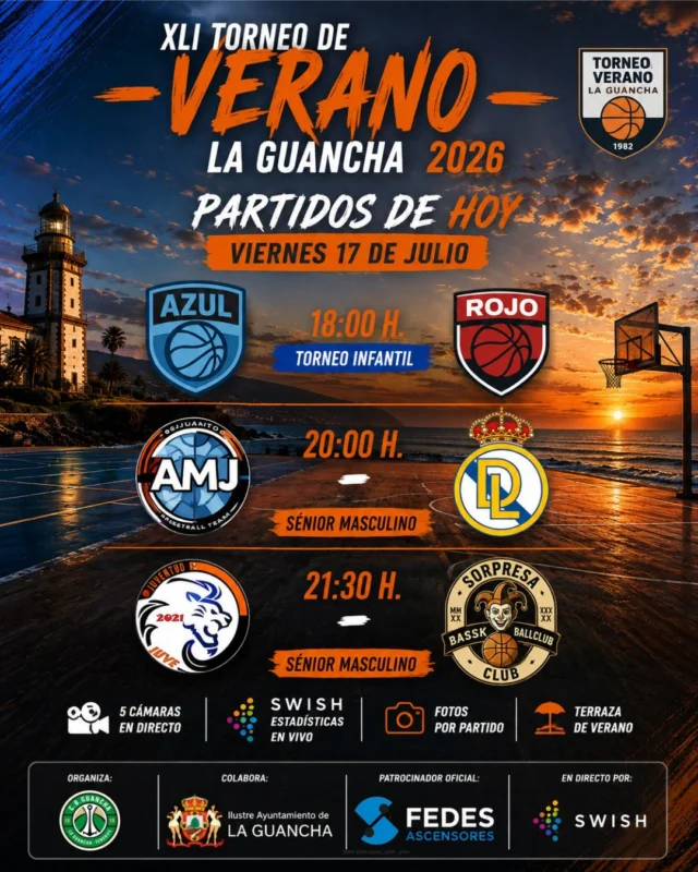 🏀🔥 𝗩𝗜𝗘𝗥𝗡𝗘𝗦 𝗗𝗘 𝗘𝗠𝗢𝗖𝗜𝗢𝗡𝗘𝗦 𝗘𝗡 𝗘𝗟 𝗫𝗟𝗜 𝗧𝗢𝗥𝗡𝗘𝗢 𝗗𝗘 𝗩𝗘𝗥𝗔𝗡𝗢 𝗟𝗔 𝗚𝗨𝗔𝗡𝗖𝗛𝗔 𝟮𝟬𝟮𝟲 🔥🏀

💚🤍 ¡La competición no se detiene y esta tarde vuelve el mejor baloncesto al Fedes Arena - Plus Ultra con una jornada que promete espectáculo, intensidad y un gran ambiente en las gradas! 🙌⛹️‍♀️⛹️‍♂️

📅 𝗩𝗜𝗘𝗥𝗡𝗘𝗦 𝟭𝟳 𝗗𝗘 𝗝𝗨𝗟𝗜𝗢

🔹 🕕 18:00 h. | 𝗧𝗢𝗥𝗡𝗘𝗢 𝗜𝗡𝗙𝗔𝗡𝗧𝗜𝗟
🔵 Azul 🆚 🔴 Rojo

Los más jóvenes volverán a demostrar que el futuro del baloncesto está asegurado con un partido lleno de ilusión, entrega y muchas ganas de disfrutar. 🌟🏀

🔹 🕗 20:00 h. | 𝗫𝗟𝗜 𝗧𝗢𝗥𝗡𝗘𝗢 𝗦𝗘́𝗡𝗜𝗢𝗥 𝗠𝗔𝗦𝗖𝗨𝗟𝗜𝗡𝗢
🔵 AMJ Fuleros 🆚 🟡 Dirdam Laer

Dos equipos que buscarán sumar una victoria muy importante en un encuentro que promete ritmo, calidad y mucha igualdad desde el salto inicial. 💪🔥

🔹 🕤 21:30 h. | 𝗫𝗟𝗜 𝗧𝗢𝗥𝗡𝗘𝗢 𝗦𝗘́𝗡𝗜𝗢𝗥 𝗠𝗔𝗦𝗖𝗨𝗟𝗜𝗡𝗢
🦁 Juventud 🆚 🎭 Sorpresa

La jornada concluirá con otro auténtico partidazo entre dos conjuntos que siempre ofrecen espectáculo y que buscarán regalar una gran noche de baloncesto a toda la afición. 🌙🏀

🎥 𝗦𝗜́𝗚𝗨𝗘𝗟𝗢 𝗧𝗢𝗗𝗢 𝗖𝗢𝗡 𝗡𝗢𝗦𝗢𝗧𝗥𝗢𝗦

📹 5 cámaras en directo
📊 Estadísticas en vivo con SWISH
📸 Fotos de todos los partidos
🍔 Terraza de Verano con comida y bebida durante toda la jornada.

🙌 ¡Te esperamos para vivir otra gran tarde de baloncesto, apoyar a los equipos y disfrutar del mejor ambiente del verano en La Guancha! 💚🏀☀️

#SomosFamiliaCBG #Desde1970 #XLITorneoDeVerano #TorneoDeVeranoLaGuancha #FedesArena #FedesAscensores #SWISH #Baloncesto #Basketball #LaGuancha #Canarias 🏀💚