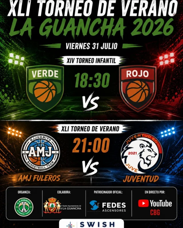 🏀🔥 𝗩𝗜𝗘𝗥𝗡𝗘𝗦 𝗗𝗘 𝗕𝗔𝗟𝗢𝗡𝗖𝗘𝗦𝗧𝗢 𝗘𝗡 𝗟𝗔 𝗚𝗨𝗔𝗡𝗖𝗛𝗔 🔥🏀

Esta tarde vuelve la emoción al 𝗫𝗜𝗩 𝗧𝗼𝗿𝗻𝗲𝗼 𝗜𝗻𝗳𝗮𝗻𝘁𝗶𝗹 y al 𝗫𝗟𝗜 𝗧𝗼𝗿𝗻𝗲𝗼 𝗱𝗲 𝗩𝗲𝗿𝗮𝗻𝗼 𝗟𝗮 𝗚𝘂𝗮𝗻𝗰𝗵𝗮, con una nueva jornada que promete grandes partidos y mucho espectáculo sobre la pista del 𝗙𝗲𝗱𝗲𝘀 𝗔𝗿𝗲𝗻𝗮. ⛹️‍♂️⛹️‍♀️

🕡 𝗫𝗜𝗩 𝗧𝗼𝗿𝗻𝗲𝗼 𝗜𝗻𝗳𝗮𝗻𝘁𝗶𝗹
🟢 Verde 🆚 🔴 Rojo
🕡 18:30 horas

🕘 𝗫𝗟𝗜 𝗧𝗼𝗿𝗻𝗲𝗼 𝗱𝗲 𝗩𝗲𝗿𝗮𝗻𝗼
🔵 AMJ Fuleros 🆚 🦁 Juventud
🕘 21:00 horas

💙 𝗙𝗘𝗗𝗘𝗦 𝗔𝘀𝗰𝗲𝗻𝘀𝗼𝗿𝗲𝘀, patrocinador oficial del torneo, continúa apoyando un verano más el baloncesto en La Guancha, haciendo posible que disfrutemos de una competición de primer nivel y de un gran ambiente deportivo jornada tras jornada.

📺 𝗧𝗼𝗱𝗼𝘀 𝗹𝗼𝘀 𝗽𝗮𝗿𝘁𝗶𝗱𝗼𝘀 𝘀𝗲 𝗽𝗼𝗱𝗿á𝗻 𝘀𝗲𝗴𝘂𝗶𝗿 𝗲𝗻 𝗱𝗶𝗿𝗲𝗰𝘁𝗼 𝗮 𝘁𝗿𝗮𝘃é𝘀 𝗱𝗲𝗹 𝗬𝗼𝘂𝗧𝘂𝗯𝗲 𝗱𝗲𝗹 𝗖𝗹𝘂𝗯 𝗕𝗮𝗹𝗼𝗻𝗰𝗲𝘀𝘁𝗼 𝗚𝘂𝗮𝗻𝗰𝗵𝗮.

📊 𝗖𝗼𝗻𝘀𝘂𝗹𝘁𝗮 𝘁𝗼𝗱𝗮𝘀 𝗹𝗮𝘀 𝗲𝘀𝘁𝗮𝗱í𝘀𝘁𝗶𝗰𝗮𝘀 𝗲𝗻 𝗦𝗪𝗜𝗦𝗛.

🙌 ¡Te esperamos para disfrutar juntos de otra gran tarde de baloncesto! 💚🏀💙🧡