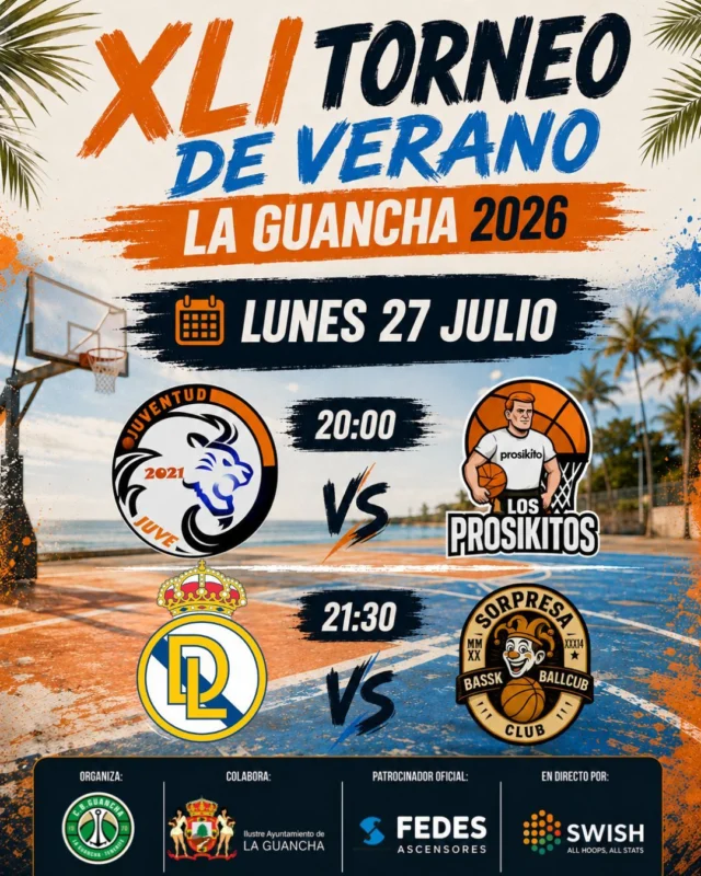 🏀🔥 𝗘𝗦𝗧𝗘 𝗟𝗨𝗡𝗘𝗦... ¡¡¡𝗩𝗨𝗘𝗟𝗩𝗘 𝗘𝗟 𝗘𝗦𝗣𝗘𝗖𝗧𝗔́𝗖𝗨𝗟𝗢 𝗔 𝗟𝗔 𝗚𝗨𝗔𝗡𝗖𝗛𝗔!!! 🔥🏀

El 𝗫𝗟𝗜 𝗧𝗢𝗥𝗡𝗘𝗢 𝗗𝗘 𝗩𝗘𝗥𝗔𝗡𝗢 𝗟𝗔 𝗚𝗨𝗔𝗡𝗖𝗛𝗔 𝟮𝟬𝟮𝟲 continúa con una nueva jornada que promete emociones fuertes y dos auténticos partidazos.

🕗 𝗔 𝗟𝗔𝗦 𝟮𝟬:𝟬𝟬 𝗛𝗢𝗥𝗔𝗦
🦁 𝗝𝗨𝗩𝗘𝗡𝗧𝗨𝗗 🆚 𝗟𝗢𝗦 𝗣𝗥𝗢𝗦𝗜𝗞𝗜𝗧𝗢𝗦

🕤 𝗔 𝗟𝗔𝗦 𝟮𝟭:𝟯𝟬 𝗛𝗢𝗥𝗔𝗦
👑 𝗗𝗜𝗥𝗗𝗔𝗠 𝗟𝗔𝗘𝗥 🆚 🤡 𝗦𝗢𝗥𝗣𝗥𝗘𝗦𝗔

💥 𝗗𝗢𝗦 𝗚𝗥𝗔𝗡𝗗𝗘𝗦 𝗣𝗔𝗥𝗧𝗜𝗗𝗢𝗦, 𝗖𝗨𝗔𝗧𝗥𝗢 𝗚𝗥𝗔𝗡𝗗𝗘𝗦 𝗘𝗤𝗨𝗜𝗣𝗢𝗦 𝗬 𝗨𝗡𝗔 𝗡𝗢𝗖𝗛𝗘 𝗤𝗨𝗘 𝗣𝗥𝗢𝗠𝗘𝗧𝗘 𝗠𝗨𝗖𝗛𝗔 𝗘𝗠𝗢𝗖𝗜𝗢́𝗡.

🌭🍟 𝗗𝗜𝗦𝗙𝗥𝗨𝗧𝗔 𝗧𝗔𝗠𝗕𝗜𝗘́𝗡 𝗗𝗘 𝗟𝗔 𝗧𝗘𝗥𝗥𝗔𝗭𝗔 𝗗𝗘 𝗣𝗘𝗗𝗥𝗢 𝗬 𝗥𝗢𝗦𝗬 con hamburguesas, perritos, papas, salchichas, ensaladilla, bebidas y mucho más para pasar una gran noche de baloncesto.

📍 𝗣𝗔𝗕𝗘𝗟𝗟𝗢́𝗡 𝗣𝗟𝗨𝗦 𝗨𝗟𝗧𝗥𝗔 – 𝗟𝗔 𝗚𝗨𝗔𝗡𝗖𝗛𝗔
🎟️ 𝗘𝗡𝗧𝗥𝗔𝗗𝗔 𝗚𝗥𝗔𝗧𝗨𝗜𝗧𝗔

📸 𝗟𝗔𝗦 𝗙𝗢𝗧𝗢𝗚𝗥𝗔𝗙𝗜́𝗔𝗦 𝗗𝗘 𝗟𝗔 𝗝𝗢𝗥𝗡𝗔𝗗𝗔 𝗘𝗦𝗧𝗔𝗥𝗔́𝗡 𝗗𝗜𝗦𝗣𝗢𝗡𝗜𝗕𝗟𝗘𝗦 𝗘𝗡 𝗘𝗟 𝗙𝗔𝗖𝗘𝗕𝗢𝗢𝗞 𝗢𝗙𝗜𝗖𝗜𝗔𝗟 𝗗𝗘𝗟 𝗧𝗢𝗥𝗡𝗘𝗢 𝗗𝗘 𝗩𝗘𝗥𝗔𝗡𝗢 𝗟𝗔 𝗚𝗨𝗔𝗡𝗖𝗛𝗔.

📊 𝗦𝗜𝗚𝗨𝗘 𝗧𝗢𝗗𝗔𝗦 𝗟𝗔𝗦 𝗘𝗦𝗧𝗔𝗗𝗜́𝗦𝗧𝗜𝗖𝗔𝗦 𝗗𝗘 𝗟𝗢𝗦 𝗣𝗔𝗥𝗧𝗜𝗗𝗢𝗦 𝗘𝗡 𝗦𝗪𝗜𝗦𝗛.

🤝 𝗚𝗥𝗔𝗖𝗜𝗔𝗦 𝗔 𝗙𝗘𝗗𝗘𝗦 𝗔𝗦𝗖𝗘𝗡𝗦𝗢𝗥𝗘𝗦, 𝗣𝗔𝗧𝗥𝗢𝗖𝗜𝗡𝗔𝗗𝗢𝗥 𝗢𝗙𝗜𝗖𝗜𝗔𝗟 𝗗𝗘𝗟 𝗧𝗢𝗥𝗡𝗘𝗢, 𝗣𝗢𝗥 𝗦𝗨 𝗔𝗣𝗢𝗬𝗢 𝗬 𝗖𝗢𝗠𝗣𝗥𝗢𝗠𝗜𝗦𝗢 𝗖𝗢𝗡 𝗘𝗟 𝗕𝗔𝗟𝗢𝗡𝗖𝗘𝗦𝗧𝗢.

#TorneoDeVeranoLaGuancha #XLITorneoDeVerano #LaGuancha #Baloncesto #Verano2026 #Juventud #LosProsikitos #DirdamLaer #Sorpresa #SWISH #FEDESAscensores