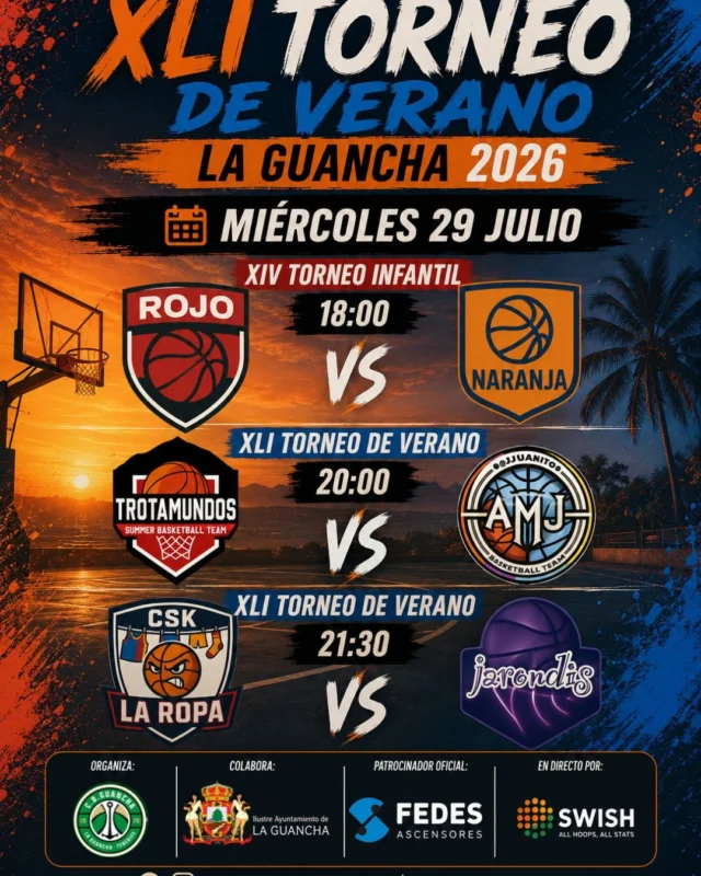 🏀🔥 𝗠𝗔Ñ𝗔𝗡𝗔 𝗩𝗨𝗘𝗟𝗩𝗘 𝗘𝗟 𝗘𝗦𝗣𝗘𝗖𝗧𝗔́𝗖𝗨𝗟𝗢 𝗔𝗟 𝗙𝗘𝗗𝗘𝗦 𝗔𝗥𝗘𝗡𝗔 🔥🏀

¡La emoción del XLI Torneo de Verano La Guancha 2026 continúa! Mañana miércoles 29 de julio viviremos una intensa jornada con tres apasionantes encuentros que prometen espectáculo, igualdad y mucho baloncesto. 💥

🏀 𝗫𝗜𝗩 𝗧𝗢𝗥𝗡𝗘𝗢 𝗜𝗡𝗙𝗔𝗡𝗧𝗜𝗟
🕕 18:00 h
🔴 Rojo 🆚 Naranja
Los más pequeños volverán a demostrar que el futuro del baloncesto está asegurado con un duelo cargado de ilusión, entrega y ganas de competir.

🏀 𝗫𝗟𝗜 𝗧𝗢𝗥𝗡𝗘𝗢 𝗗𝗘 𝗩𝗘𝗥𝗔𝗡𝗢
🕗 20:00 h
🔴 Trotamundos 🆚 AMJ Fuleros
Dos equipos que necesitan la victoria para seguir escalando posiciones. ¡Se espera un auténtico partidazo!

🏀 𝗫𝗟𝗜 𝗧𝗢𝗥𝗡𝗘𝗢 𝗗𝗘 𝗩𝗘𝗥𝗔𝗡𝗢
🕤 21:30 h
🟣 CSK La Ropa 🆚 Jarondis
La jornada concluirá con otro gran encuentro entre dos conjuntos que saldrán a por todas para sumar un triunfo muy importante.

💙 𝗚𝗥𝗔𝗖𝗜𝗔𝗦 𝗔 𝗙𝗘𝗗𝗘𝗦 𝗔𝗦𝗖𝗘𝗡𝗦𝗢𝗥𝗘𝗦, 𝗣𝗔𝗧𝗥𝗢𝗖𝗜𝗡𝗔𝗗𝗢𝗥 𝗢𝗙𝗜𝗖𝗜𝗔𝗟 del torneo, por seguir impulsando el baloncesto y hacer posible que La Guancha disfrute, un verano más, de uno de los eventos deportivos más importantes de Canarias.

📍 𝗡𝗢𝗦 𝗩𝗘𝗠𝗢𝗦 𝗠𝗔Ñ𝗔𝗡𝗔 𝗘𝗡 𝗘𝗟 𝗙𝗘𝗗𝗘𝗦 𝗔𝗥𝗘𝗡𝗔
🎟️ 𝗘𝗡𝗧𝗥𝗔𝗗𝗔 𝗚𝗥𝗔𝗧𝗨𝗜𝗧𝗔
📊 𝗦𝗜𝗚𝗨𝗘 𝗧𝗢𝗗𝗢𝗦 𝗟𝗢𝗦 𝗣𝗔𝗥𝗧𝗜𝗗𝗢𝗦 𝗬 𝗦𝗨𝗦 𝗘𝗦𝗧𝗔𝗗𝗜́𝗦𝗧𝗜𝗖𝗔𝗦 𝗘𝗡 𝗗𝗜𝗥𝗘𝗖𝗧𝗢 𝗖𝗢𝗡 𝗦𝗪𝗜𝗦𝗛

#TorneoDeVeranoLaGuancha #XLITorneoDeVerano #XIVTorneoInfantil #LaGuancha #Baloncesto #FedesAscensores #SWISH #Desde1982
