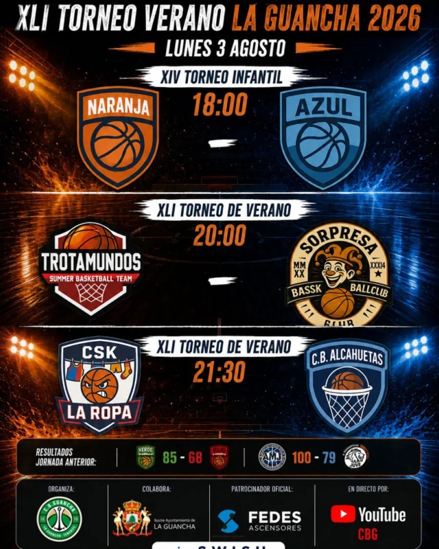 🔥🏀 𝗧𝗥𝗘𝗦 𝗣𝗔𝗥𝗧𝗜𝗗𝗢𝗦 𝗣𝗔𝗥𝗔 𝗩𝗜𝗩𝗜𝗥 𝗨𝗡𝗔 𝗚𝗥𝗔𝗡 𝗧𝗔𝗥𝗗𝗘 𝗗𝗘 𝗕𝗔𝗟𝗢𝗡𝗖𝗘𝗦𝗧𝗢 🏀🔥

Este 𝗹𝘂𝗻𝗲𝘀 𝟯 𝗱𝗲 𝗮𝗴𝗼𝘀𝘁𝗼, el 𝗙𝗲𝗱𝗲𝘀 𝗔𝗿𝗲𝗻𝗮 vuelve a abrir sus puertas para disfrutar de una completa jornada del 𝗧𝗼𝗿𝗻𝗲𝗼 𝗱𝗲 𝗩𝗲𝗿𝗮𝗻𝗼 𝗟𝗮 𝗚𝘂𝗮𝗻𝗰𝗵𝗮 𝟮𝟬𝟮𝟲, con partidos de las competiciones infantil, sénior masculina y sénior femenina.

🕕 𝟭𝟴:𝟬𝟬 𝗵𝗼𝗿𝗮𝘀
👦👧 𝗫𝗜𝗩 𝗧𝗼𝗿𝗻𝗲𝗼 𝗜𝗻𝗳𝗮𝗻𝘁𝗶𝗹
🟠 𝗡𝗮𝗿𝗮𝗻𝗷𝗮 🆚 𝗔𝘇𝘂𝗹 🔵

🕗 𝟮𝟬:𝟬𝟬 𝗵𝗼𝗿𝗮𝘀
🏀 𝗫𝗟𝗜 𝗧𝗼𝗿𝗻𝗲𝗼 𝗱𝗲 𝗩𝗲𝗿𝗮𝗻𝗼
🔴⚫ 𝗧𝗿𝗼𝘁𝗮𝗺𝘂𝗻𝗱𝗼𝘀 🆚 𝗦𝗼𝗿𝗽𝗿𝗲𝘀𝗮 🎭

🕤 𝟮𝟭:𝟯𝟬 𝗵𝗼𝗿𝗮𝘀
🏀 𝗫 𝗧𝗼𝗿𝗻𝗲𝗼 𝗙𝗲𝗺𝗲𝗻𝗶𝗻𝗼
👕 𝗖𝗦𝗞 𝗟𝗮 𝗥𝗼𝗽𝗮 🆚 𝗖.𝗕. 𝗔𝗹𝗰𝗮𝗵𝘂𝗲𝘁𝗮𝘀 🔵

Tres encuentros y tres competiciones diferentes para seguir disfrutando del mejor ambiente del verano alrededor de la canasta. ¡Les esperamos en las gradas para animar y compartir otra gran jornada de baloncesto! 🙌🏀

🔝 𝗙𝗘𝗗𝗘𝗦 𝗔𝗦𝗖𝗘𝗡𝗦𝗢𝗥𝗘𝗦, patrocinador oficial del Torneo de Verano La Guancha 2026, continúa haciendo posible una de las citas deportivas más tradicionales de nuestro municipio.

📺 Todos los partidos podrán seguirse también a través del canal de 𝗬𝗼𝘂𝗧𝘂𝗯𝗲 𝗱𝗲𝗹 𝗖𝗹𝘂𝗯 𝗕𝗮𝗹𝗼𝗻𝗰𝗲𝘀𝘁𝗼 𝗚𝘂𝗮𝗻𝗰𝗵𝗮.

💚🤍 𝗢𝗿𝗴𝗮𝗻𝗶𝘇𝗮: 𝗖𝗹𝘂𝗯 𝗕𝗮𝗹𝗼𝗻𝗰𝗲𝘀𝘁𝗼 𝗚𝘂𝗮𝗻𝗰𝗵𝗮
🤝 𝗖𝗼𝗹𝗮𝗯𝗼𝗿𝗮: 𝗔𝘆𝘂𝗻𝘁𝗮𝗺𝗶𝗲𝗻𝘁𝗼 𝗱𝗲 𝗟𝗮 𝗚𝘂𝗮𝗻𝗰𝗵𝗮

#SomosFamiliaCBG #Desde1970 #TorneoDeVerano #LaGuancha #Baloncesto #FedesAscensores