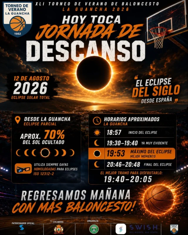 🌑🏀🔥 𝗛𝗢𝗬 𝗧𝗢𝗖𝗔 𝗝𝗢𝗥𝗡𝗔𝗗𝗔 𝗗𝗘 𝗗𝗘𝗦𝗖𝗔𝗡𝗦𝗢… 𝗣𝗘𝗥𝗢 𝗘𝗟 𝗖𝗜𝗘𝗟𝗢 𝗡𝗢 𝗗𝗘𝗦𝗖𝗔𝗡𝗦𝗔 🔥🏀🌑
Este 𝗺𝗶𝗲́𝗿𝗰𝗼𝗹𝗲𝘀 𝟭𝟮 𝗱𝗲 𝗮𝗴𝗼𝘀𝘁𝗼 hacemos un pequeño alto en el 𝗫𝗟𝗜 𝗧𝗼𝗿𝗻𝗲𝗼 𝗱𝗲 𝗩𝗲𝗿𝗮𝗻𝗼 𝗱𝗲 𝗕𝗮𝗹𝗼𝗻𝗰𝗲𝘀𝘁𝗼 𝗟𝗮 𝗚𝘂𝗮𝗻𝗰𝗵𝗮 𝟮𝟬𝟮𝟲. 🏀⏸️ Mañana volverá a botar el balón, pero hoy tenemos otro espectáculo que merece todas las miradas… ¡𝗲𝗹 𝗴𝗿𝗮𝗻 𝗲𝗰𝗹𝗶𝗽𝘀𝗲 𝘀𝗼𝗹𝗮𝗿 𝗱𝗲 𝟮𝟬𝟮𝟲! 🌞🌑✨
Un fenómeno extraordinario que atravesará España y que 𝗱𝗲𝘀𝗱𝗲 𝗟𝗮 𝗚𝘂𝗮𝗻𝗰𝗵𝗮 𝗽𝗼𝗱𝗿𝗲𝗺𝗼𝘀 𝗱𝗶𝘀𝗳𝗿𝘂𝘁𝗮𝗿 𝗰𝗼𝗺𝗼 𝗲𝗰𝗹𝗶𝗽𝘀𝗲 𝗽𝗮𝗿𝗰𝗶𝗮𝗹, con aproximadamente un 𝟳𝟬 % 𝗱𝗲𝗹 𝗦𝗼𝗹 𝗼𝗰𝘂𝗹𝘁𝗮𝗱𝗼. 😍🌘
📍 𝗘𝗡 𝗟𝗔 𝗚𝗨𝗔𝗡𝗖𝗛𝗔, 𝗔𝗧𝗘𝗡𝗧𝗢𝗦 𝗔𝗟 𝗖𝗜𝗘𝗟𝗢:
🌞 𝟭𝟴:𝟱𝟳 𝗵 ➡️ Comienzo aproximado del eclipse.
🌘 𝟭𝟵:𝟯𝟬–𝟭𝟵:𝟰𝟬 𝗵 ➡️ El fenómeno será ya muy evidente.
🌑 𝟭𝟵:𝟱𝟯 𝗵 ➡️ 𝗠𝗔́𝗫𝗜𝗠𝗢 𝗗𝗘𝗟 𝗘𝗖𝗟𝗜𝗣𝗦𝗘, el momento más espectacular.
🌅 𝟮𝟬:𝟰𝟲–𝟮𝟬:𝟰𝟴 𝗵 ➡️ Final aproximado.
🔥 Entre las 𝟭𝟵:𝟰𝟬 𝘆 𝗹𝗮𝘀 𝟮𝟬:𝟬𝟱 𝗵𝗼𝗿𝗮𝘀 tendremos uno de los mejores momentos para disfrutarlo desde nuestro municipio, siempre buscando una zona con el horizonte oeste lo más despejado posible.
⚠️😎 𝗠𝗨𝗬 𝗜𝗠𝗣𝗢𝗥𝗧𝗔𝗡𝗧𝗘: el eclipse 𝗡𝗢 𝗱𝗲𝗯𝗲 𝗼𝗯𝘀𝗲𝗿𝘃𝗮𝗿𝘀𝗲 𝗱𝗶𝗿𝗲𝗰𝘁𝗮𝗺𝗲𝗻𝘁𝗲 𝗮 𝘀𝗶𝗺𝗽𝗹𝗲 𝘃𝗶𝘀𝘁𝗮 𝗻𝗶 𝗰𝗼𝗻 𝗴𝗮𝗳𝗮𝘀 𝗱𝗲 𝘀𝗼𝗹 𝗻𝗼𝗿𝗺𝗮𝗹𝗲𝘀. Hay que utilizar gafas específicas para eclipses homologadas 𝗜𝗦𝗢 𝟭𝟮𝟯𝟭𝟮-𝟮. 👓☀️
🏀🌑 Y nosotros aprovechamos esta jornada diferente para cargar las pilas porque…
🚨🔥 𝗠𝗔𝗡̃𝗔𝗡𝗔 𝗥𝗘𝗚𝗥𝗘𝗦𝗔 𝗘𝗟 𝗕𝗔𝗟𝗢𝗡𝗖𝗘𝗦𝗧𝗢 𝗔 𝗟𝗔 𝗚𝗨𝗔𝗡𝗖𝗛𝗔 🔥🚨

Hoy… 𝗺𝗶𝗿𝗮𝗺𝗼𝘀 𝗮𝗹 𝗰𝗶𝗲𝗹𝗼. 🌑
Mañana… 𝘃𝗼𝗹𝘃𝗲𝗺𝗼𝘀 𝗮 𝗺𝗶𝗿𝗮𝗿 𝗮 𝗹𝗮 𝗰𝗮𝗻𝗮𝘀𝘁𝗮. 🏀🔥
🔝 𝗘𝗟 𝗩𝗘𝗥𝗔𝗡𝗢 𝗦𝗘 𝗩𝗜𝗩𝗘 𝗘𝗡 𝗟𝗔 𝗚𝗨𝗔𝗡𝗖𝗛𝗔.
🌑☀️ 𝗛𝗼𝘆, 𝗲𝗰𝗹𝗶𝗽𝘀𝗲.
🏀🔥 𝗠𝗮𝗻̃𝗮𝗻𝗮, 𝗕𝗔𝗟𝗢𝗡𝗖𝗘𝗦𝗧𝗢.
💙 Gracias a 𝗙𝗘𝗗𝗘𝗦 𝗔𝘀𝗰𝗲𝗻𝘀𝗼𝗿𝗲𝘀, patrocinador oficial del Torneo.
🏀🌴☀️🌑 𝗗𝗜𝗦𝗙𝗥𝗨𝗧𝗘𝗡 𝗗𝗘𝗟 𝗘𝗖𝗟𝗜𝗣𝗦𝗘 𝗬 𝗡𝗢𝗦 𝗩𝗘𝗠𝗢𝗦 𝗠𝗔𝗡̃𝗔𝗡𝗔 𝗘𝗡 𝗘𝗟 𝗙𝗘𝗗𝗘𝗦 𝗔𝗥𝗘𝗡𝗔! 🔥🔥🔥
#SomosFamiliaCBG 💚🤍
#Desde1970 🏀
🏀🔥