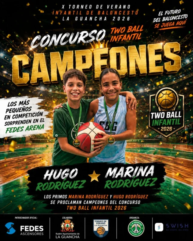 🏆🏀 𝗟𝗢𝗦 𝗠Á𝗦 𝗣𝗘𝗤𝗨𝗘Ñ𝗢𝗦 𝗘𝗡 𝗖𝗢𝗠𝗣𝗘𝗧𝗜𝗖𝗜Ó𝗡… ¡𝗦𝗘 𝗛𝗔𝗖𝗘𝗡 𝗚𝗥𝗔𝗡𝗗𝗘𝗦 𝗘𝗡 𝗘𝗟 𝗙𝗘𝗗𝗘𝗦 𝗔𝗥𝗘𝗡𝗔! 🏀🏆

¡Ya tenemos campeones del 𝗖𝗢𝗡𝗖𝗨𝗥𝗦𝗢 𝗧𝗪𝗢 𝗕𝗔𝗟𝗟 𝗜𝗡𝗙𝗔𝗡𝗧𝗜𝗟 𝟮𝟬𝟮𝟲! 🔥🔥🔥

Y los protagonistas han sido dos de los jugadores más jóvenes de nuestro torneo: los primos 𝗠𝗔𝗥𝗜𝗡𝗔 𝗥𝗢𝗗𝗥Í𝗚𝗨𝗘𝗭 𝗬 𝗛𝗨𝗚𝗢 𝗥𝗢𝗗𝗥Í𝗚𝗨𝗘𝗭, que formando pareja han conseguido imponerse en un concurso en el que la coordinación, la velocidad, la puntería y, sobre todo, el trabajo en equipo eran fundamentales. 🎯⛹️‍♀️⛹️‍♂️

🥇 𝗠𝗔𝗥𝗜𝗡𝗔 𝗥𝗢𝗗𝗥Í𝗚𝗨𝗘𝗭
🥇 𝗛𝗨𝗚𝗢 𝗥𝗢𝗗𝗥Í𝗚𝗨𝗘𝗭
🏆 𝗖𝗔𝗠𝗣𝗘𝗢𝗡𝗘𝗦 𝗗𝗘𝗟 𝗧𝗪𝗢 𝗕𝗔𝗟𝗟 𝗜𝗡𝗙𝗔𝗡𝗧𝗜𝗟 𝟮𝟬𝟮𝟲

🏀 Un balón, dos jugadores, tiros alternos y una misma misión. Marina y Hugo demostraron que para competir 𝗡𝗢 𝗛𝗔𝗬 𝗤𝗨𝗘 𝗦𝗘𝗥 𝗟𝗢𝗦 𝗠Á𝗦 𝗚𝗥𝗔𝗡𝗗𝗘𝗦. 💥💥

👏 Enhorabuena a los dos por su victoria y también a todas las parejas participantes por regalarnos un concurso divertido y emocionante dentro del 𝗫𝗜𝗩 𝗧𝗢𝗥𝗡𝗘𝗢 𝗗𝗘 𝗩𝗘𝗥𝗔𝗡𝗢 𝗜𝗡𝗙𝗔𝗡𝗧𝗜𝗟 𝗗𝗘 𝗕𝗔𝗟𝗢𝗡𝗖𝗘𝗦𝗧𝗢 𝗟𝗔 𝗚𝗨𝗔𝗡𝗖𝗛𝗔 𝟮𝟬𝟮𝟲.

💚🏀 𝗘𝗟 𝗙𝗨𝗧𝗨𝗥𝗢 𝗗𝗘𝗟 𝗕𝗔𝗟𝗢𝗡𝗖𝗘𝗦𝗧𝗢 𝗦𝗘 𝗝𝗨𝗘𝗚𝗔 𝗔𝗤𝗨Í.

🔵 𝗣𝗔𝗧𝗥𝗢𝗖𝗜𝗡𝗔𝗗𝗢𝗥 𝗢𝗙𝗜𝗖𝗜𝗔𝗟: 𝗙𝗘𝗗𝗘𝗦 𝗔𝗦𝗖𝗘𝗡𝗦𝗢𝗥𝗘𝗦
🏛️ 𝗖𝗢𝗟𝗔𝗕𝗢𝗥𝗔: 𝗜𝗟𝗨𝗦𝗧𝗥𝗘 𝗔𝗬𝗨𝗡𝗧𝗔𝗠𝗜𝗘𝗡𝗧𝗢 𝗗𝗘 𝗟𝗔 𝗚𝗨𝗔𝗡𝗖𝗛𝗔
🏀 𝗢𝗥𝗚𝗔𝗡𝗜𝗭𝗔: 𝗖.𝗕. 𝗚𝗨𝗔𝗡𝗖𝗛𝗔

#SomosFamiliaCBG #Desde1970 #TwoBall #TorneoInfantil #TorneoDeVeranoLaGuancha #FEDESAscensores #LaGuancha 🏀💚