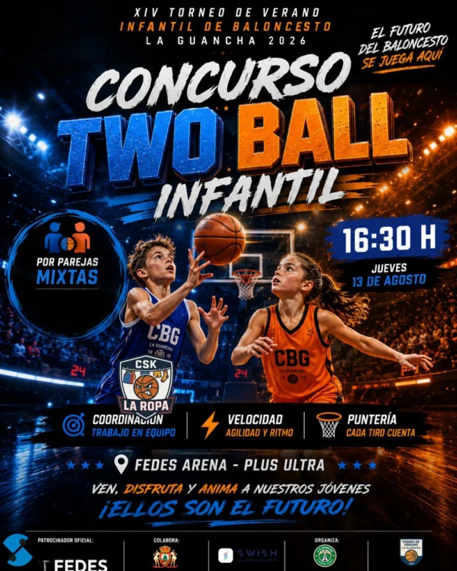 🏀🔥 𝗛𝗢𝗬 𝗔𝗥𝗥𝗔𝗡𝗖𝗔𝗠𝗢𝗦 𝗖𝗢𝗡 𝗘𝗟 𝗖𝗢𝗡𝗖𝗨𝗥𝗦𝗢 𝗧𝗪𝗢 𝗕𝗔𝗟𝗟 🔥🏀
Antes de disputar la gran final, nuestros jóvenes jugadores y jugadoras serán los encargados de abrir una tarde muy especial en el 𝗫𝗜𝗩 𝗧𝗢𝗥𝗡𝗘𝗢 𝗗𝗘 𝗩𝗘𝗥𝗔𝗡𝗢 𝗜𝗡𝗙𝗔𝗡𝗧𝗜𝗟 𝗗𝗘 𝗕𝗔𝗟𝗢𝗡𝗖𝗘𝗦𝗧𝗢 𝗟𝗔 𝗚𝗨𝗔𝗡𝗖𝗛𝗔 𝟮𝟬𝟮𝟲. 💥
⏰ 𝗔 𝗟𝗔𝗦 𝟭𝟲:𝟯𝟬 𝗛𝗢𝗥𝗔𝗦 llega el turno del 𝗖𝗢𝗡𝗖𝗨𝗥𝗦𝗢 𝗧𝗪𝗢 𝗕𝗔𝗟𝗟 𝗜𝗡𝗙𝗔𝗡𝗧𝗜𝗟, una prueba diferente, divertida y especialmente pensada para disfrutar del baloncesto en equipo.
👦👧 La competición se disputará 𝗣𝗢𝗥 𝗣𝗔𝗥𝗘𝗝𝗔𝗦 𝗠𝗜𝗫𝗧𝗔𝗦, compartiendo 𝗨𝗡 𝗦𝗢𝗟𝗢 𝗕𝗔𝗟𝗢́𝗡 y realizando 𝗨𝗡 𝗧𝗜𝗥𝗢 𝗖𝗔𝗗𝗔 𝗨𝗡𝗢. Coordinación, velocidad, puntería y compenetración serán fundamentales para conseguir la mejor puntuación. 🎯⚡
Aquí no solo cuenta meterla. Hay que entenderse con la pareja, moverse rápido, elegir bien y acertar cuando llega el momento. 𝗖𝗔𝗗𝗔 𝗧𝗜𝗥𝗢 𝗖𝗨𝗘𝗡𝗧𝗔. 🏀🔥
📅 𝗝𝗨𝗘𝗩𝗘𝗦 𝟭𝟯 𝗗𝗘 𝗔𝗚𝗢𝗦𝗧𝗢
⏰ 𝗖𝗢𝗡𝗖𝗨𝗥𝗦𝗢 𝗧𝗪𝗢 𝗕𝗔𝗟𝗟 — 𝟭𝟲:𝟯𝟬 𝗛
📍 𝗙𝗘𝗗𝗘𝗦 𝗔𝗥𝗘𝗡𝗔 – 𝗣𝗟𝗨𝗦 𝗨𝗟𝗧𝗥𝗔
Una magnífica forma de comenzar la jornada antes de que, a las 18:00 horas, llegue el gran momento con la final entre Azul y Naranja. 🏆🔵🟠
👏 Vengan, disfruten y animen a nuestros jóvenes. Porque más allá de los resultados, ellos son los verdaderos protagonistas de este torneo.
💥🏀 𝗘𝗟 𝗙𝗨𝗧𝗨𝗥𝗢 𝗗𝗘𝗟 𝗕𝗔𝗟𝗢𝗡𝗖𝗘𝗦𝗧𝗢 𝗦𝗘 𝗝𝗨𝗘𝗚𝗔 𝗔𝗤𝗨𝗜́.
🔝 𝗣𝗔𝗧𝗥𝗢𝗖𝗜𝗡𝗔𝗗𝗢𝗥 𝗢𝗙𝗜𝗖𝗜𝗔𝗟: 𝗙𝗘𝗗𝗘𝗦 𝗔𝗦𝗖𝗘𝗡𝗦𝗢𝗥𝗘𝗦
🤝 𝗖𝗢𝗟𝗔𝗕𝗢𝗥𝗔: 𝗜𝗟𝗨𝗦𝗧𝗥𝗘 𝗔𝗬𝗨𝗡𝗧𝗔𝗠𝗜𝗘𝗡𝗧𝗢 𝗗𝗘 𝗟𝗔 𝗚𝗨𝗔𝗡𝗖𝗛𝗔
🏀 𝗢𝗥𝗚𝗔𝗡𝗜𝗭𝗔: 𝗖.𝗕. 𝗚𝗨𝗔𝗡𝗖𝗛𝗔
#SomosFamiliaCBG #Desde1970 #TwoBall #TorneoDeVerano #LaGuancha #BaloncestoBase #FedesArena