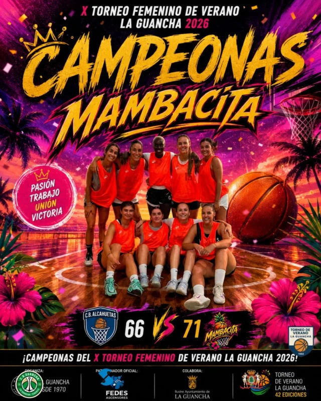 🏆🔥 𝗠𝗔𝗠𝗕𝗔𝗖𝗜𝗧𝗔, 𝗖𝗔𝗠𝗣𝗘𝗢𝗡𝗔𝗦 𝗗𝗘𝗟 𝗫 𝗧𝗢𝗥𝗡𝗘𝗢 𝗙𝗘𝗠𝗘𝗡𝗜𝗡𝗢 𝗗𝗘 𝗩𝗘𝗥𝗔𝗡𝗢 𝗟𝗔 𝗚𝗨𝗔𝗡𝗖𝗛𝗔 𝟮𝟬𝟮𝟲 🏆🔥
💥 𝗨𝗡𝗔 𝗙𝗜𝗡𝗔𝗟 𝗣𝗔𝗥𝗔 𝗟𝗔 𝗛𝗜𝗦𝗧𝗢𝗥𝗜𝗔. Mambacita se proclama 𝗖𝗔𝗠𝗣𝗘𝗢𝗡𝗔 después de protagonizar una espectacular remontada ante C.B. Alcahuetas en una final cargada de emoción, tensión y muchísimo baloncesto.
😱 Cuando parecía que el título se alejaba, 𝗠𝗮𝗺𝗯𝗮𝗰𝗶𝘁𝗮 𝘀𝗲 𝗻𝗲𝗴𝗼́ 𝗮 𝗿𝗲𝗻𝗱𝗶𝗿𝘀𝗲. Tiró de carácter, creyó hasta el último segundo y culminó una 𝗛𝗜𝗦𝗧𝗢́𝗥𝗜𝗖𝗔 𝗥𝗘𝗠𝗢𝗡𝗧𝗔𝗗𝗔 para forzar una prórroga que hizo vibrar al 𝗙𝗲𝗱𝗲𝘀 𝗔𝗿𝗲𝗻𝗮. 🔥🏀
⏱️ Y en el tiempo extra, las Mambacita dieron un paso adelante. Fueron superiores, completaron la remontada y cerraron la final con el 𝟲𝟲-𝟳𝟭 definitivo. 🏆💪
👑 Pero este campeonato tiene además un significado 𝗠𝗨𝗬 𝗘𝗦𝗣𝗘𝗖𝗜𝗔𝗟.
🏆🏆🏆🏆🏆 𝗠𝗔𝗠𝗕𝗔𝗖𝗜𝗧𝗔 𝗔𝗟𝗖𝗔𝗡𝗭𝗔 𝗦𝗨 𝗤𝗨𝗜𝗡𝗧𝗢 𝗧𝗜́𝗧𝗨𝗟𝗢 y pasa a quedarse 𝗘𝗡 𝗦𝗢𝗟𝗜𝗧𝗔𝗥𝗜𝗢 𝗖𝗢𝗠𝗢 𝗘𝗟 𝗘𝗤𝗨𝗜𝗣𝗢 𝗠𝗔́𝗦 𝗟𝗔𝗨𝗥𝗘𝗔𝗗𝗢 𝗗𝗘 𝗟𝗔 𝗛𝗜𝗦𝗧𝗢𝗥𝗜𝗔 𝗗𝗘𝗟 𝗧𝗢𝗥𝗡𝗘𝗢 𝗙𝗘𝗠𝗘𝗡𝗜𝗡𝗢. 👑🔥
👏 Enhorabuena también a 𝗖.𝗕. 𝗔𝗹𝗰𝗮𝗵𝘂𝗲𝘁𝗮𝘀, que ha firmado un extraordinario torneo y ha sido protagonista de una final espectacular que engrandece todavía más esta décima edición. 💙🏀
💙 Nuestro agradecimiento a 𝗙𝗘𝗗𝗘𝗦 𝗔𝗦𝗖𝗘𝗡𝗦𝗢𝗥𝗘𝗦, patrocinador oficial, por su apoyo y compromiso para seguir haciendo crecer nuestro Torneo de Verano y convertir el 𝗙𝗲𝗱𝗲𝘀 𝗔𝗿𝗲𝗻𝗮 en el escenario de noches inolvidables como esta.
🎉🏀 ¡¡𝗘𝗡𝗛𝗢𝗥𝗔𝗕𝗨𝗘𝗡𝗔, 𝗠𝗔𝗠𝗕𝗔𝗖𝗜𝗧𝗔!!
👑 𝗖𝗔𝗠𝗣𝗘𝗢𝗡𝗔𝗦 𝟮𝟬𝟮𝟲
🏆 𝗖𝗜𝗡𝗖𝗢 𝗧𝗜́𝗧𝗨𝗟𝗢𝗦. 𝗨𝗡 𝗡𝗨𝗘𝗩𝗢 𝗥𝗘́𝗖𝗢𝗥𝗗. 𝗛𝗜𝗦𝗧𝗢𝗥𝗜𝗔 𝗗𝗘𝗟 𝗧𝗢𝗥𝗡𝗘𝗢.
#SomosFamiliaCBG #Desde1970 #TorneoDeVeranoLaGuancha #Mambacita #Campeonas2026 #FedesAscensores #LaGuancha 🏀🏆💚