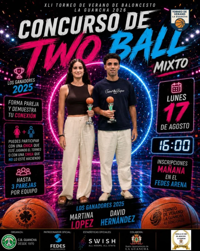 🏀🔥 𝗖𝗢𝗡𝗖𝗨𝗥𝗦𝗢 𝗗𝗘 𝗧𝗪𝗢 𝗕𝗔𝗟𝗟 𝟮𝟬𝟮𝟲 🔥🏀
¡La 𝗝𝗢𝗥𝗡𝗔𝗗𝗔 𝗙𝗜𝗡𝗔𝗟 comienza por todo lo alto! 💥 Este lunes regresa una de las pruebas más divertidas y esperadas de nuestro Torneo de Verano: el 𝗖𝗢𝗡𝗖𝗨𝗥𝗦𝗢 𝗗𝗘 𝗧𝗪𝗢 𝗕𝗔𝗟𝗟 𝗠𝗜𝗫𝗧𝗢. 🏀👩🏻‍🤝‍👨🏽🏀
🏆 Y para anunciarlo, qué mejor que recordar a los 𝗖𝗔𝗠𝗣𝗘𝗢𝗡𝗘𝗦 𝗗𝗘 𝟮𝟬𝟮𝟱, 𝗠𝗔𝗥𝗧𝗜𝗡𝗔 𝗟𝗢́𝗣𝗘𝗭 𝗬 𝗗𝗔𝗩𝗜𝗗 𝗛𝗘𝗥𝗡𝗔́𝗡𝗗𝗘𝗭, protagonistas de la pasada edición y vencedores de un concurso que volvió a dejarnos grandes momentos. 👏🏼🥇
📅 𝗟𝗨𝗡𝗘𝗦 𝟭𝟳 𝗗𝗘 𝗔𝗚𝗢𝗦𝗧𝗢
⏰ 𝟭𝟲:𝟬𝟬 𝗛𝗢𝗥𝗔𝗦
📍 𝗙𝗘𝗗𝗘𝗦 𝗔𝗥𝗘𝗡𝗔 – 𝗣𝗟𝗨𝗦 𝗨𝗟𝗧𝗥𝗔
👫 Competición 𝗠𝗜𝗫𝗧𝗔.
🏀 Hasta 𝟯 𝗣𝗔𝗥𝗘𝗝𝗔𝗦 𝗣𝗢𝗥 𝗘𝗤𝗨𝗜𝗣𝗢.
✍🏼 Las inscripciones se realizarán mañana en el propio 𝗙𝗘𝗗𝗘𝗦 𝗔𝗥𝗘𝗡𝗔.
🔵 Un año más contamos con el respaldo de 𝗙𝗘𝗗𝗘𝗦 𝗔𝗦𝗖𝗘𝗡𝗦𝗢𝗥𝗘𝗦, 𝗣𝗔𝗧𝗥𝗢𝗖𝗜𝗡𝗔𝗗𝗢𝗥 𝗢𝗙𝗜𝗖𝗜𝗔𝗟 de nuestro Torneo de Verano. Gracias por seguir apostando por el deporte, el baloncesto y por una competición que forma parte de la historia deportiva de La Guancha. 🛗🏀🤝
⚡ Precisión, velocidad, compenetración… ¡y a sumar puntos! ¿Quiénes tomarán el relevo de Martina y David? 👀🏆
💚🤍 𝗫𝗟𝗜𝗜 𝗧𝗢𝗥𝗡𝗘𝗢 𝗗𝗘 𝗩𝗘𝗥𝗔𝗡𝗢 𝗗𝗘 𝗕𝗔𝗟𝗢𝗡𝗖𝗘𝗦𝗧𝗢 𝗟𝗔 𝗚𝗨𝗔𝗡𝗖𝗛𝗔 𝟮𝟬𝟮𝟲
#SomosFamiliaCBG #Desde1970 #TorneoDeVerano #LaGuancha #TwoBall #Baloncesto 🏀💚