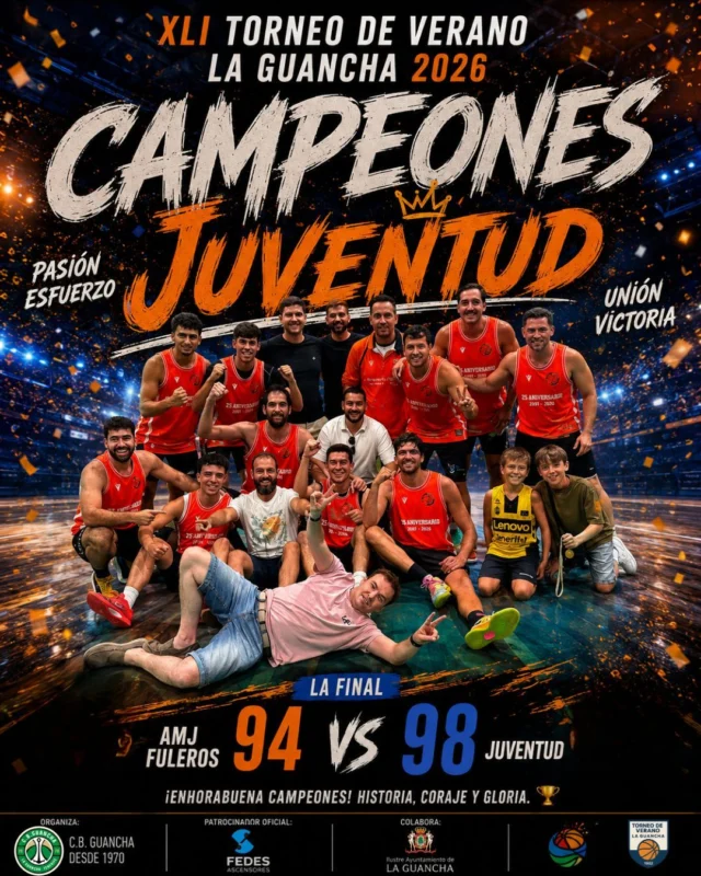 🏆🔥 𝗝𝗨𝗩𝗘𝗡𝗧𝗨𝗗, 𝗖𝗔𝗠𝗣𝗘𝗢́𝗡 𝗗𝗘𝗟 𝗫𝗟𝗜 𝗧𝗢𝗥𝗡𝗘𝗢 𝗗𝗘 𝗩𝗘𝗥𝗔𝗡𝗢 𝗟𝗔 𝗚𝗨𝗔𝗡𝗖𝗛𝗔 𝟮𝟬𝟮𝟲 🔥🏆
🏀❤️ ¡OTRA FINAL ESPECTACULAR EN EL FEDES ARENA! Dos equipos dejándolo absolutamente todo sobre la cancha y un partido que no encontró dueño hasta los últimos segundos. Emoción, tensión, carácter y muchísimo baloncesto para cerrar por todo lo alto siete semanas inolvidables. 🔥⛹️‍♂️
🏆 AMJ FULEROS 94 - JUVENTUD 98 🏆
👏🧡 AMJ FULEROS DISPUTABA LA PRIMERA FINAL DE SU HISTORIA en nuestro Torneo de Verano y estuvo muy cerca de coronarla con el título. Un enorme campeonato de un equipo que llegó hasta el último partido y peleó hasta el último segundo. ¡Enhorabuena por el torneo realizado! 💪🔥
👑💙 Pero esta noche la gloria fue para JUVENTUD. Después de una final tremenda, consiguió imponerse por 94-98 y levantar el trofeo de CAMPEÓN DEL XLI TORNEO DE VERANO DE BALONCESTO LA GUANCHA 2026. 🏆🏀
🥇 SEGUNDO CAMPEONATO PARA JUVENTUD en la historia del torneo. Un nuevo título para un equipo que vuelve a escribir su nombre entre los campeones de una competición que ya suma 41 ediciones.
Hoy no toca hablar de mañana.
HOY TOCA CELEBRAR. 🎉
HOY TOCA LEVANTAR LA COPA. 🏆
HOY TOCA DISFRUTARLO. 🙌
👑🔥 HOY ES EL DÍA DEL JUVENTUD. 🔥👑
👏 ENHORABUENA, CAMPEONES. 🏆💙
#TorneoDeVeranoLaGuancha #Juventud #Campeones #XLITorneoDeVerano #FedesArena #Baloncesto #LaGuancha #SomosFamiliaCBG #Desde1970