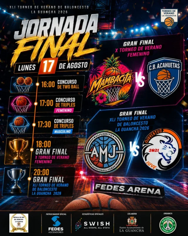 🏀🔥 𝗝𝗢𝗥𝗡𝗔𝗗𝗔 𝗙𝗜𝗡𝗔𝗟 | 𝗘𝗟 𝗚𝗥𝗔𝗡 𝗗𝗘𝗦𝗘𝗡𝗟𝗔𝗖𝗘 𝗗𝗘𝗟 𝗩𝗘𝗥𝗔𝗡𝗢 🔥🏀
Este lunes 17 de agosto, el 𝗙𝗘𝗗𝗘𝗦 𝗔𝗥𝗘𝗡𝗔 vivirá una de esas tardes que esperamos durante todo el verano. Llegamos a la 𝗝𝗢𝗥𝗡𝗔𝗗𝗔 𝗙𝗜𝗡𝗔𝗟 de nuestros Torneos de Verano 2026, con concursos, espectáculo y las dos grandes finales sénior. 🏆
Después de semanas de baloncesto, emoción y muchísimo ambiente, llega el momento de conocer a los nuevos campeones.
⏰ 𝗣𝗥𝗢𝗚𝗥𝗔𝗠𝗔 𝗗𝗘 𝗟𝗔 𝗝𝗢𝗥𝗡𝗔𝗗𝗔
🏀 𝟭𝟲:𝟬𝟬 | 𝗖𝗢𝗡𝗖𝗨𝗥𝗦𝗢 𝗗𝗘 𝗧𝗪𝗢 𝗕𝗔𝗟𝗟
🎯 𝟭𝟳:𝟬𝟬 | 𝗖𝗢𝗡𝗖𝗨𝗥𝗦𝗢 𝗗𝗘 𝗧𝗥𝗜𝗣𝗟𝗘𝗦 𝗙𝗘𝗠𝗘𝗡𝗜𝗡𝗢
🎯 𝟭𝟳:𝟯𝟬 | 𝗖𝗢𝗡𝗖𝗨𝗥𝗦𝗢 𝗗𝗘 𝗧𝗥𝗜𝗣𝗟𝗘𝗦 𝗠𝗔𝗦𝗖𝗨𝗟𝗜𝗡𝗢
🏆 𝟭𝟴:𝟬𝟬 | 𝗚𝗥𝗔𝗡 𝗙𝗜𝗡𝗔𝗟 – 𝗫 𝗧𝗢𝗥𝗡𝗘𝗢 𝗗𝗘 𝗩𝗘𝗥𝗔𝗡𝗢 𝗙𝗘𝗠𝗘𝗡𝗜𝗡𝗢
🌴 𝗠𝗔𝗠𝗕𝗔𝗖𝗜𝗧𝗔 🆚 𝗖.𝗕. 𝗔𝗟𝗖𝗔𝗛𝗨𝗘𝗧𝗔𝗦 🔵
🏆 𝟮𝟬:𝟬𝟬 | 𝗚𝗥𝗔𝗡 𝗙𝗜𝗡𝗔𝗟 – 𝗫𝗟𝗜 𝗧𝗢𝗥𝗡𝗘𝗢 𝗗𝗘 𝗩𝗘𝗥𝗔𝗡𝗢 𝗟𝗔 𝗚𝗨𝗔𝗡𝗖𝗛𝗔 𝟮𝟬𝟮𝟲
🏀 𝗔𝗠𝗝 𝗙𝗨𝗟𝗘𝗥𝗢𝗦 🆚 𝗝𝗨𝗩𝗘𝗡𝗧𝗨𝗗 🏀
🔥 𝗗𝗢𝗦 𝗙𝗜𝗡𝗔𝗟𝗘𝗦. 𝗗𝗢𝗦 𝗖𝗔𝗠𝗣𝗘𝗢𝗡𝗘𝗦. 𝗨𝗡𝗔 𝗚𝗥𝗔𝗡 𝗡𝗢𝗖𝗛𝗘 𝗗𝗘 𝗕𝗔𝗟𝗢𝗡𝗖𝗘𝗦𝗧𝗢.
Queremos que las gradas del 𝗙𝗘𝗗𝗘𝗦 𝗔𝗥𝗘𝗡𝗔 – 𝗣𝗟𝗨𝗦 𝗨𝗟𝗧𝗥𝗔 vuelvan a llenarse para poner el broche de oro a una nueva edición de nuestro torneo. Jugadores, familias, amigos y aficionados tienen una cita con una de las noches más especiales del verano guanchero.
💙 𝗙𝗘𝗗𝗘𝗦 𝗔𝗦𝗖𝗘𝗡𝗦𝗢𝗥𝗘𝗦, patrocinador oficial, vuelve a acompañarnos en esta gran jornada final y durante todo un torneo que convierte cada verano al Plus Ultra en el epicentro del baloncesto en La Guancha.
📊 Estadísticas oficiales: 𝗦𝗪𝗜𝗦𝗛
🤝 Colabora: 𝗜𝗟𝗨𝗦𝗧𝗥𝗘 𝗔𝗬𝗨𝗡𝗧𝗔𝗠𝗜𝗘𝗡𝗧𝗢 𝗗𝗘 𝗟𝗔 𝗚𝗨𝗔𝗡𝗖𝗛𝗔
🏀 Organiza: 𝗖.𝗕. 𝗚𝗨𝗔𝗡𝗖𝗛𝗔
📍 𝗙𝗘𝗗𝗘𝗦 𝗔𝗥𝗘𝗡𝗔 – 𝗣𝗟𝗨𝗦 𝗨𝗟𝗧𝗥𝗔
📅 𝗟𝗨𝗡𝗘𝗦 𝟭𝟳 𝗗𝗘 𝗔𝗚𝗢𝗦𝗧𝗢
🔥🏀 𝗘𝗟 𝗟𝗨𝗡𝗘𝗦, 𝗧𝗢𝗗𝗢𝗦 𝗔𝗟 𝗙𝗘𝗗𝗘𝗦 𝗔𝗥𝗘𝗡𝗔
🏆 𝗟𝗟𝗘𝗚𝗢́ 𝗟𝗔 𝗛𝗢𝗥𝗔 𝗗𝗘 𝗟𝗔𝗦 𝗙𝗜𝗡𝗔𝗟𝗘𝗦
#SomosFamiliaCBG #Desde1970 #TorneoDeVerano #LaGuancha #Baloncesto #FedesArena #FEDESAscensores #Finales2026