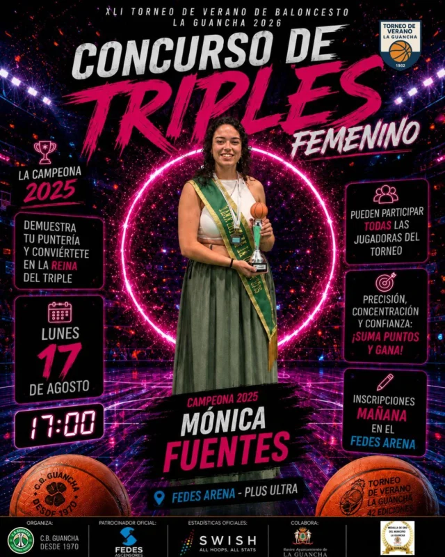 🏀🔥 𝗖𝗢𝗡𝗖𝗨𝗥𝗦𝗢 𝗗𝗘 𝗧𝗥𝗜𝗣𝗟𝗘𝗦 𝗙𝗘𝗠𝗘𝗡𝗜𝗡𝗢 🔥🏀
🎯 Mañana llega uno de los momentos más esperados de la 𝗝𝗢𝗥𝗡𝗔𝗗𝗔 𝗙𝗜𝗡𝗔𝗟 del Torneo de Verano de Baloncesto La Guancha 2026: ¡es hora de buscar a la nueva reina del triple! 👑🏀
🗓️ 𝗟𝗨𝗡𝗘𝗦 𝟭𝟳 𝗗𝗘 𝗔𝗚𝗢𝗦𝗧𝗢
⏰ 𝟭𝟳:𝟬𝟬 𝗛𝗢𝗥𝗔𝗦
📍 𝗙𝗘𝗗𝗘𝗦 𝗔𝗥𝗘𝗡𝗔 – 𝗣𝗟𝗨𝗦 𝗨𝗟𝗧𝗥𝗔
⚠️ 𝗠𝗨𝗬 𝗜𝗠𝗣𝗢𝗥𝗧𝗔𝗡𝗧𝗘: podrán participar 𝗛𝗔𝗦𝗧𝗔 𝟯 𝗝𝗨𝗚𝗔𝗗𝗢𝗥𝗔𝗦 𝗣𝗢𝗥 𝗘𝗤𝗨𝗜𝗣𝗢. Las inscripciones se realizarán mañana directamente en el pabellón.
🏆 En 2025, 𝗠𝗢́𝗡𝗜𝗖𝗔 𝗙𝗨𝗘𝗡𝗧𝗘𝗦 se proclamó campeona del concurso. Ahora llega el momento de conocer quién tomará el relevo en esta nueva edición. 🎯🔥
🔝 Precisión, concentración, velocidad y muchos triples. ¿Quién tendrá la muñeca más caliente cuando llegue el momento decisivo? 🏀💥
🛗 𝗙𝗘𝗗𝗘𝗦 𝗔𝗦𝗖𝗘𝗡𝗦𝗢𝗥𝗘𝗦, patrocinador oficial del Torneo de Verano, continúa acompañándonos en esta gran fiesta del baloncesto y dando nombre a nuestra casa durante toda la competición: el 𝗙𝗘𝗗𝗘𝗦 𝗔𝗥𝗘𝗡𝗔.
💚🤍 𝗢𝗥𝗚𝗔𝗡𝗜𝗭𝗔: C.B. Guancha
🤝 𝗖𝗢𝗟𝗔𝗕𝗢𝗥𝗔: Ayuntamiento de La Guancha
📊 𝗘𝗦𝗧𝗔𝗗𝗜́𝗦𝗧𝗜𝗖𝗔𝗦 𝗢𝗙𝗜𝗖𝗜𝗔𝗟𝗘𝗦: SWISH
🏀🔥 𝗠𝗔𝗡̃𝗔𝗡𝗔… 𝗔 𝗟𝗟𝗘𝗡𝗔𝗥 𝗘𝗟 𝗙𝗘𝗗𝗘𝗦 𝗔𝗥𝗘𝗡𝗔 🔥🏀
#SomosFamiliaCBG #Desde1970 #TorneoDeVerano #LaGuancha #Baloncesto #FedesAscensores