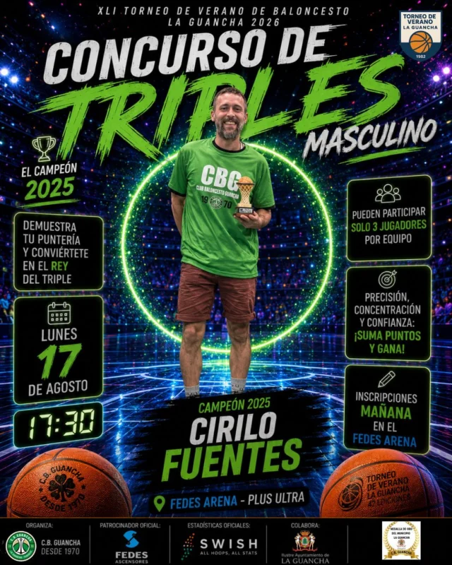 🏀🎯 𝗖𝗢𝗡𝗖𝗨𝗥𝗦𝗢 𝗗𝗘 𝗧𝗥𝗜𝗣𝗟𝗘𝗦 𝗠𝗔𝗦𝗖𝗨𝗟𝗜𝗡𝗢 𝟮𝟬𝟮𝟲 🎯🏀
¡Llega la hora de los grandes tiradores! 🔥 Este lunes, dentro de nuestra 𝗝𝗢𝗥𝗡𝗔𝗗𝗔 𝗙𝗜𝗡𝗔𝗟, celebraremos una nueva edición del 𝗖𝗢𝗡𝗖𝗨𝗥𝗦𝗢 𝗗𝗘 𝗧𝗥𝗜𝗣𝗟𝗘𝗦 𝗠𝗔𝗦𝗖𝗨𝗟𝗜𝗡𝗢. 🎯🏀
🏆 Y para anunciarlo, recordamos al 𝗖𝗔𝗠𝗣𝗘𝗢́𝗡 𝗗𝗘 𝟮𝟬𝟮𝟱, 𝗖𝗜𝗥𝗜𝗟𝗢 𝗙𝗨𝗘𝗡𝗧𝗘𝗦, que el pasado verano se impuso desde la línea de tres y levantó el trofeo de campeón. 👏🏼🥇
📅 𝗟𝗨𝗡𝗘𝗦 𝟭𝟳 𝗗𝗘 𝗔𝗚𝗢𝗦𝗧𝗢
⏰ 𝟭𝟳:𝟯𝟬 𝗛𝗢𝗥𝗔𝗦
📍 𝗙𝗘𝗗𝗘𝗦 𝗔𝗥𝗘𝗡𝗔 – 𝗣𝗟𝗨𝗦 𝗨𝗟𝗧𝗥𝗔
⚠️ 𝗜𝗠𝗣𝗢𝗥𝗧𝗔𝗡𝗧𝗘: cada equipo podrá presentar un máximo de 𝟯 𝗝𝗨𝗚𝗔𝗗𝗢𝗥𝗘𝗦. Solo tres representantes por equipo tendrán la oportunidad de demostrar quién tiene la mejor muñeca del torneo. 🎯🔥
✍🏼 Las inscripciones se realizarán mañana en el propio 𝗙𝗘𝗗𝗘𝗦 𝗔𝗥𝗘𝗡𝗔.
🔵 𝗙𝗘𝗗𝗘𝗦 𝗔𝗦𝗖𝗘𝗡𝗦𝗢𝗥𝗘𝗦, 𝗣𝗔𝗧𝗥𝗢𝗖𝗜𝗡𝗔𝗗𝗢𝗥 𝗢𝗙𝗜𝗖𝗜𝗔𝗟 de nuestro Torneo de Verano, vuelve a estar presente en esta gran jornada. Su apoyo y compromiso hacen posible que nuestra histórica competición continúe creciendo edición tras edición. ¡Gracias por seguir apostando por el baloncesto y por La Guancha! 🤝🏀
🔥 Precisión, concentración, rapidez y nervios de acero. Balón tras balón, cada lanzamiento contará en la lucha por convertirse en el nuevo 𝗥𝗘𝗬 𝗗𝗘𝗟 𝗧𝗥𝗜𝗣𝗟𝗘. 👑🏀
¿Quién sucederá a 𝗖𝗜𝗥𝗜𝗟𝗢 𝗙𝗨𝗘𝗡𝗧𝗘𝗦 como campeón? 👀🏆
💚🤍 𝗫𝗟𝗜𝗜 𝗧𝗢𝗥𝗡𝗘𝗢 𝗗𝗘 𝗩𝗘𝗥𝗔𝗡𝗢 𝗗𝗘 𝗕𝗔𝗟𝗢𝗡𝗖𝗘𝗦𝗧𝗢 𝗟𝗔 𝗚𝗨𝗔𝗡𝗖𝗛𝗔 𝟮𝟬𝟮𝟲
#SomosFamiliaCBG #Desde1970 #TorneoDeVerano #LaGuancha #ConcursoDeTriples #Baloncesto 🏀💚