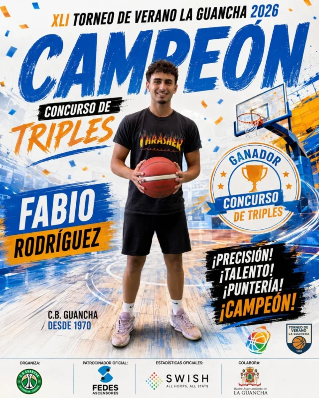 🏀🔥 𝗙𝗔𝗕𝗜𝗢 𝗥𝗢𝗗𝗥𝗜́𝗚𝗨𝗘𝗭, 𝗖𝗔𝗠𝗣𝗘𝗢́𝗡 𝗗𝗘𝗟 𝗖𝗢𝗡𝗖𝗨𝗥𝗦𝗢 𝗗𝗘 𝗧𝗥𝗜𝗣𝗟𝗘𝗦 🔥🏀
🎯 ¡Qué muñeca! ¡Qué puntería! ¡Qué manera de enchufarlas! 𝗙𝗮𝗯𝗶𝗼 𝗥𝗼𝗱𝗿𝗶́𝗴𝘂𝗲𝘇 se proclama 𝗖𝗔𝗠𝗣𝗘𝗢́𝗡 𝗗𝗘𝗟 𝗖𝗢𝗡𝗖𝗨𝗥𝗦𝗢 𝗗𝗘 𝗧𝗥𝗜𝗣𝗟𝗘𝗦 del 𝗫𝗟𝗜 𝗧𝗼𝗿𝗻𝗲𝗼 𝗱𝗲 𝗩𝗲𝗿𝗮𝗻𝗼 𝗱𝗲 𝗕𝗮𝗹𝗼𝗻𝗰𝗲𝘀𝘁𝗼 𝗟𝗮 𝗚𝘂𝗮𝗻𝗰𝗵𝗮 𝟮𝟬𝟮𝟲. 🏆💥
🏀 Una competición donde había que tener 𝗽𝗿𝗲𝗰𝗶𝘀𝗶𝗼́𝗻, 𝘁𝗲𝗺𝗽𝗹𝗲 𝘆 𝗺𝘂𝗰𝗵𝗮 𝗰𝗼𝗻𝗳𝗶𝗮𝗻𝘇𝗮, y Fabio respondió desde la línea de tres para llevarse el título. 🎯🔥
👏👏 ¡¡𝗘𝗡𝗛𝗢𝗥𝗔𝗕𝗨𝗘𝗡𝗔, 𝗙𝗔𝗕𝗜𝗢!! Ya tienes tu nombre entre los campeones de uno de los concursos clásicos de nuestro Torneo de Verano. 🏆🏀
💙 Nuestro agradecimiento a 𝗙𝗘𝗗𝗘𝗦 𝗔𝗦𝗖𝗘𝗡𝗦𝗢𝗥𝗘𝗦, patrocinador oficial, por seguir apostando por nuestro torneo y ayudarnos a hacer posible una nueva edición de esta gran fiesta del baloncesto en La Guancha. 🙌
💚🏀 𝗫𝗟𝗜 𝗧𝗢𝗥𝗡𝗘𝗢 𝗗𝗘 𝗩𝗘𝗥𝗔𝗡𝗢 𝗗𝗘 𝗕𝗔𝗟𝗢𝗡𝗖𝗘𝗦𝗧𝗢 𝗟𝗔 𝗚𝗨𝗔𝗡𝗖𝗛𝗔 𝟮𝟬𝟮𝟲
#SomosFamiliaCBG #Desde1970 #TorneoDeVeranoLaGuancha #FedesAscensores #Baloncesto #LaGuancha