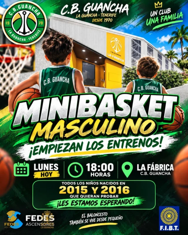 🏀💚 ¡𝗛𝗢𝗬 𝗘𝗠𝗣𝗜𝗘𝗭𝗔 𝗘𝗟 𝗠𝗜𝗡𝗜𝗕𝗔𝗦𝗞𝗘𝗧 𝗠𝗔𝗦𝗖𝗨𝗟𝗜𝗡𝗢! 💚🏀
Las puertas de 𝗟𝗔 𝗙Á𝗕𝗥𝗜𝗖𝗔 vuelven a abrirse para recibir a nuestros pequeños jugadores. Arranca una nueva temporada para nuestro Minibasket Masculino y queremos que ningún niño con ganas de jugar al baloncesto se quede sin probar. 🙌🏼🏀
📣 𝗦𝗜 𝗡𝗔𝗖𝗜𝗦𝗧𝗘 𝗘𝗡 𝟮𝟬𝟭𝟱 𝗢 𝟮𝟬𝟭𝟲, ¡𝗧𝗘 𝗘𝗦𝗧𝗔𝗠𝗢𝗦 𝗘𝗦𝗣𝗘𝗥𝗔𝗡𝗗𝗢!
No importa si ya has jugado antes o si quieres coger un balón por primera vez. Ven, prueba, conoce a tus compañeros y descubre todo lo que puede ofrecerte el baloncesto. 💚
🚪🏀 𝗦𝗘𝗠𝗔𝗡𝗔 𝗗𝗘 𝗣𝗨𝗘𝗥𝗧𝗔𝗦 𝗔𝗕𝗜𝗘𝗥𝗧𝗔𝗦 𝗬 𝗘𝗡𝗧𝗥𝗘𝗡𝗔𝗠𝗜𝗘𝗡𝗧𝗢𝗦 𝗗𝗘 𝗣𝗥𝗨𝗘𝗕𝗔
Durante esta semana tendremos 𝗧𝗥𝗘𝗦 𝗗Í𝗔𝗦 𝗣𝗔𝗥𝗔 𝗩𝗘𝗡𝗜𝗥 𝗔 𝗣𝗥𝗢𝗕𝗔𝗥, totalmente abiertos a nuevos jugadores:
📅 𝗟𝗨𝗡𝗘𝗦 𝟮𝟭 — 🕕 18:00 horas
📅 𝗠𝗜É𝗥𝗖𝗢𝗟𝗘𝗦 𝟮𝟯 — 🕕 18:00 horas
📅 𝗩𝗜𝗘𝗥𝗡𝗘𝗦 𝟮𝟱 — 🕕 18:00 horas
📍 𝗣𝗔𝗕𝗘𝗟𝗟Ó𝗡 𝗟𝗔 𝗙Á𝗕𝗥𝗜𝗖𝗔 – 𝗟𝗔 𝗚𝗨𝗔𝗡𝗖𝗛𝗔
👦 Niños nacidos en 2015 y 2016.
𝗦𝗢𝗟𝗢 𝗛𝗔𝗖𝗘 𝗙𝗔𝗟𝗧𝗔𝗡 𝗚𝗔𝗡𝗔𝗦 𝗗𝗘 𝗣𝗥𝗢𝗕𝗔𝗥 𝗬 𝗗𝗜𝗦𝗙𝗥𝗨𝗧𝗔𝗥. Nosotros ponemos el balón y las ganas de hacer equipo. 🏀💚
Porque en estas edades no se trata únicamente de aprender a botar, pasar o tirar a canasta. Se trata de 𝗛𝗔𝗖𝗘𝗥 𝗔𝗠𝗜𝗚𝗢𝗦, 𝗗𝗜𝗩𝗘𝗥𝗧𝗜𝗥𝗦𝗘, 𝗔𝗣𝗥𝗘𝗡𝗗𝗘𝗥 𝗩𝗔𝗟𝗢𝗥𝗘𝗦 𝗬 𝗦𝗘𝗡𝗧𝗜𝗥𝗦𝗘 𝗣𝗔𝗥𝗧𝗘 𝗗𝗘 𝗨𝗡 𝗘𝗤𝗨𝗜𝗣𝗢.
Y quién sabe… quizá esta semana en La Fábrica empiece una historia que dure muchos años. 💚🤍
⬆️ 𝗙𝗘𝗗𝗘𝗦 𝗔𝗦𝗖𝗘𝗡𝗦𝗢𝗥𝗘𝗦 continúa apostando por nuestro club y, especialmente, por el deporte desde la base. Especialistas en ascensores y soluciones de elevación, siguen creciendo junto al C.B. Guancha y apoyando el lugar donde empieza todo: 𝗡𝗨𝗘𝗦𝗧𝗥𝗔 𝗖𝗔𝗡𝗧𝗘𝗥𝗔.
🏀 𝗙𝗘𝗗𝗘𝗥𝗔𝗖𝗜Ó𝗡 𝗜𝗡𝗦𝗨𝗟𝗔𝗥 𝗗𝗘 𝗕𝗔𝗟𝗢𝗡𝗖𝗘𝗦𝗧𝗢 𝗗𝗘 𝗧𝗘𝗡𝗘𝗥𝗜𝗙𝗘, acompañando y promoviendo el crecimiento del baloncesto y de sus categorías de formación en nuestra isla.
💚 𝗘𝗟 𝗕𝗔𝗟𝗢𝗡𝗖𝗘𝗦𝗧𝗢 𝗧𝗔𝗠𝗕𝗜É𝗡 𝗦𝗘 𝗩𝗜𝗩𝗘 𝗗𝗘𝗦𝗗𝗘 𝗣𝗘𝗤𝗨𝗘Ñ𝗢.
🤍 𝗠Á𝗦 𝗤𝗨𝗘 𝗨𝗡 𝗖𝗟𝗨𝗕, 𝗨𝗡𝗔 𝗙𝗔𝗠𝗜𝗟𝗜𝗔.
#SomosFamiliaCBG #Desde1970