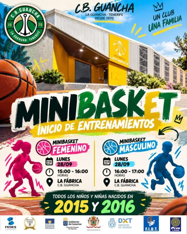 🏀💚 𝗛𝗢𝗬 𝗦𝗘𝗚𝗨𝗜𝗠𝗢𝗦 𝗣𝗢𝗡𝗜𝗘𝗡𝗗𝗢 𝗘𝗡 𝗠𝗔𝗥𝗖𝗛𝗔 𝗡𝗨𝗘𝗦𝗧𝗥𝗔 𝗖𝗔𝗡𝗧𝗘𝗥𝗔 | 𝗠𝗜𝗡𝗜𝗕𝗔𝗦𝗞𝗘𝗧 𝟮𝟲/𝟮𝟳 💚🏀
Hoy lunes llega el turno de nuestros equipos 𝗠𝗜𝗡𝗜𝗕𝗔𝗦𝗞𝗘𝗧 𝗙𝗘𝗠𝗘𝗡𝗜𝗡𝗢 𝗬 𝗠𝗔𝗦𝗖𝗨𝗟𝗜𝗡𝗢, que comienzan sus entrenamientos de la temporada 2026/2027 en 𝗟𝗔 𝗙Á𝗕𝗥𝗜𝗖𝗔 𝗖.𝗕. 𝗚𝗨𝗔𝗡𝗖𝗛𝗔. 🙌🏼
👧🏀 𝗠𝗜𝗡𝗜𝗕𝗔𝗦𝗞𝗘𝗧 𝗙𝗘𝗠𝗘𝗡𝗜𝗡𝗢
🕒 15:00 – 16:00 h
👦🏀 𝗠𝗜𝗡𝗜𝗕𝗔𝗦𝗞𝗘𝗧 𝗠𝗔𝗦𝗖𝗨𝗟𝗜𝗡𝗢
🕓 16:00 – 17:00 h
📍 𝗣𝗔𝗕𝗘𝗟𝗟Ó𝗡 𝗟𝗔 𝗙Á𝗕𝗥𝗜𝗖𝗔
Y seguimos con las puertas abiertas. 𝗘𝗦𝗣𝗘𝗥𝗔𝗠𝗢𝗦 𝗔 𝗧𝗢𝗗𝗢𝗦 𝗟𝗢𝗦 𝗡𝗜Ñ𝗢𝗦 𝗬 𝗡𝗜Ñ𝗔𝗦 𝗡𝗔𝗖𝗜𝗗𝗢𝗦 𝗘𝗡 𝟮𝟬𝟭𝟱 𝗬 𝟮𝟬𝟭𝟲 que quieran conocer el club, probar el baloncesto y formar parte de nuestros equipos. 💚🤍
No importa si ya han jugado anteriormente o si quieren coger un balón por primera vez. Lo importante es venir con ganas de aprender, hacer deporte, conocer nuevos amigos y disfrutar del baloncesto. 🏀
⬆️ 𝗙𝗘𝗗𝗘𝗦 𝗔𝗦𝗖𝗘𝗡𝗦𝗢𝗥𝗘𝗦 | Además de ascensores, FEDES ofrece soluciones para mejorar la accesibilidad, como elevadores unifamiliares, plataformas y sillas salvaescaleras, adaptándose a las necesidades de viviendas y edificios.
⛽ 𝗣𝗖𝗔𝗡 𝗟𝗔 𝗚𝗨𝗔𝗡𝗖𝗛𝗔 | Una empresa familiar vinculada a nuestro municipio desde 1966. Además del repostaje, ofrece diferentes servicios y productos para el vehículo, facilitando todo lo necesario para continuar el camino.
🏛️ 𝗜𝗟𝗨𝗦𝗧𝗥𝗘 𝗔𝗬𝗨𝗡𝗧𝗔𝗠𝗜𝗘𝗡𝗧𝗢 𝗗𝗘 𝗟𝗔 𝗚𝗨𝗔𝗡𝗖𝗛𝗔 | Gracias por continuar apostando por el deporte base y respaldando el crecimiento de nuestra cantera, ayudándonos a que cada vez más niños y niñas de nuestro municipio puedan disfrutar del deporte.
💚 𝗟𝗔 𝗖𝗔𝗡𝗧𝗘𝗥𝗔 𝗘𝗦 𝗡𝗨𝗘𝗦𝗧𝗥𝗢 𝗙𝗨𝗧𝗨𝗥𝗢.
🏀 𝗨𝗡 𝗖𝗟𝗨𝗕, 𝗨𝗡𝗔 𝗙𝗔𝗠𝗜𝗟𝗜𝗔.
#SomosFamiliaCBG #Desde1970 #CBGuancha #Minibasket #CanteraCBG #LaGuancha #Baloncesto #Temporada2627