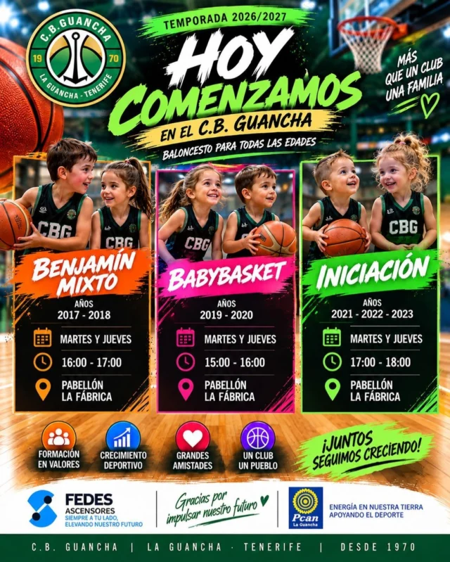 🏀💚 𝗜𝗘𝗠𝗣𝗘𝗭𝗔𝗠𝗢𝗦! 𝗬 𝗤𝗨𝗘𝗥𝗘𝗠𝗢𝗦 𝗤𝗨𝗘 𝗧𝗘 𝗦𝗨𝗠𝗘𝗦!

Hoy arrancan en 𝗟𝗔 𝗙𝗔́𝗕𝗥𝗜𝗖𝗔 nuestros equipos más pequeños. Una nueva temporada para 𝗝𝗨𝗚𝗔𝗥, 𝗔𝗣𝗥𝗘𝗡𝗗𝗘𝗥, 𝗛𝗔𝗖𝗘𝗥 𝗔𝗠𝗜𝗚𝗢𝗦 𝗬 𝗗𝗜𝗦𝗙𝗥𝗨𝗧𝗔𝗥 𝗗𝗘𝗟 𝗕𝗔𝗟𝗢𝗡𝗖𝗘𝗦𝗧𝗢. 🏀

👧👦 𝗕𝗘𝗡𝗝𝗔𝗠𝗜́𝗡 𝗠𝗜𝗫𝗧𝗢 | 𝟮𝟬𝟭𝟳–𝟮𝟬𝟭𝟴
🕓 Martes y jueves · 16:00–17:00 h

🏀 𝗕𝗔𝗕𝗬𝗕𝗔𝗦𝗞𝗘𝗧 | 𝟮𝟬𝟭𝟵–𝟮𝟬𝟮𝟬
🕒 Martes y jueves · 15:00–16:00 h

💚 𝗜𝗡𝗜𝗖𝗜𝗔𝗖𝗜𝗢́𝗡 | 𝟮𝟬𝟮𝟭–𝟮𝟬𝟮𝟮–𝟮𝟬𝟮𝟯
🕔 Martes y jueves · 17:00–18:00 h

📍 𝗟𝗔 𝗙𝗔́𝗕𝗥𝗜𝗖𝗔 – 𝗖.𝗕. 𝗚𝗨𝗔𝗡𝗖𝗛𝗔

¿Nunca han jugado? 𝗜𝗡𝗢 𝗜𝗠𝗣𝗢𝗥𝗧𝗔! 🙌
Que vengan, prueben y descubran el baloncesto con nosotros.

💚🤍 𝗜𝗧𝗢𝗗𝗔𝗩𝗜́𝗔 𝗘𝗦𝗧𝗔́𝗡 𝗔 𝗧𝗜𝗘𝗠𝗣𝗢 𝗗𝗘 𝗦𝗨𝗠𝗔𝗥𝗦𝗘 𝗔 𝗟𝗔 𝗙𝗔𝗠𝗜𝗟𝗜𝗔 𝗖𝗕𝗚!

Gracias al 𝗔𝗬𝗨𝗡𝗧𝗔𝗠𝗜𝗘𝗡𝗧𝗢 𝗗𝗘 𝗟𝗔 𝗚𝗨𝗔𝗡𝗖𝗛𝗔, 𝗙𝗘𝗗𝗘𝗦 𝗔𝗦𝗖𝗘𝗡𝗦𝗢𝗥𝗘𝗦 y 𝗣𝗖𝗔𝗡 𝗟𝗔 𝗚𝗨𝗔𝗡𝗖𝗛𝗔 por seguir apoyando nuestra cantera.

🏀 𝗖.𝗕. 𝗚𝗨𝗔𝗡𝗖𝗛𝗔 | 𝗗𝗘𝗦𝗗𝗘 𝟭𝟵𝟳𝟬 💚🤍

#SomosFamiliaCBG #Desde1970 #CanteraCBG #LaGuancha