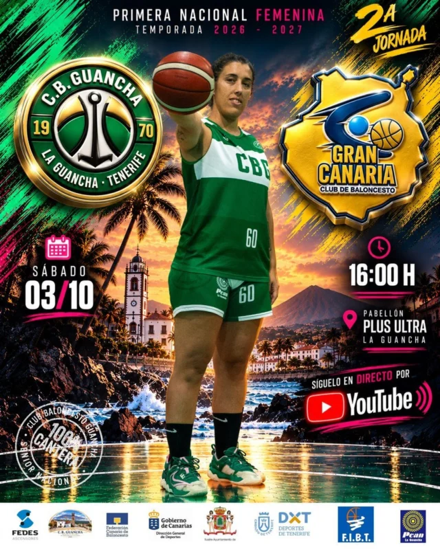 🏀💚 𝗘𝗟 𝗣𝗟𝗨𝗦 𝗨𝗟𝗧𝗥𝗔 𝗩𝗨𝗘𝗟𝗩𝗘 𝗔 𝗟𝗔𝗧𝗜𝗥 | 𝟮ª 𝗝𝗢𝗥𝗡𝗔𝗗𝗔 💚🏀
Después del estreno de la temporada en Lanzarote, 𝗺𝗮ñ𝗮𝗻𝗮 𝗻𝘂𝗲𝘀𝘁𝗿𝗼 𝗦é𝗻𝗶𝗼𝗿 𝗙𝗲𝗺𝗲𝗻𝗶𝗻𝗼 𝗱𝗲 𝟭ª 𝗡𝗮𝗰𝗶𝗼𝗻𝗮𝗹 𝗷𝘂𝗲𝗴𝗮 𝗽𝗼𝗿 𝗽𝗿𝗶𝗺𝗲𝗿𝗮 𝘃𝗲𝘇 𝗲𝗻 𝗰𝗮𝘀𝗮. 💚🤍
🆚 𝗖.𝗕. 𝗚𝗨𝗔𝗡𝗖𝗛𝗔 – 𝗚𝗥𝗔𝗡 𝗖𝗔𝗡𝗔𝗥𝗜𝗔 𝗨𝗟𝗣𝗚𝗖
📅 𝗦Á𝗕𝗔𝗗𝗢 𝟯 𝗗𝗘 𝗢𝗖𝗧𝗨𝗕𝗥𝗘
⏰ 𝟭𝟲:𝟬𝟬 𝗛
📍 𝗣𝗔𝗕𝗘𝗟𝗟Ó𝗡 𝗖𝗘𝗜𝗣 𝗣𝗟𝗨𝗦 𝗨𝗟𝗧𝗥𝗔 · 𝗟𝗔 𝗚𝗨𝗔𝗡𝗖𝗛𝗔
Nuestro equipo afronta esta segunda jornada con ganas de seguir creciendo y de buscar 𝗹𝗮 𝗽𝗿𝗶𝗺𝗲𝗿𝗮 𝘃𝗶𝗰𝘁𝗼𝗿𝗶𝗮 𝗱𝗲 𝗹𝗮 𝘁𝗲𝗺𝗽𝗼𝗿𝗮𝗱𝗮, esta vez con el apoyo de nuestra afición desde la grada.
📣 𝗠𝗔Ñ𝗔𝗡𝗔 𝗡𝗘𝗖𝗘𝗦𝗜𝗧𝗔𝗠𝗢𝗦 𝗔𝗟 𝗣𝗟𝗨𝗦 𝗨𝗟𝗧𝗥𝗔 𝗖𝗢𝗡 𝗘𝗟𝗟𝗔𝗦

📺🔴 𝗣𝗔𝗥𝗧𝗜𝗗𝗢 𝗘𝗡 𝗗𝗜𝗥𝗘𝗖𝗧𝗢
Si no puedes acompañarnos en el Plus Ultra, podrás seguir el encuentro 𝗘𝗡 𝗗𝗜𝗥𝗘𝗖𝗧𝗢 𝗔 𝗧𝗥𝗔𝗩É𝗦 𝗗𝗘 𝗡𝗨𝗘𝗦𝗧𝗥𝗢 𝗖𝗔𝗡𝗔𝗟 𝗗𝗘 𝗬𝗢𝗨𝗧𝗨𝗕𝗘.
▶️ 𝗘𝗡𝗟𝗔𝗖𝗘 𝗗𝗘𝗟 𝗣𝗔𝗥𝗧𝗜𝗗𝗢:
https://youtu.be/0thMMxwEH0s

𝗖𝗢𝗠𝗣𝗔𝗥𝗧𝗘 𝗟𝗔 𝗘𝗠𝗜𝗦𝗜Ó𝗡 𝗬 𝗛𝗔𝗚𝗔𝗠𝗢𝗦 𝗤𝗨𝗘 𝗘𝗟 𝗔𝗣𝗢𝗬𝗢 𝗔 𝗟𝗔𝗦 𝗡𝗨𝗘𝗦𝗧𝗥𝗔𝗦 𝗟𝗟𝗘𝗚𝗨𝗘 𝗧𝗔𝗠𝗕𝗜É𝗡 𝗗𝗘𝗦𝗗𝗘 𝗙𝗨𝗘𝗥𝗔 𝗗𝗘𝗟 𝗣𝗔𝗕𝗘𝗟𝗟Ó𝗡. 💚📲
⬆️ 𝗙𝗘𝗗𝗘𝗦 𝗔𝗦𝗖𝗘𝗡𝗦𝗢𝗥𝗘𝗦 | Especialistas en la 𝗿𝗲𝗵𝗮𝗯𝗶𝗹𝗶𝘁𝗮𝗰𝗶ó𝗻 𝘆 𝗺𝗼𝗱𝗲𝗿𝗻𝗶𝘇𝗮𝗰𝗶ó𝗻 𝗱𝗲 𝗮𝘀𝗰𝗲𝗻𝘀𝗼𝗿𝗲𝘀, mejorando instalaciones existentes y prolongando su vida útil. Gracias por seguir impulsando nuestro proyecto.
⛽ 𝗣𝗖𝗔𝗡 𝗟𝗔 𝗚𝗨𝗔𝗡𝗖𝗛𝗔 | Mucho más que repostar: 𝘀𝗲𝗿𝘃𝗶𝗰𝗶𝗼𝘀 𝘆 𝗽𝗿𝗼𝗱𝘂𝗰𝘁𝗼𝘀 𝗽𝗮𝗿𝗮 𝗲𝗹 𝘃𝗲𝗵í𝗰𝘂𝗹𝗼 𝘆 𝗽𝗮𝗿𝗮 𝗾𝘂𝗶𝗲𝗻𝗲𝘀 𝗲𝘀𝘁á𝗻 𝗰𝗮𝗱𝗮 𝗱í𝗮 𝗲𝗻 𝗹𝗮 𝗰𝗮𝗿𝗿𝗲𝘁𝗲𝗿𝗮. Gracias por seguir caminando junto al baloncesto de nuestro pueblo.
🏛️ 𝗜𝗟𝗨𝗦𝗧𝗥𝗘 𝗔𝗬𝗨𝗡𝗧𝗔𝗠𝗜𝗘𝗡𝗧𝗢 𝗗𝗘 𝗟𝗔 𝗚𝗨𝗔𝗡𝗖𝗛𝗔 | 𝗔𝗽𝗼𝘀𝘁𝗮𝗻𝗱𝗼 𝘂𝗻𝗮 𝘁𝗲𝗺𝗽𝗼𝗿𝗮𝗱𝗮 𝗺á𝘀 𝗽𝗼𝗿 𝗲𝗹 𝗱𝗲𝗽𝗼𝗿𝘁𝗲 𝗱𝗲 𝗻𝘂𝗲𝘀𝘁𝗿𝗼 𝗺𝘂𝗻𝗶𝗰𝗶𝗽𝗶𝗼.
💚🤍 𝗨𝗡 𝗣𝗨𝗘𝗕𝗟𝗢. 𝗨𝗡 𝗖𝗟𝗨𝗕. 𝗨𝗡𝗔 𝗙𝗔𝗠𝗜𝗟𝗜.
🔥 ¡𝗠𝗔Ñ𝗔𝗡𝗔, 𝗧𝗢𝗗𝗢𝗦 𝗔𝗟 𝗣𝗟𝗨𝗦 𝗨𝗟𝗧𝗥𝗔!
#SomosFamiliaCBG #Desde1970 #CBGuancha #PrimeraNacionalFemenina #LaGuancha #BaloncestoCanario #VamosGuancha