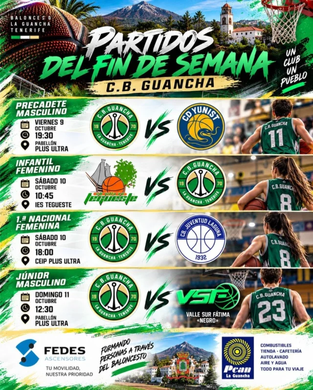 🏀💚 𝗖𝗨𝗔𝗧𝗥𝗢 𝗣𝗔𝗥𝗧𝗜𝗗𝗢𝗦, 𝗧𝗥𝗘𝗦 𝗗𝗘𝗕𝗨𝗧𝗦 𝗬 𝗧𝗢𝗗𝗔 𝗨𝗡𝗔 𝗙𝗔𝗠𝗜𝗟𝗜𝗔 𝗣𝗢𝗥 𝗗𝗘𝗟𝗔𝗡𝗧𝗘.

¡El baloncesto no para en La Guancha! 💚🤍

Del 𝟵 𝗔𝗟 𝟭𝟭 𝗗𝗘 𝗢𝗖𝗧𝗨𝗕𝗥𝗘, tendremos cuatro encuentros oficiales y una noticia que nos hace especial ilusión: ¡𝗧𝗥𝗘𝗦 𝗡𝗨𝗘𝗩𝗢𝗦 𝗘𝗤𝗨𝗜𝗣𝗢𝗦 𝗗𝗘 𝗡𝗨𝗘𝗦𝗧𝗥𝗢 𝗖𝗟𝗨𝗕 𝗖𝗢𝗠𝗜𝗘𝗡𝗭𝗔𝗡 𝗦𝗨 𝗧𝗘𝗠𝗣𝗢𝗥𝗔𝗗𝗔! 🔥🏀

Nuestro 𝗣𝗥𝗘𝗖𝗔𝗗𝗘𝗧𝗘 𝗠𝗔𝗦𝗖𝗨𝗟𝗜𝗡𝗢, 𝗜𝗡𝗙𝗔𝗡𝗧𝗜𝗟 𝗙𝗘𝗠𝗘𝗡𝗜𝗡𝗢 𝗬 𝗝Ú𝗡𝗜𝗢𝗥 𝗠𝗔𝗦𝗖𝗨𝗟𝗜𝗡𝗢 saltarán por primera vez a la cancha esta temporada. Nuevos retos, nuevas ilusiones y muchísimas ganas de defender nuestros colores. 💪🏼

📅 𝗩𝗜𝗘𝗥𝗡𝗘𝗦 𝟵
🏀 Precadete Masculino
🆚 C.B. Guancha – C.D. Yunist
🕢 19:30 h | Plus Ultra

📅 𝗦Á𝗕𝗔𝗗𝗢 𝟭𝟬
🏀 Infantil Femenino
🆚 Villa de Tegueste – C.B. Guancha
🕥 10:45 h | IES Tegueste

🏀 1.ª Nacional Femenina
🆚 C.B. Guancha – Juventud Laguna
🕕 18:00 h | CEIP Plus Ultra

📅 𝗗𝗢𝗠𝗜𝗡𝗚𝗢 𝟭𝟭
🏀 Júnior Masculino
🆚 C.B. Guancha – Valle Sur Fátima «Negro»
🕧 12:30 h | Plus Ultra

👏 𝗠𝗨𝗖𝗛𝗔 𝗦𝗨𝗘𝗥𝗧𝗘 𝗔 𝗧𝗢𝗗𝗢𝗦 𝗡𝗨𝗘𝗦𝗧𝗥𝗢𝗦 𝗘𝗤𝗨𝗜𝗣𝗢𝗦, 𝗝𝗨𝗚𝗔𝗗𝗢𝗥𝗘𝗦, 𝗝𝗨𝗚𝗔𝗗𝗢𝗥𝗔𝗦 𝗬 𝗘𝗡𝗧𝗥𝗘𝗡𝗔𝗗𝗢𝗥𝗘𝗦!

Especialmente a quienes comienzan ahora su competición. Disfruten de cada partido, compitan con ilusión y recuerden que lo más importante es seguir aprendiendo y creciendo juntos.

💚 𝗔𝗙𝗜𝗖𝗜Ó𝗡, 𝗟𝗘𝗦 𝗘𝗦𝗣𝗘𝗥𝗔𝗠𝗢𝗦 𝗘𝗡 𝗘𝗟 𝗣𝗟𝗨𝗦 𝗨𝗟𝗧𝗥𝗔. ¡Nuestros equipos necesitan sentir el apoyo de su gente!

⬆️ 𝗙𝗘𝗗𝗘𝗦 𝗔𝗦𝗖𝗘𝗡𝗦𝗢𝗥𝗘𝗦 | Soluciones profesionales en ascensores, plataformas elevadoras y sistemas de accesibilidad, facilitando la movilidad de las personas con seguridad y confianza.

⛽ 𝗣𝗖𝗔𝗡 𝗟𝗔 𝗚𝗨𝗔𝗡𝗖𝗛𝗔 | Combustibles, tienda, cafetería, autolavado y servicios de aire y agua. ¡Todo lo necesario para acompañarte en tus desplazamientos!

🏛️ 𝗜𝗟𝗨𝗦𝗧𝗥𝗘 𝗔𝗬𝗨𝗡𝗧𝗔𝗠𝗜𝗘𝗡𝗧𝗢 𝗗𝗘 𝗟𝗔 𝗚𝗨𝗔𝗡𝗖𝗛𝗔 | Gracias por seguir apostando por el deporte y por el futuro de nuestra cantera.

🔥 𝗖𝗨𝗔𝗧𝗥𝗢 𝗣𝗔𝗥𝗧𝗜𝗗𝗢𝗦. 𝗨𝗡 𝗠𝗜𝗦𝗠𝗢 𝗘𝗦𝗖𝗨𝗗𝗢. 𝗨𝗡𝗔 𝗠𝗜𝗦𝗠𝗔 𝗣𝗔𝗦𝗜Ó𝗡.

💚🤍 ¡𝟭, 𝟮, 𝟯… 𝗚𝗨𝗔𝗡𝗖𝗛𝗔!

#SomosFamiliaCBG #Desde1970