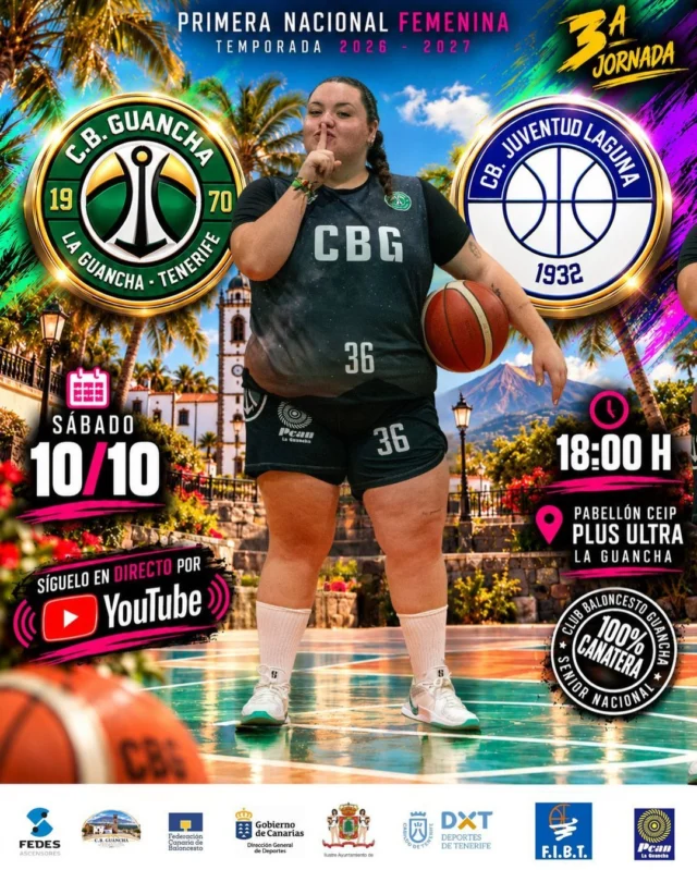🏀💚 𝗝𝗢𝗥𝗡𝗔𝗗𝗔 𝟯 | 𝗘𝗟 𝗣𝗟𝗨𝗦 𝗨𝗟𝗧𝗥𝗔 𝗩𝗨𝗘𝗟𝗩𝗘 𝗔 𝗟𝗔𝗧𝗜𝗥 𝗘𝗡 𝗩𝗘𝗥𝗗𝗘 💚🤍

🔥 𝗦𝗘𝗚𝗨𝗡𝗗𝗢 𝗣𝗔𝗥𝗧𝗜𝗗𝗢 𝗘𝗡 𝗖𝗔𝗦𝗔. 𝗨𝗡𝗔 𝗡𝗨𝗘𝗩𝗔 𝗕𝗔𝗧𝗔𝗟𝗟𝗔.

Nuestro 𝗦𝗘𝗡𝗜𝗢𝗥 𝗙𝗘𝗠𝗘𝗡𝗜𝗡𝗢 𝗗𝗘 𝟭ª 𝗡𝗔𝗖𝗜𝗢𝗡𝗔𝗟 vuelve este sábado a la cancha del Plus Ultra para disputar la tercera jornada de la temporada 2026/2027 frente al 𝗖.𝗕. 𝗝𝗨𝗩𝗘𝗡𝗧𝗨𝗗 𝗟𝗔𝗚𝗨𝗡𝗔.

Después del intenso encuentro del pasado fin de semana ante el Gran Canaria, nuestras chicas regresan con más ganas que nunca de seguir compitiendo, creciendo y luchando por conseguir la primera victoria de la temporada. 💪🏼🔥

📅 𝗦Á𝗕𝗔𝗗𝗢 𝟭𝟬 𝗗𝗘 𝗢𝗖𝗧𝗨𝗕𝗥𝗘
🏆 𝟭ª 𝗡𝗔𝗖𝗜𝗢𝗡𝗔𝗟 𝗙𝗘𝗠𝗘𝗡𝗜𝗡𝗔 | 𝗝𝗢𝗥𝗡𝗔𝗗𝗔 𝟯
🏀 𝗖.𝗕. 𝗚𝗨𝗔𝗡𝗖𝗛𝗔 🆚 𝗝𝗨𝗩𝗘𝗡𝗧𝗨𝗗 𝗟𝗔𝗚𝗨𝗡𝗔
🕕 𝟭𝟴:𝟬𝟬 𝗛𝗢𝗥𝗔𝗦
📍 𝗣𝗔𝗕𝗘𝗟𝗟Ó𝗡 𝗖𝗘𝗜𝗣 𝗣𝗟𝗨𝗦 𝗨𝗟𝗧𝗥𝗔 | 𝗟𝗔 𝗚𝗨𝗔𝗡𝗖𝗛𝗔

📺 𝗘𝗡 𝗗𝗜𝗥𝗘𝗖𝗧𝗢 𝗣𝗢𝗥 𝗡𝗨𝗘𝗦𝗧𝗥𝗢 𝗖𝗔𝗡𝗔𝗟 𝗗𝗘 𝗬𝗢𝗨𝗧𝗨𝗕𝗘, para quienes no puedan acompañarnos desde las gradas.

💚 𝗔𝗙𝗜𝗖𝗜Ó𝗡, 𝗟𝗘𝗦 𝗡𝗘𝗖𝗘𝗦𝗜𝗧𝗔𝗠𝗢𝗦.

Queremos volver a sentir el apoyo de nuestro pueblo, escuchar sus ánimos y convertir el Plus Ultra en ese lugar donde nuestras jugadoras sienten que nunca están solas.

𝗤𝗨𝗘 𝗦𝗘 𝗡𝗢𝗧𝗘 𝗤𝗨𝗘 𝗝𝗨𝗚𝗔𝗠𝗢𝗦 𝗘𝗡 𝗖𝗔𝗦𝗔. 🏀🔥

🤝 𝗚𝗥𝗔𝗖𝗜𝗔𝗦 𝗔 𝗤𝗨𝗜𝗘𝗡𝗘𝗦 𝗛𝗔𝗖𝗘𝗡 𝗣𝗢𝗦𝗜𝗕𝗟𝗘 𝗘𝗦𝗧𝗘 𝗣𝗥𝗢𝗬𝗘𝗖𝗧𝗢:

⬆️ 𝗙𝗘𝗗𝗘𝗦 𝗔𝗦𝗖𝗘𝗡𝗦𝗢𝗥𝗘𝗦 | Especialistas en rehabilitación y modernización de ascensores, con soluciones para mejorar la seguridad, eficiencia y accesibilidad de edificios e instalaciones. ¡Siempre elevando nuestro futuro!

⛽ 𝗣𝗖𝗔𝗡 𝗟𝗔 𝗚𝗨𝗔𝗡𝗖𝗛𝗔 | Combustibles, tienda, autolavado y servicios para el cuidado de tu vehículo. ¡La energía que nos acompaña dentro y fuera de la cancha!

🏛️ 𝗜𝗟𝗨𝗦𝗧𝗥𝗘 𝗔𝗬𝗨𝗡𝗧𝗔𝗠𝗜𝗘𝗡𝗧𝗢 𝗗𝗘 𝗟𝗔 𝗚𝗨𝗔𝗡𝗖𝗛𝗔 | Gracias por seguir impulsando el deporte.

🔥 𝗡𝗢 𝗜𝗠𝗣𝗢𝗥𝗧𝗔 𝗖Ó𝗠𝗢 𝗘𝗠𝗣𝗜𝗘𝗭𝗔 𝗨𝗡𝗔 𝗧𝗘𝗠𝗣𝗢𝗥𝗔𝗗𝗔. 𝗜𝗠𝗣𝗢𝗥𝗧𝗔 𝗖Ó𝗠𝗢 𝗟𝗨𝗖𝗛𝗔𝗠𝗢𝗦 𝗣𝗢𝗥 𝗘𝗦𝗖𝗥𝗜𝗕𝗜𝗥 𝗦𝗨 𝗛𝗜𝗦𝗧𝗢𝗥𝗜𝗔.

💚🤍 𝗨𝗡 𝗘𝗤𝗨𝗜𝗣𝗢. 𝗨𝗡 𝗣𝗨𝗘𝗕𝗟𝗢. 𝗨𝗡𝗔 𝗙𝗔𝗠𝗜𝗟𝗜𝗔.

¡𝟭, 𝟮, 𝟯… 𝗚𝗨𝗔𝗡𝗖𝗛𝗔! 💚🏀

#SomosFamiliaCBG #Desde1970