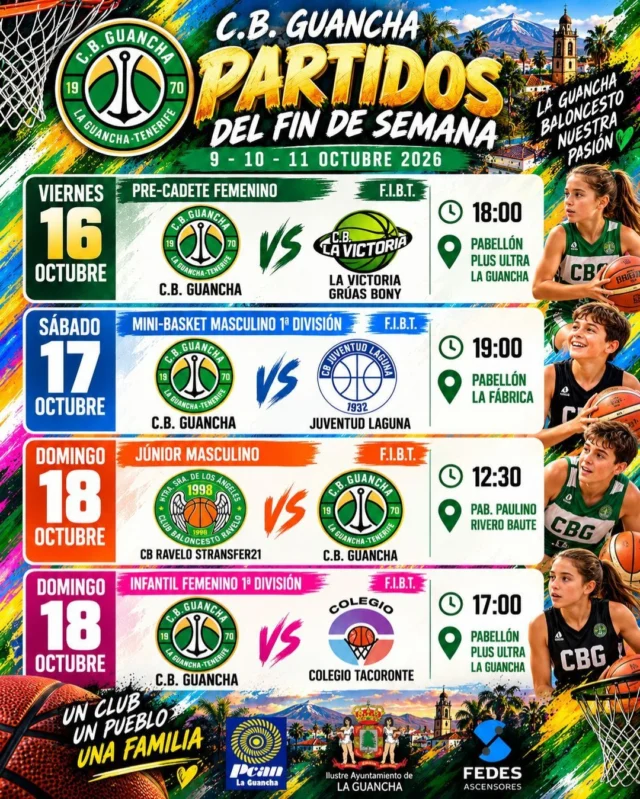🏀🔥 𝗖𝗨𝗔𝗧𝗥𝗢 𝗣𝗔𝗥𝗧𝗜𝗗𝗢𝗦, 𝗖𝗨𝗔𝗧𝗥𝗢 𝗘𝗤𝗨𝗜𝗣𝗢𝗦… ¡𝗨𝗡𝗔 𝗦𝗢𝗟𝗔 𝗙𝗔𝗠𝗜𝗟𝗜𝗔! 💚🤍

¡Ya estamos a jueves y empieza la cuenta atrás para otro fin de semana cargado de baloncesto! 💪🏀
💚 𝗖𝗔𝗗𝗔 𝗣𝗔𝗥𝗧𝗜𝗗𝗢 𝗘𝗦 𝗨𝗡𝗔 𝗡𝗨𝗘𝗩𝗔 𝗢𝗣𝗢𝗥𝗧𝗨𝗡𝗜𝗗𝗔𝗗 𝗣𝗔𝗥𝗔 𝗔𝗣𝗥𝗘𝗡𝗗𝗘𝗥, 𝗖𝗥𝗘𝗖𝗘𝗥 𝗬 𝗗𝗜𝗦𝗙𝗥𝗨𝗧𝗔𝗥.

📅 𝗩𝗜𝗘𝗥𝗡𝗘𝗦 𝟭𝟲 𝗗𝗘 𝗢𝗖𝗧𝗨𝗕𝗥𝗘

🏀 𝗣𝗥𝗘𝗖𝗔𝗗𝗘𝗧𝗘 𝗙𝗘𝗠𝗘𝗡𝗜𝗡𝗢
🆚 C.B. Guancha – La Victoria Grúas Bony
🕕 18:00 horas
📍 Pabellón Plus Ultra · La Guancha

📅 𝗦𝗔́𝗕𝗔𝗗𝗢 𝟭𝟳 𝗗𝗘 𝗢𝗖𝗧𝗨𝗕𝗥𝗘

🏀 𝗠𝗜𝗡𝗜𝗕𝗔𝗦𝗞𝗘𝗧 𝗠𝗔𝗦𝗖𝗨𝗟𝗜𝗡𝗢 · 𝟭.ª 𝗗𝗜𝗩𝗜𝗦𝗜𝗢́𝗡
🆚 C.B. Guancha – Juventud Laguna
🕖 19:00 horas
📍 Pabellón La Fábrica · La Guancha

📅 𝗗𝗢𝗠𝗜𝗡𝗚𝗢 𝟭𝟴 𝗗𝗘 𝗢𝗖𝗧𝗨𝗕𝗥𝗘

🏀 𝗝𝗨́𝗡𝗜𝗢𝗥 𝗠𝗔𝗦𝗖𝗨𝗟𝗜𝗡𝗢
🆚 C.B. Ravelo Stransfer21 – C.B. Guancha
🕧 12:30 horas
📍 Pabellón Paulino Rivero Baute

🏀 𝗜𝗡𝗙𝗔𝗡𝗧𝗜𝗟 𝗙𝗘𝗠𝗘𝗡𝗜𝗡𝗢 · 𝟭.ª 𝗗𝗜𝗩𝗜𝗦𝗜𝗢́𝗡
🆚 C.B. Guancha – Colegio Tacoronte
🕔 17:00 horas
📍 Pabellón Plus Ultra · La Guancha

💚🤍 𝗘𝗟 𝗕𝗔𝗟𝗢𝗡𝗖𝗘𝗦𝗧𝗢 𝗗𝗘 𝗕𝗔𝗦𝗘 𝗘𝗦 𝗠𝗨𝗖𝗛𝗢 𝗠𝗔́𝗦 𝗤𝗨𝗘 𝗨𝗡 𝗠𝗔𝗥𝗖𝗔𝗗𝗢𝗥.

👏 Mucha suerte a todos nuestros equipos. Disfruten, compitan

📣 𝗬 𝗔 𝗡𝗨𝗘𝗦𝗧𝗥𝗔 𝗔𝗙𝗜𝗖𝗜𝗢́𝗡… ¡𝗟𝗔 𝗤𝗨𝗘𝗥𝗘𝗠𝗢𝗦 𝗘𝗡 𝗟𝗔𝗦 𝗚𝗥𝗔𝗗𝗔𝗦!

Tres oportunidades para animar a nuestros equipos en La Guancha. ¡Que se note el apoyo de nuestra gente! 🙌

🤝 𝗡𝗨𝗘𝗦𝗧𝗥𝗢𝗦 𝗣𝗔𝗧𝗥𝗢𝗖𝗜𝗡𝗔𝗗𝗢𝗥𝗘𝗦, 𝗣𝗔𝗥𝗧𝗘 𝗗𝗘 𝗘𝗦𝗧𝗔 𝗙𝗔𝗠𝗜𝗟𝗜𝗔

🛗 𝗙𝗘𝗗𝗘𝗦 𝗔𝗦𝗖𝗘𝗡𝗦𝗢𝗥𝗘𝗦 | Soluciones de accesibilidad para viviendas y edificios, con elevadores unifamiliares y plataformas salvaescaleras que ayudan a eliminar barreras arquitectónicas.
🌐 www.fedesascensores.com

⛽ 𝗣𝗖𝗔𝗡 𝗟𝗔 𝗚𝗨𝗔𝗡𝗖𝗛𝗔 | Mucho más que repostar: combustible, tienda y servicios para el cuidado de tu vehículo. ¡La parada perfecta antes de salir a animar a nuestros equipos!

🏛️ 𝗜𝗟𝗨𝗦𝗧𝗥𝗘 𝗔𝗬𝗨𝗡𝗧𝗔𝗠𝗜𝗘𝗡𝗧𝗢 𝗗𝗘 𝗟𝗔 𝗚𝗨𝗔𝗡𝗖𝗛𝗔 | Gracias por su colaboración y compromiso con el deporte de base de nuestro municipio.

💚 𝗨𝗡 𝗖𝗟𝗨𝗕. 𝗨𝗡 𝗣𝗨𝗘𝗕𝗟𝗢. 𝗨𝗡𝗔 𝗙𝗔𝗠𝗜𝗟𝗜𝗔.

🏀 ¡𝟭, 𝟮, 𝟯… 𝗚𝗨𝗔𝗡𝗖𝗛𝗔! 💚🤍

#SomosFamiliaCBG #Desde1970