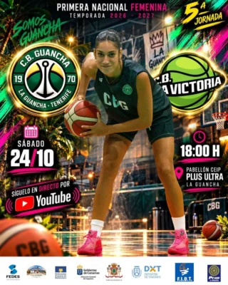 🏀💚🤍 𝗩𝗢𝗟𝗩𝗘𝗠𝗢𝗦 𝗔 𝗖𝗔𝗦𝗔… ¡𝗬 𝗤𝗨𝗘𝗥𝗘𝗠𝗢𝗦 𝗩𝗜𝗩𝗜𝗥𝗟𝗢 𝗖𝗢𝗡 𝗡𝗨𝗘𝗦𝗧𝗥𝗔 𝗚𝗘𝗡𝗧𝗘! 🔥

¡Se acerca una nueva tarde de baloncesto en La Guancha! Nuestro 𝗦𝗘́𝗡𝗜𝗢𝗥 𝗙𝗘𝗠𝗘𝗡𝗜𝗡𝗢 𝗗𝗘 𝟭.ª 𝗡𝗔𝗖𝗜𝗢𝗡𝗔𝗟 regresa al Pabellón Plus Ultra para disputar la quinta jornada de la temporada 2026/2027.

Después de conseguir nuestra primera victoria de la temporada en la cancha del Colegio Tacoronte, las chicas vuelven a jugar ante su afición. 💚

🏀 𝗣𝗥𝗜𝗠𝗘𝗥𝗔 𝗡𝗔𝗖𝗜𝗢𝗡𝗔𝗟 𝗙𝗘𝗠𝗘𝗡𝗜𝗡𝗔
🏆 𝗝𝗢𝗥𝗡𝗔𝗗𝗔 𝟱

💚 𝗖.𝗕. 𝗚𝗨𝗔𝗡𝗖𝗛𝗔
🆚
🟢 𝗖.𝗕. 𝗟𝗔 𝗩𝗜𝗖𝗧𝗢𝗥𝗜𝗔

📅 𝗦𝗔́𝗕𝗔𝗗𝗢 𝟮𝟰 𝗗𝗘 𝗢𝗖𝗧𝗨𝗕𝗥𝗘
🕕 𝟭𝟴:𝟬𝟬 𝗛𝗢𝗥𝗔𝗦
📍 𝗣𝗔𝗕𝗘𝗟𝗟𝗢́𝗡 𝗖𝗘𝗜𝗣 𝗣𝗟𝗨𝗦 𝗨𝗟𝗧𝗥𝗔 · 𝗟𝗔 𝗚𝗨𝗔𝗡𝗖𝗛𝗔

💪 𝗨𝗡 𝗡𝗨𝗘𝗩𝗢 𝗥𝗘𝗧𝗢, 𝗨𝗡𝗔 𝗡𝗨𝗘𝗩𝗔 𝗢𝗣𝗢𝗥𝗧𝗨𝗡𝗜𝗗𝗔𝗗

Nos espera un encuentro frente a un rival cercano, de esos que siempre despiertan interés entre las aficiones de ambos municipios.

 Sabemos que cada partido exige concentración, compromiso y esfuerzo colectivo, y queremos afrontar este nuevo compromiso con la misma ilusión que nos acompaña desde el primer día.

👏 𝗘𝗟 𝗔𝗣𝗢𝗬𝗢 𝗗𝗘 𝗟𝗔 𝗚𝗥𝗔𝗗𝗔 𝗧𝗔𝗠𝗕𝗜𝗘́𝗡 𝗝𝗨𝗘𝗚𝗔

Invitamos a nuestras familias, jugadores, entrenadores, aficionados y vecinos a disfrutar de una nueva tarde de baloncesto femenino. ¡Nos encantará ver el Plus Ultra animando a las chicas!

📺 𝗦𝗜́𝗚𝗨𝗘𝗟𝗢 𝗘𝗡 𝗗𝗜𝗥𝗘𝗖𝗧𝗢 𝗣𝗢𝗥 𝗬𝗢𝗨𝗧𝗨𝗕𝗘 para quienes no puedan acompañarnos desde la grada.

🤝 𝗚𝗥𝗔𝗖𝗜𝗔𝗦 𝗔 𝗡𝗨𝗘𝗦𝗧𝗥𝗢𝗦 𝗣𝗔𝗧𝗥𝗢𝗖𝗜𝗡𝗔𝗗𝗢𝗥𝗘𝗦

🛗 𝗙𝗘𝗗𝗘𝗦 𝗔𝗦𝗖𝗘𝗡𝗦𝗢𝗥𝗘𝗦 | Instalación de ascensores y soluciones de accesibilidad adaptadas a las características de cada edificio. Tecnología y comodidad para mejorar el día a día.
🌐 www.fedesascensores.com

⛽ 𝗣𝗖𝗔𝗡 𝗟𝗔 𝗚𝗨𝗔𝗡𝗖𝗛𝗔 | Tu estación de servicio de confianza para repostar antes de cada desplazamiento, con tienda y atención cercana para hacer más cómodos tus viajes.

🏛️ 𝗜𝗟𝗨𝗦𝗧𝗥𝗘 𝗔𝗬𝗨𝗡𝗧𝗔𝗠𝗜𝗘𝗡𝗧𝗢 𝗗𝗘 𝗟𝗔 𝗚𝗨𝗔𝗡𝗖𝗛𝗔 | Gracias por su colaboración y apoyo al deporte femenino de nuestro municipio.

🏀 ¡𝟭, 𝟮, 𝟯… 𝗚𝗨𝗔𝗡𝗖𝗛𝗔! 💚

#SomosFamiliaCBG #Desde1970