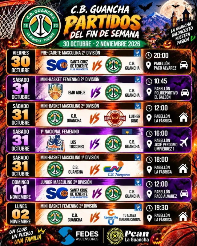 🎃🏀💚 𝗛𝗔𝗟𝗟𝗢𝗪𝗘𝗘𝗡 𝗦𝗘 𝗩𝗜𝗦𝗧𝗘 𝗗𝗘 𝗩𝗘𝗥𝗗𝗘… ¡𝗦𝗜𝗘𝗧𝗘 𝗣𝗔𝗥𝗧𝗜𝗗𝗢𝗦 𝗣𝗔𝗥𝗔 𝗨𝗡 𝗙𝗜𝗡 𝗗𝗘 𝗦𝗘𝗠𝗔𝗡𝗔 𝗗𝗘 𝗠𝗜𝗘𝗗𝗢! 👻🔥

Del 30 de octubre al 2 de noviembre, nuestros equipos afrontarán siete encuentros entre Tenerife y Fuerteventura. ¡Cuatro días de baloncesto, ilusión y muchas ganas de defender nuestros colores! 💚🤍

🎃 𝗩𝗜𝗘𝗥𝗡𝗘𝗦 𝟯𝟬 𝗗𝗘 𝗢𝗖𝗧𝗨𝗕𝗥𝗘

🏀 Precadete Masculino · 2.ª División
🆚 C.B. Santa Cruz – C.B. Guancha
🕗 20:00 h | 📍 Pabellón Paco Álvarez 🚗

👻 𝗦𝗔́𝗕𝗔𝗗𝗢 𝟯𝟭 𝗗𝗘 𝗢𝗖𝗧𝗨𝗕𝗥𝗘

🏀 Minibasket Femenino · 2.ª División
🆚 EMB Adeje – C.B. Guancha
🕥 10:45 h | 📍 Polideportivo El Galeón 🚗

🏀 Minibasket Masculino · 2.ª División
🆚 C.B. Guancha – Luther King
🕛 12:00 h | 📍 Pabellón La Fábrica 🏠

🏀 Primera Nacional Femenina
🆚 Garden Hoteles Toscones – C.B. Guancha
🕓 16:00 h | 📍 José Perdomo Umpiérrez 1 ✈️

🏀 Minibasket Masculino · 1.ª División
🆚 C.B. Guancha – Nuryana
🕕 18:00 h | 📍 Pabellón La Fábrica 🏠

🦇 𝗗𝗢𝗠𝗜𝗡𝗚𝗢 𝟭 𝗗𝗘 𝗡𝗢𝗩𝗜𝗘𝗠𝗕𝗥𝗘

🏀 Júnior Masculino · 2.ª División
🆚 Basket Santa Cruz – C.B. Guancha
🕛 12:00 h | 📍 Pabellón Paco Álvarez 🚗

🎃 𝗟𝗨𝗡𝗘𝗦 𝟮 𝗗𝗘 𝗡𝗢𝗩𝗜𝗘𝗠𝗕𝗥𝗘

🏀 Minibasket Femenino · 2.ª División
🆚 C.B. Guancha – Tu Alteza Tenerife Central
🕢 19:30 h | 📍 Pabellón La Fábrica 🏠

💚 𝗧𝗥𝗘𝗦 𝗣𝗔𝗥𝗧𝗜𝗗𝗢𝗦 𝗘𝗡 𝗖𝗔𝗦𝗔, 𝗧𝗥𝗘𝗦 𝗗𝗘𝗦𝗣𝗟𝗔𝗭𝗔𝗠𝗜𝗘𝗡𝗧𝗢𝗦 𝗣𝗢𝗥 𝗧𝗘𝗡𝗘𝗥𝗜𝗙𝗘 𝗬 𝗨𝗡𝗔 𝗖𝗜𝗧𝗔 𝗘𝗡 𝗙𝗨𝗘𝗥𝗧𝗘𝗩𝗘𝗡𝗧𝗨𝗥𝗔.

✈️ Nuestras chicas de Primera Nacional buscarán su tercera victoria consecutiva en tierras majoreras.

👏 Mucha suerte a todos nuestros equipos. Gracias a las familias

🤝 𝗡𝗨𝗘𝗦𝗧𝗥𝗢𝗦 𝗣𝗔𝗧𝗥𝗢𝗖𝗜𝗡𝗔𝗗𝗢𝗥𝗘𝗦

🛗 𝗙𝗘𝗗𝗘𝗦 𝗔𝗦𝗖𝗘𝗡𝗦𝗢𝗥𝗘𝗦 | Mantenimiento, modernización y soluciones de accesibilidad para seguir elevando la seguridad y comodidad. www.fedesascensores.com

⛽ 𝗣𝗖𝗔𝗡 𝗟𝗔 𝗚𝗨𝗔𝗡𝗖𝗛𝗔 | Combustible, tienda y servicios para el automóvil. ¡Acompañando cada desplazamiento de nuestra familia deportiva!

🏛️ Gracias al 𝗜𝗟𝗨𝗦𝗧𝗥𝗘 𝗔𝗬𝗨𝗡𝗧𝗔𝗠𝗜𝗘𝗡𝗧𝗢 𝗗𝗘 𝗟𝗔 𝗚𝗨𝗔𝗡𝗖𝗛𝗔 por apoyar nuestro deporte.

🏀 ¡𝟭, 𝟮, 𝟯… 𝗚𝗨𝗔𝗡𝗖𝗛𝗔!

#SomosFamiliaCBG #Desde1970